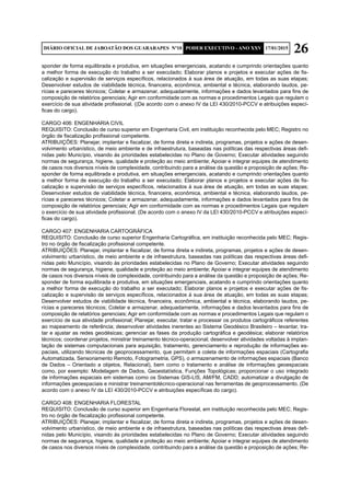 26DIÁRIO OFICIAL DE JABOATÃO DOS GUARARAPES Nº10 PODER EXECUTIVO - ANO XXV 17/01/2015
sponder de forma equilibrada e produtiva, em situações emergenciais, acatando e cumprindo orientações quanto
a melhor forma de execução do trabalho a ser executado; Elaborar planos e projetos e executar ações de fis-
calização e supervisão de serviços específicos, relacionados à sua área de atuação, em todas as suas etapas;
Desenvolver estudos de viabilidade técnica, financeira, econômica, ambiental e técnica, elaborando laudos, pe-
rícias e pareceres técnicos; Coletar e armazenar, adequadamente, informações e dados levantados para fins de
composição de relatórios gerenciais; Agir em conformidade com as normas e procedimentos Legais que regulam o
exercício de sua atividade profissional. ((De acordo com o anexo IV da LEI 430/2010-PCCV e atribuições especí-
ficas do cargo).
CARGO 406: ENGENHARIA CIVIL
REQUISITO: Conclusão de curso superior em Engenharia Civil, em instituição reconhecida pelo MEC; Registro no
órgão de fiscalização profissional competente.
ATRIBUIÇÕES: Planejar, implantar e fiscalizar, de forma direta e indireta, programas, projetos e ações de desen-
volvimento urbanístico, de meio ambiente e de infraestrutura, baseadas nas políticas das respectivas áreas defi-
nidas pelo Município, visando às prioridades estabelecidas no Plano de Governo; Executar atividades seguindo
normas de segurança, higiene, qualidade e proteção ao meio ambiente; Apoiar e integrar equipes de atendimento
de casos nos diversos níveis de complexidade, contribuindo para a análise da questão e proposição de ações; Re-
sponder de forma equilibrada e produtiva, em situações emergenciais, acatando e cumprindo orientações quanto
a melhor forma de execução do trabalho a ser executado; Elaborar planos e projetos e executar ações de fis-
calização e supervisão de serviços específicos, relacionados à sua área de atuação, em todas as suas etapas;
Desenvolver estudos de viabilidade técnica, financeira, econômica, ambiental e técnica, elaborando laudos, pe-
rícias e pareceres técnicos; Coletar e armazenar, adequadamente, informações e dados levantados para fins de
composição de relatórios gerenciais; Agir em conformidade com as normas e procedimentos Legais que regulam
o exercício de sua atividade profissional. (De acordo com o anexo IV da LEI 430/2010-PCCV e atribuições especí-
ficas do cargo).
CARGO 407: ENGENHARIA CARTOGRÁFICA
REQUISITO: Conclusão de curso superior Engenharia Cartográfica, em instituição reconhecida pelo MEC; Regis-
tro no órgão de fiscalização profissional competente.
ATRIBUIÇÕES: Planejar, implantar e fiscalizar, de forma direta e indireta, programas, projetos e ações de desen-
volvimento urbanístico, de meio ambiente e de infraestrutura, baseadas nas políticas das respectivas áreas defi-
nidas pelo Município, visando às prioridades estabelecidas no Plano de Governo; Executar atividades seguindo
normas de segurança, higiene, qualidade e proteção ao meio ambiente; Apoiar e integrar equipes de atendimento
de casos nos diversos níveis de complexidade, contribuindo para a análise da questão e proposição de ações; Re-
sponder de forma equilibrada e produtiva, em situações emergenciais, acatando e cumprindo orientações quanto
a melhor forma de execução do trabalho a ser executado; Elaborar planos e projetos e executar ações de fis-
calização e supervisão de serviços específicos, relacionados à sua área de atuação, em todas as suas etapas;
Desenvolver estudos de viabilidade técnica, financeira, econômica, ambiental e técnica, elaborando laudos, pe-
rícias e pareceres técnicos; Coletar e armazenar, adequadamente, informações e dados levantados para fins de
composição de relatórios gerenciais; Agir em conformidade com as normas e procedimentos Legais que regulam o
exercício de sua atividade profissional; Planejar, executar, tratar e processar os produtos cartográficos referentes
ao mapeamento de referência; desenvolver atividades inerentes ao Sistema Geodésico Brasileiro – levantar, tra-
tar e ajustar as redes geodésicas; gerenciar as fases da produção cartográfica e geodésica; elaborar relatórios
técnicos; coordenar projetos, ministrar treinamento técnico-operacional; desenvolver atividades voltadas à implan-
tação de sistemas computacionais para aquisição, tratamento, gerenciamento e reprodução de informações es-
paciais, utilizando técnicas de geoprocessamento, que permitam a coleta de informações espaciais (Cartografia
Automatizada, Sensoriamento Remoto, Fotogrametria, GPS), o armazenamento de informações espaciais (Banco
de Dados – Orientado a objetos, Relacional), bem como o tratamento e análise de informações geoespaciais
como, por exemplo: Modelagem de Dados, Geoestatística, Funções Topológicas; proporcionar o uso integrado
de informações espaciais em sistemas como os Sistemas GIS-LIS, AM/FM, CADD; automatizar a divulgação de
informações geoespaciais e ministrar treinamentotécnico-operacional nas ferramentas de geoprocessamento. (De
acordo com o anexo IV da LEI 430/2010-PCCV e atribuições específicas do cargo).
CARGO 408: ENGENHARIA FLORESTAL
REQUISITO: Conclusão de curso superior em Engenharia Florestal, em instituição reconhecida pelo MEC; Regis-
tro no órgão de fiscalização profissional competente.
ATRIBUIÇÕES: Planejar, implantar e fiscalizar, de forma direta e indireta, programas, projetos e ações de desen-
volvimento urbanístico, de meio ambiente e de infraestrutura, baseadas nas políticas das respectivas áreas defi-
nidas pelo Município, visando às prioridades estabelecidas no Plano de Governo; Executar atividades seguindo
normas de segurança, higiene, qualidade e proteção ao meio ambiente; Apoiar e integrar equipes de atendimento
de casos nos diversos níveis de complexidade, contribuindo para a análise da questão e proposição de ações; Re-
 