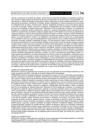 34DIÁRIO OFICIAL DE JABOATÃO DOS GUARARAPES Nº10 PODER EXECUTIVO - ANO XXV 17/01/2015
Garantir a segurança do ambiente de trabalho, desenvolvendo e aplicando estratégias de qualidade e gestão de
risco. Apoiar e integrar equipes de atendimento de casos ambulatoriais nos diversos níveis de complexidade, con-
tribuindo para a análise da questão e proposição de ações reparadoras da saúde. Realizar atendimento e acom-
panhamento de pacientes, procedendo a consultas, exames, diagnósticos ou outros procedimentos de promoção
do restabelecimento da saúde, emitindo laudos, testados, atualizando prontuários e outros documentos relativos
à sua área de atuação. Coletar, armazenar e assegurar a fidedignidade das informações e dados levantados
para fins de composição de relatórios gerenciais. Responder de forma equilibrada e produtiva, em situações de
emergência ou catástrofe, agindo proativamente, acatando e cumprindo orientações quanto a processos de at-
endimento, procedimentos e cuidados à saúde do cidadão. Agir em conformidade com as normas e procedimentos
Legais que regulam o exercício de sua atividade profissional; Planejar, coordenar, executar e avaliar atividades de
assistência em saúde, intervindo com técnicas específicas individuais e/ou grupais, dentro de uma equipe interdis-
ciplinar, nos níveis preventivos, curativos, de reabilitação e de reinserção social, de acordo com as necessidades
de sua clientela e conforme o grau de complexidade do equipamento em que se inserem; Desenvolver ações de
prevenção, promoção, proteção e reabilitação da saúde, no nível individual e coletivo; Emitir parecer e laudos so-
bre assuntos relacionados à sua área de atuação; Realizar visita domiciliar; Gerenciar, planejar, pesquisar, analisar
e realizar ações na área social numa perspectiva de trabalho inter/transdisciplinar e de ação comunitária; Realizar
registros nos prontuários; Coordenar, planejar, executar e avaliar as atividades de assistência em saúde ligadas a
problemáticas específicas, físicas, motoras, sensoriais, psicológicas, mentais e sociais; Desenvolver ações educa-
tivas no tempo específico; Elaborar planos, programas, projetos e atividades de trabalho referentes a Terapêutica
adotada, acompanhando a operacionalização; Participar de reuniões técnicas; Atuar em equipe multidisciplinar;
executar atividades integrantes de programas e serviços com foco na promoção da saúde pública; Apoiar e in-
tegrar equipes de atendimento de casos ambulatoriais nos diversos níveis de complexidade, contribuindo para a
análise da questão e proposição de ações reparadoras da saúde. Realizar atendimento e acompanhamento de
pacientes, procedendo a consultas, exames, diagnósticos ou outros procedimentos de promoção do restabeleci-
mento da saúde; Coletar, armazenar e assegurar a fidedignidade das informações e dados levantados para fins de
composição de relatórios gerenciais; Notificar as doenças e agravos de notificação compulsória; Realizar ações de
Educação em Saúde a grupos específicos e de famílias em situação de risco; Executar tarefas pertinentes à área
de atuação, utilizando-se de equipamentos e programas de informática; Executar outras tarefas compatíveis com
as exigências para o exercício do cargo. (De acordo com o anexo IV da LEI 430/2010-PCCV)
CARGO 418: FONOAUDIÓLOGO
REQUISITO: Diploma ou Declaração de conclusão do Curso de graduação de Fonoaudiologia registrado na insti-
tuição reconhecida pelo MEC e Inscrição no Conselho Regional de Fonoaudiologia.
ATRIBUIÇÕES: Executar atividades integrantes de programas e serviços com foco na promoção da saúde pública.
Garantir a segurança do ambiente de trabalho, desenvolvendo e aplicando estratégias de qualidade e gestão de
risco. Apoiar e integrar equipes de atendimento de casos ambulatoriais nos diversos níveis de complexidade, con-
tribuindo para a análise da questão e proposição de ações reparadoras da saúde. Realizar atendimento e acom-
panhamento de pacientes, procedendo a consultas, exames, diagnósticos ou outros procedimentos de promoção
do restabelecimento da saúde, emitindo laudos, testados, atualizando prontuários e outros documentos relativos
à sua área de atuação. Coletar, armazenar e assegurar a fidedignidade das informações e dados levantados
para fins de composição de relatórios gerenciais. Responder de forma equilibrada e produtiva, em situações de
emergência ou catástrofe, agindo proativamente, acatando e cumprindo orientações quanto a processos de atendi-
mento, procedimentos e cuidados à saúde do cidadão. Agir em conformidade com as normas e procedimentos Le-
gais que regulam o exercício de sua atividade profissional; Realizar acolhimento dos usuários, planejar, coordenar,
executar e avaliar atividades de atenção à saúde, intervindo com técnicas específicas individuais e/ou em grupo,
na prevenção, promoção, reabilitação e reinserção social; emitir parecer e laudos sobre assuntos relacionados
à sua área de atuação; realizar atividades que envolvam os familiares dos usuários; dar suporte técnico aos
programas de saúde; coordenar, planejar, executar e avaliar as atividades de atenção à saúde com relação aos
problemas físicos, motores, sensoriais, psicológicos, mentais e sociais; desenvolver ações de educação em saúde;
elaborar planos, programas, projetos e atividades de trabalho referentes a terapêutica adotada, acompanhando
a operacionalização; participar de reuniões técnicas; Notificar as doenças e agravos de notificação compulsória;
Realizar ações de Educação em Saúde a grupos específicos e de famílias em situação de risco; Atuar em equipe
multidisciplinar; Realizar visita domiciliar; Desenvolver ações de prevenção, promoção, proteção e reabilitação da
saúde; executar tarefas pertinentes à área de atuação, utilizando-se de equipamentos e programas de informática;
Executar outras tarefas compatíveis com as exigências para o exercício do cargo. (De acordo com o anexo IV da
LEI 430/2010-PCCV)
CARGO 419: ODONTÓLOGO
REQUISITO: Diploma ou Declaração de conclusão do Curso de graduação de odontologia registrado na instituição
reconhecida pelo MEC e Inscrição no Conselho Regional de odontologia.
ATRIBUIÇÕES: Executar atividades integrantes de programas e serviços com foco na promoção da saúde pública.
 