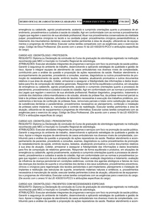 36DIÁRIO OFICIAL DE JABOATÃO DOS GUARARAPES Nº10 PODER EXECUTIVO - ANO XXV 17/01/2015
emergência ou catástrofe, agindo proativamente, acatando e cumprindo orientações quanto a processos de at-
endimento, procedimentos e cuidados à saúde do cidadão. Agir em conformidade com as normas e procedimentos
Legais que regulam o exercício de sua atividade profissional; Atuar nos procedimentos conservadores da vitalidade
pulpar; procedimentos cirúrgicos no tecido e na cavidade pulpar; procedimentos cirúrgicos paraendodônticos; e
tratamento dos traumatismos dentários; executar tarefas pertinentes à área de atuação, utilizando-se de equipa-
mentos e programas de informática; Executar outras tarefas compatíveis com as exigências para o exercício do
cargo, Código de Ética Profissional. (De acordo com o anexo IV da LEI 430/2010-PCCV e atribuições específicas
do cargo)
CARGO 422: ODONTÓLOGO / PROTESISTA
REQUISITO: Diploma ou Declaração de conclusão do Curso de graduação de odontologia registrado na instituição
reconhecida pelo MEC e Inscrição no Conselho Regional de odontologia.
ATRIBUIÇÕES: Executar atividades integrantes de programas e serviços com foco na promoção da saúde pública.
Garantir a segurança do ambiente de trabalho, desenvolvendo e aplicando estratégias de qualidade e gestão de
risco. Apoiar e integrar equipes de atendimento de casos ambulatoriais nos diversos níveis de complexidade,
contribuindo para a análise da questão e proposição de ações reparadoras da saúde. Realizar atendimento e
acompanhamento de pacientes, procedendo a consultas, exames, diagnósticos ou outros procedimentos de pro-
moção do restabelecimento da saúde, emitindo laudos, testados, atualizando prontuários e outros documentos
relativos à sua área de atuação. Coletar, armazenar e assegurar a fidedignidade das informações e dados levan-
tados para fins de composição de relatórios gerenciais. Responder de forma equilibrada e produtiva, em situações
de emergência ou catástrofe, agindo proativamente, acatando e cumprindo orientações quanto a processos de
atendimento, procedimentos e cuidados à saúde do cidadão. Agir em conformidade com as normas e procedimen-
tos Legais que regulam o exercício de sua atividade profissional; Realizar diagnóstico, prognóstico, tratamento e
controle dos distúrbios crânio-mandibulares e de oclusão, através da prótese fixa, da prótese removível parcial ou
total e da prótese sobre implantes, atividades de laboratório necessárias à execução dos trabalhos protéticos, pro-
cedimentos e técnicas de confecção de próteses fixas, removíveis parciais e totais como substituição das perdas
de substâncias dentárias e paradentárias; procedimentos necessários ao planejamento, confecção e instalação
de próteses sobre implantes; e, manutenção e controle da reabilitação. Executar tarefas pertinentes à área de
atuação, utilizando-se de equipamentos e programas de informática; Executar outras tarefas compatíveis com as
exigências para o exercício do cargo, Código de Ética Profissional. (De acordo com o anexo IV da LEI 430/2010-
PCCV e atribuições específicas do cargo)
CARGO 423: ODONTÓLOGO / PERIODONTISTA
REQUISITO: Diploma ou Declaração de conclusão do Curso de graduação de odontologia registrado na instituição
reconhecida pelo MEC e Inscrição no Conselho Regional de odontologia.
ATRIBUIÇÕES: Executar atividades integrantes de programas e serviços com foco na promoção da saúde pública.
Garantir a segurança do ambiente de trabalho, desenvolvendo e aplicando estratégias de qualidade e gestão de
risco. Apoiar e integrar equipes de atendimento de casos ambulatoriais nos diversos níveis de complexidade, con-
tribuindo para a análise da questão e proposição de ações reparadoras da saúde. Realizar atendimento e acom-
panhamento de pacientes, procedendo a consultas, exames, diagnósticos ou outros procedimentos de promoção
do restabelecimento da saúde, emitindo laudos, testados, atualizando prontuários e outros documentos relativos
à sua área de atuação. Coletar, armazenar e assegurar a fidedignidade das informações e dados levantados
para fins de composição de relatórios gerenciais. Responder de forma equilibrada e produtiva, em situações de
emergência ou catástrofe, agindo proativamente, acatando e cumprindo orientações quanto a processos de atendi-
mento, procedimentos e cuidados à saúde do cidadão. Agir em conformidade com as normas e procedimentos Le-
gais que regulam o exercício de sua atividade profissional; Realizar avaliação diagnóstica e tratamento; avaliação
da influência da doença periodontal em condições sistêmicas; controle dos agentes etiológicos e fatores de risco
das doenças dos tecidos de suporte e circundantes dos dentes e dos seus substitutos; procedimentos preventivos,
clínicos e cirúrgicos para regeneração dos tecidos periodontais e peri-implantares; planejamento e instalação de
implantes e restituição das estruturas de suporte, enxertando materiais naturais e sintéticos; e, procedimentos
necessários à manutenção de saúde; executar tarefas pertinentes à área de atuação, utilizando-se de equipamen-
tos e programas de informática; Executar outras tarefas compatíveis com as exigências para o exercício do cargo.
(De acordo com o anexo IV da LEI 430/2010-PCCV e atribuições específicas do cargo)
CARGO 424: ODONTÓLOGO / PACIENTES COM NECESSIDADES ESPECIAIS
REQUISITO: Diploma ou Declaração de conclusão do Curso de graduação de odontologia registrado na instituição
reconhecida pelo MEC e Inscrição no Conselho Regional de odontologia.
ATRIBUIÇÕES: Executar atividades integrantes de programas e serviços com foco na promoção da saúde pública.
Garantir a segurança do ambiente de trabalho, desenvolvendo e aplicando estratégias de qualidade e gestão de
risco. Apoiar e integrar equipes de atendimento de casos ambulatoriais nos diversos níveis de complexidade, con-
tribuindo para a análise da questão e proposição de ações reparadoras da saúde. Realizar atendimento e acom-
 