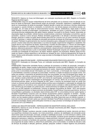 48DIÁRIO OFICIAL DE JABOATÃO DOS GUARARAPES Nº10 PODER EXECUTIVO - ANO XXV 17/01/2015
REQUISITO: Diploma do Curso de Enfermagem, em instituição reconhecida pelo MEC; Registro no Conselho
Regional de Enfermagem.
ATRIBUIÇÕES: Atuar em equipe multiprofissional de forma articulada com os diversos níveis de atenção do sis-
tema de saúde do Município, desenvolvendo ações de promoção, prevenção, tratamento e reabilitação, enten-
dendo as necessidades de saúde da população; Realizar atenção a saúde aos indivíduos e famílias cadastradas
nas equipes e, quando indicado ou necessário, no domicílio e/ou nos demais espaços comunitários escolas, as-
sociações, etc, em todas as fases do desenvolvimento humano: infância, adolescência, idade adulta e terceira
idade; Realizar consulta de enfermagem, procedimentos, atividades em grupo e conforme Protocolos ou outras
normativas técnicas estabelecidas pelo gestor federal, estadual, municipal ou do Distrito Federal, observadas as
disposições legais da profissão, solicitar exames complementares, prescrever medicações e encaminhar, quando
necessário, usuários a outros serviços; Realizar atividades programadas e de atenção à demanda espontânea;
Planejar, gerenciar e avaliar as ações desenvolvidas pelos ACS em conjunto com os outros membros da equipe;
Contribuir, participar, e realizar atividades de educação permanente da equipe de Enfermagem e outros membros
da equipe; Participar do gerenciamento dos insumos necessários para o adequado funcionamento da UBS; Emitir
parecer e laudos sobre assuntos relacionados a sua área de atuação; Supervisionar estagiários e residentes; Dar
suporte técnico aos Programas de Saúde; Supervisionar o Auxiliar de Enfermagem e o Técnico de Enfermagem;
Notificar os pacientes com suspeitas de doenças e notificação compulsória; Coordenar grupos operativos e tera-
pêuticos, elaborando pareceres e relatórios e acompanhando o desenvolvimento individual e grupal dos pacientes;
Participar de reuniões técnicas e junto à comunidade; Realizar fiscalização conjunta com outros órgãos e compor
comissão de investigação de denúncias e de óbitos; Realizar registros nos prontuários; Realizar ações de Edu-
cação em Saúde a grupos específicos e de famílias em situação de risco, conforme planejamento da Equipe de
Saúde; Dentre outras atribuições inerentes ao cargo previstas na Estratégia de Saúde da Família. (De acordo com
a LEI 949/2013)
CARGO 448: ANALISTA EM SAÚDE – ESPECIALIDADE EDUCADOR FÍSICO EXCLUSIVO ESF
REQUISITO: Graduação em Educação Física, em instituição reconhecida pelo MEC; Registro no Conselho de
Classe.
ATRIBUIÇÕES: Desenvolver atividades físicas e participar de processos no âmbito da prevenção, promoção e
reabilitação da saúde; Integrar equipe multiprofissional objetivando construir projeto terapêutico dos usuários do
SUS; Participar de processos de educação permanente em saúde;- desenvolver atividades físicas e práticas cor-
porais junto à comunidade;veicular informações que visam à prevenção, a minimização dos riscos e à proteção
à vulnerabilidade, buscando a produção do autocuidado; Incentivar a criação de espaços de inclusão social, com
ações que ampliem o sentimento de pertinência social nas comunidades, por meio da atividade física regular, do
esporte e lazer, das práticas corporais;proporcionar Educação Permanente em Atividade Física/Práticas Corpo-
rais, nutrição e saúde juntamente com as ESF, sob a forma de coparticipação, acompanhamento supervisionado,
discussão de caso e demais metodologias da aprendizagem em serviço, dentro de um processo de Educação
Permanente;articular ações, de forma integrada às ESF, sobre o conjunto de prioridades locais em saúde que
incluam os diversos setores da administração pública;contribuir para a ampliação e a valorização da utilização dos
espaços públicos de convivência como proposta de inclusão social e combate à violência;identificar profissionais
e/ou membros da comunidade com potencial para o desenvolvimento do trabalho em práticas corporais, em con-
junto com as ESF;capacitar os profissionais, inclusive os Agentes Comunitários de Saúde - ACS, para atuarem
como facilitadores/monitores no desenvolvimento de Atividades Físicas/Práticas Corporais;supervisionar, de forma
compartilhada e participativa, as atividades desenvolvidas pelas ESF na comunidade;promover ações ligadas à
Atividade Física/Práticas Corporais junto aos demais equipamentos públicos presentes no território - escolas,
creches etc;articular parcerias com outros setores da área adstrita, junto com as ESF e a população, visando ao
melhor uso dos espaços públicos existentes e a ampliação das áreas disponíveis para as práticas corporais; e-
promover eventos que estimulem ações que valorizem Atividade Física/Praticas Corporais e sua importância para
a saúde da população; Dentre outras atribuições inerentes ao cargo previstas na Estratégia de Saúde da Família.
(De acordo com a LEI 949/2013)
CARGO 449: ANALISTA EM SAÚDE – ESPECIALIDADE DE ASSISTENTE SOCIAL EXCLUSIVO
REQUISITO: Diploma do curso de Serviço Social, em instituição reconhecida pelo MEC. Registro no Conselho
regional de Serviço Social.
ATRIBUIÇÕES: Planejar, coordenar, executar e avaliar atividades de assistência em saúde, intervindo com técni-
cas específicas individuais e/ou grupais, nos níveis preventivos, curativos, de reabilitação e de reinserção social;
desenvolver ações de prevenção, promoção, proteção e reabilitação da saúde, no nível individual e coletivo; emitir
parecer e laudos sobre assuntos relacionados a sua área de atuação; coordenar grupos operativos e terapêuticos,
elaborando pareceres e relatórios, acompanhando o desenvolvimento individual e grupal dos pacientes; realizar
atividades que envolvam os familiares dos pacientes; supervisionar estagiários e residentes; dar suporte técnico
aos programas de saúde; instituir ou utilizar fóruns pertinentes, junto à comunidade, no sentido de articular a rede
de serviços de proteção e atenção; gerenciar, planejar, pesquisar, analisar e realizar registros nos prontuários;
 