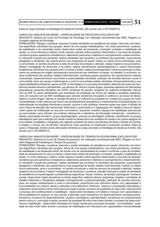 51DIÁRIO OFICIAL DE JABOATÃO DOS GUARARAPES Nº10 PODER EXECUTIVO - ANO XXV 17/01/2015
entes ao cargo previstas na Estratégia de Saúde da Família. (De acordo com a LEI 949/2013)
CARGO 453: ANALISTA EM SAÚDE – ESPECIALIDADE DE PSICÓLOGO EXCLUSIVO ESF
REQUISITO: Diploma de Curso de Formação de Psicologia, em instituição reconhecida pelo MEC; Registro no
Conselho regional de Psicologia.
ATRIBUIÇÕES: Planejar, coordenar, executar e avaliar atividades de assistência em saúde, intervindo com técni-
cas específicas individuais e/ou grupais, dentro de uma equipe interdisciplinar, nos níveis preventivos, curativos,
de reabilitação e de reinserção social; desenvolver ações de prevenção, promoção, proteção e reabilitação da
saúde, no nível individual e coletivo; emitir parecer e laudos sobre assuntos relacionados a sua área de atuação;
coordenar grupos operativos e terapêuticos, elaborando pareceres e relatórios e acompanhando o desenvolvimen-
to individual e grupal dos pacientes; realizar atividades que envolvam os familiares dos pacientes; supervisionar
estagiários e residentes; dar suporte técnico aos programas de saúde; instituir ou utilizar fóruns pertinentes, junto
a comunidade, no sentido de articular a rede de serviços de proteção a atenção; realizar registros nos prontuários;
realizar investigação de denúncias e de óbitos; realizar atendimentos psicoterapêuticos e outras intervenções
terapêuticas individuais e/ou grupais junto a criança e adulto; realizar psicodiagnóstico; atual na prevenção e trata-
mento de problemas de origem psicossocial e econômicas que interferem na saúde, no trabalho, e na família; re-
alizar acolhimento dos usuários; realizar visita domiciliar; coordenar grupos operativos; dar suporte técnico visando
a prevenção, desenvolvimento comunitário e potencialidade individuais; participar de reuniões técnicas e junto à
comunidade; atuar em equipe multidisciplinar e junto à comunidade;realizar atividades clínicas pertinentes a sua
responsabilidade profissional; apoiar as ESF na abordagem e no processo de trabalho referente aos casos de tran-
stornos mentais severos e persistentes, uso abusivo de álcool e outras drogas, pacientes egressos de internações
psiquiátricas, pacientes atendidos nos CAPS, tentativas de suicídio, situações de violência intrafamiliar; discutir
com as ESF os casos identificados que necessitam de ampliação da clínica em relação a questões subjetivas;
criar, em conjunto com as ESF, estratégias para abordar problemas vinculados à violência e ao abuso de álcool,
tabaco e outras drogas, visando à redução de danos e à melhoria da qualidade do cuidado dos grupos de maior
vulnerabilidade; evitar práticas que levem aos procedimentos psiquiátricos e medicamentos à psiquiatrização e à
medicalização de situações individuais e sociais, comuns à vida cotidiana; fomentar ações que visem à difusão de
uma cultura de atenção não-manicomial, diminuindo o preconceito e a segregação em relação à loucura; desen-
volver ações de mobilização de recursos comunitários, buscando constituir espaços de reabilitação psicossocial
na comunidade, como oficinas comunitárias, destacando a relevância da articulação intersetorial - conselhos tu-
telares, associações de bairro, grupos deautoajudaetc; priorizar as abordagens coletivas, identificando os grupos
estratégicos para que a atenção em saúde mental se desenvolva nas unidades de saúde e em outros espaços na
comunidade; possibilitar a integração dos agentes redutores de danos aos Núcleos de Apoio à Saúde da Família;
e ampliar o vínculo com as famílias, tomando-as como parceiras no tratamento e buscando constituir redes de
apoio e integração; Dentre outras atribuições inerentes ao cargo previstas na Estratégia de Saúde da Família. (De
acordo com a LEI 949/2013)
CARGO 454: ANALISTA EM SAÚDE – ESPECIALIDADE DE TERAPEUTA OCUPACIONAL EXCLUSIVO ESF
REQUISITO: Diploma do Curso de Terapia Ocupacional, em instituição reconhecida pelo MEC; Registro no Con-
selho Regional de Fisioterapia e Terapia Ocupacional.
ATRIBUIÇÕES: Planejar, coordenar, executar e avaliar atividades de assistência em saúde, intervindo com técni-
cas específicas individuais e/ou grupais, dentro de uma equipe interdisciplinar, nos níveis preventivos, curativos,
de reabilitação e de reinserção social, de acordo com as necessidades do usuário e conforme o grau de complexi-
dade do equipamento em que se inserem; desenvolver ações de prevenção, promoção, proteção e reabilitação da
saúde, no nível individual e coletivo; emitir parecer e laudos sobre assuntos relacionados a sua área de atuação;
coordenar grupos operativos e terapêuticos, elaborando pareceres e relatórios e acompanhando o desenvolvimen-
to individual e grupal dos pacientes; realizar atividades que envolvam os familiares dos pacientes; supervisionar
estagiários e residentes; dar suporte técnico aos programas de saúde; realizar visita domiciliar; instituir ou utilizar
fóruns pertinentes, junto à comunidade, no sentido de articular a rede de serviços de proteção e atenção; realizar
registros nos prontuários; realizar investigação de denúncias; coordenar, planejar, executar e avaliar as atividades
de assistência em saúde ligadas a problemáticas específicas, físicas, motores, sensoriais, psicológicas, mentais e
sociais; desenvolver ações educativas no tempo específico; elaborar planos, programas, projetos e atividades de
trabalho referentes a Terapêutica adotada, acompanhando a operacionalização; participar de reuniões técnicas;
atuar em equipe multidisciplinar e junto à comunidade; proporcionar aos indivíduos idosos com capacidades e
funcionalidades em prejuízo devido a afecções como Alzheimer, Parkinson, fraturas e amputações,internações e
isolamento social dentre outros meios para promoção á saúde ,aumento da qualidade de vida e bem estar durante
o processo de envelhecimento e reabilitação ; desenvolver atividades com bebês e crianças com capacidades e
funcionalidades em prejuízo ou risco devido a afecções como transtornos do desenvolvimento neuropsicomotor,
transtornos invasivos do desenvolvimento, quadros neurológicos, prematuridade, transtornos do comportamento
dentre outros ou promoção á saúde ,aumento da qualidade de vida e bem estar durante o processo de desenvolvi-
mento e reabilitação ; desenvolver atividades em saúde mental para promoção da saúde , funcionalidade , quali-
dade de vida e bem estar durante o processo de reabilitação com indivíduos com capacidades e funcionalidades
 