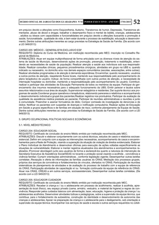 52DIÁRIO OFICIAL DE JABOATÃO DOS GUARARAPES Nº10 PODER EXECUTIVO - ANO XXV 17/01/2015
em prejuízo devido a afecções como Esquizofrenia, Autismo, Transtornos de humor, Depressão, Transtornos ali-
mentares ,abuso de álcool e drogas; trabalhar o desempenho físico e mental de bebês, crianças, adolescentes
, adultos ou idosos com capacidades e funcionalidades em prejuízo devido a afecções buscando a promoção á
saúde, funcionalidade , qualidade de vida, e bem estar durante o processo de reabilitação, educação e desenvolvi-
mento; Dentre outras atribuições inerentes ao cargo previstas na Estratégia de Saúde da Família. (De acordo com
a LEI 949/2013)
CARGO 455: MÉDICO - GENERALISTA EXCLUSIVO ESF
REQUISITO: Diploma do Curso de Medicina, em instituição reconhecida pelo MEC; Inscrição no Conselho Re-
gional de Medicina.
ATRIBUIÇÕES: Atuar em equipe multiprofissional de forma articulada com os diversos níveis de atenção do sis-
tema de saúde do Município, desenvolvendo ações de promoção, prevenção, tratamento e reabilitação, enten-
dendo as necessidades de saúde da população; Realizar atenção a saúde aos indivíduos sob sua responsabi-
lidade; Realizar consultas clínicas, pequenos procedimentos cirúrgicos, atividades em grupo na UBS e, quando
indicado ou necessário, no domicílio e/ou nos demais espaços comunitários (escolas, associações, entre outras);
Realizar atividades programadas e de atenção à demanda espontânea; Encaminhar, quando necessário, usuários
a outros pontos de atenção, respeitando fluxos locais, mantendo sua responsabilidade pelo acompanhamento do
plano terapêutico do usuário; Indicar, de forma compartilhada com outros pontos de atenção, a necessidade de
internação hospitalar ou domiciliar, mantendo a responsabilização pelo acompanhamento do usuário; Contribuir,
realizar e participar das atividades de Educação Permanente de todos os membros da equipe; Participar do ger-
enciamento dos insumos necessários para o adequado funcionamento da UBS; Emitir parecer e laudos sobre
assuntos relacionados a sua área de atuação; Supervisionar estagiários e residentes; Dar suporte técnico aos pro-
gramas de saúde;Coordenar grupos operativos e terapêuticos, elaborando pareceres e relatórios e acompanhando
o desenvolvimento individual e grupal dos pacientes;Realizar registros nos prontuários; Participar da avaliação da
qualidade da assistência médica prestada ao paciente; Participar de reuniões administrativas e reuniões e junto
à comunidade; Preencher e assinar formulários de óbito; Compor comissão de investigação de denúncias e de
óbitos; Notificar os pacientes com suspeitas de doenças e notificação compulsória; Realizar ações de Educação
em Saúde a grupos específicos e de famílias em situação de risco, conforme planejamento da Equipe de Saúde;
Dentre outras atribuições inerentes ao cargo previstas na Estratégia de Saúde da Família. (De acordo com a LEI
949/2013)
5. GRUPO OCUPACIONAL POLÍTICAS SOCIAIS E ECONÔMICAS
5.1. NÍVEL MÉDIO/TÉCNICO
CARGO 204: EDUCADOR SOCIAL
REQUISITO: Certificado de conclusão do ensino Médio emitido por instituição reconhecida pelo MEC.
ATRIBUIÇÕES: Discutir e elaborar conjuntamente com os outros técnicos, estudos de casos e relatórios socioas-
sistencial; Definir em conjunto com a equipe as intervenções necessárias, acompanhamento de casos e encamin-
hamentos para a Rede de Proteção, visando a superação da situação de violação de direitos evidenciada; Elaborar
o Plano Individual de Atendimento e desenvolver oficinas para execução de ações voltadas especificamente as
situações de vulnerabilidade; Elaborar e manter registros atualizados dos atendimentos e acompanhamentos re-
alizados ;Promover abordagem junto aos usuários de forma a esclarecê-los quanto a natureza de intervenção da
Secretaria Executiva de Assistência Social/SEAS no tocante a proteção social visando a acolhida , convivência e
vivência familiar; Cumprir orientações administrativas , conforme legislação vigente; Desempenhar outras tarefas
correlatas ;Recepção e oferta de informações às famílias usuárias do CRAS; Mediação dos processos grupais,
próprios dos serviços de convivência e fortalecimentos de vínculos, ofertados no CRAS; Participação de reuniões
sistemáticas de planejamento de atividades e de avaliação do processo de trabalho com a equipe de referencia
do CRAS; Participação atividades de capacitação e/ ou formação continuada da equipe de referência do CRAS;
Atuar nos CRAS, CREAS e em outros serviços, socioassistenciais; Desempenhar outras tarefas correlatas. (De
acordo com a LEI 949/2013)
CARGO 205: EDUCADOR CUIDADOR
REQUISITO: Certificado de conclusão do ensino Médio emitido por instituição reconhecida pelo MEC.
ATRIBUIÇÕES: Receber à criança e / ou o adolescente em processo de acolhimento, realizar à acolhida, apre-
sentação do local (físico), seu espaço privado (cama, armário, vestuário, e material de higiene) e regras de con-
vivência; Responder pelos cuidados básicos com alimentação, lazer, educação, higiene e proteção da criança / ou
adolescentes acolhidos; Desenvolver atividades lúdicas e pedagógicas, sobre a supervisão da equipe técnica, que
contribua, para o fortalecimento da autoestima, construção da identidade e desenvolvimento da autonomia das
crianças e adolescentes; Apoiar na preparação da criança e o adolescente para o desligamento, sob orientação e
supervisão da equipe técnica; Acompanhar nos serviços de saúde e escola e outros serviços requeridos no cotidi-
 