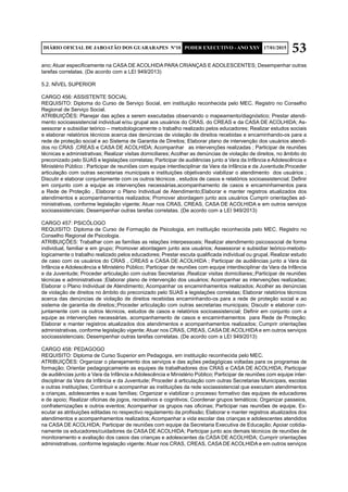 53DIÁRIO OFICIAL DE JABOATÃO DOS GUARARAPES Nº10 PODER EXECUTIVO - ANO XXV 17/01/2015
ano; Atuar especificamente na CASA DE ACOLHIDA PARA CRIANÇAS E ADOLESCENTES; Desempenhar outras
tarefas correlatas. (De acordo com a LEI 949/2013)
5.2. NÍVEL SUPERIOR
CARGO 456: ASSISTENTE SOCIAL
REQUISITO: Diploma do Curso de Serviço Social, em instituição reconhecida pelo MEC. Registro no Conselho
Regional de Serviço Social.
ATRIBUIÇÕES: Planejar das ações a serem executadas observando o mapeamento/diagnóstico; Prestar atendi-
mento socioassistencial individual e/ou grupal aos usuários do CRAS, do CREAS e da CASA DE ACOLHIDA; As-
sessorar e subsidiar teórico – metodologicamente o trabalho realizado pelos educadores; Realizar estudos sociais
e elaborar relatórios técnicos acerca das denúncias de violação de direitos recebidas e encaminhando-os para a
rede de proteção social e ao Sistema de Garantia de Direitos; Elaborar plano de intervenção dos usuários atendi-
dos no CRAS ,CREAS e CASA DE ACOLHIDA; Acompanhar as intervenções realizadas ; Participar de reuniões
técnicas e administrativas; Realizar visitas domiciliares; Acolher as denúncias de violação de direitos, no âmbito do
preconizado pelo SUAS e legislações correlatas; Participar de audiências junto a Vara da Infância e Adolescência e
Ministério Público ; Participar de reuniões com equipe interdisciplinar da Vara da Infância e da Juventude;Proceder
articulação com outras secretarias municipais e instituições objetivando viabilizar o atendimento dos usuários ;
Discutir e elaborar conjuntamente com os outros técnicos , estudos de casos e relatórios socioassistencial; Definir
em conjunto com a equipe as intervenções necessárias,acompanhamento de casos e encaminhamentos para
a Rede de Proteção , Elaborar o Plano Individual de Atendimento;Elaborar e manter registros atualizados dos
atendimentos e acompanhamentos realizados; Promover abordagem junto aos usuários Cumprir orientações ad-
ministrativas, conforme legislação vigente; Atuar nos CRAS, CREAS, CASA DE ACOLHIDA e em outros serviços
socioassistenciais; Desempenhar outras tarefas correlatas. (De acordo com a LEI 949/2013)
CARGO 457: PSICÓLOGO
REQUISITO: Diploma de Curso de Formação de Psicologia, em instituição reconhecida pelo MEC. Registro no
Conselho Regional de Psicologia.
ATRIBUIÇÕES: Trabalhar com as famílias as relações interpessoais; Realizar atendimento psicossocial de forma
individual, familiar e em grupo; Promover abordagem junto aos usuários; Assessorar e subsidiar teórico-metodo-
logicamente o trabalho realizado pelos educadores; Prestar escuta qualificada individual ou grupal, Realizar estudo
de caso com os usuários do CRAS , CREAS e CASA DE ACOLHIDA ; Participar de audiências junto a Vara da
Infância e Adolescência e Ministério Público; Participar de reuniões com equipe interdisciplinar da Vara da Infância
e da Juventude; Proceder articulação com outras Secretarias ;Realizar visitas domiciliares;;Participar de reuniões
técnicas e administrativas ;Elaborar plano de intervenção dos usuários; Acompanhar as intervenções realizadas;
Elaborar o Plano Individual de Atendimento; Acompanhar os encaminhamentos realizados; Acolher as denúncias
de violação de direitos no âmbito do preconizado pelo SUAS e legislações correlatas; Elaborar relatórios técnicos
acerca das denúncias de violação de direitos recebidas encaminhando-os para a rede de proteção social e ao
sistema de garantia de direitos;;Proceder articulação com outras secretarias municipais; Discutir e elaborar con-
juntamente com os outros técnicos, estudos de casos e relatórios socioassistencial; Definir em conjunto com a
equipe as intervenções necessárias, acompanhamento de casos e encaminhamentos para Rede de Proteção;
Elaborar e manter registros atualizados dos atendimentos e acompanhamentos realizados; Cumprir orientações
administrativas, conforme legislação vigente; Atuar nos CRAS, CREAS, CASA DE ACOLHIDA e em outros serviços
socioassistenciais; Desempenhar outras tarefas correlatas. (De acordo com a LEI 949/2013)
CARGO 458: PEDAGOGO
REQUISITO: Diploma de Curso Superior em Pedagogia, em instituição reconhecida pelo MEC.
ATRIBUIÇÕES: Organizar o planejamento dos serviços e das ações pedagógicas voltadas para os programas de
formação; Orientar pedagogicamente as equipes de trabalhadores dos CRAS e CASA DE ACOLHIDA; Participar
de audiências junto a Vara da Infância e Adolescência e Ministério Público; Participar de reuniões com equipe inter-
disciplinar da Vara da Infância e da Juventude; Proceder à articulação com outras Secretarias Municipais, escolas
e outras instituições; Contribuir e acompanhar as instituições da rede sociassistencial que executam atendimentos
a crianças, adolescentes e suas famílias; Organizar e viabilizar o processo formativo das equipes de educadores
e de apoio; Realizar oficinas de jogos, recreativos e cognitivos; Coordenar grupos temáticos; Organizar passeios,
confraternizações e outros eventos; Acompanhar os grupos nas oficinas; Participar nas reuniões de equipe, Ex-
ecutar as atribuições editadas no respectivo regulamento da profissão; Elaborar e manter registros atualizados dos
atendimentos e acompanhamentos realizados; Acompanhar a vida escolar das crianças e adolescentes atendidos
na CASA DE ACOLHIDA; Participar de reuniões com equipe da Secretaria Executiva de Educação; Apoiar cotidia-
namente os educadores/cuidadores da CASA DE ACOLHIDA; Participar junto aos demais técnicos de reuniões de
monitoramento e avaliação dos casos das crianças e adolescentes da CASA DE ACOLHIDA; Cumprir orientações
administrativas, conforme legislação vigente; Atuar nos CRAS, CREAS, CASA DE ACOLHIDA e em outros serviços
 