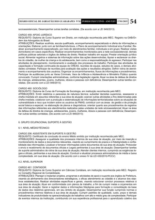 54DIÁRIO OFICIAL DE JABOATÃO DOS GUARARAPES Nº10 PODER EXECUTIVO - ANO XXV 17/01/2015
socioassistenciais; Desempenhar outras tarefas correlatas. (De acordo com a LEI 949/2013)
CARGO 459: APOIO JURÍDICO
REQUISITO: Diploma de Curso Superior em Direito, em instituição reconhecida pelo MEC. Registro na OAB/Or-
dem dos Advogados do Brasil.
ATRIBUIÇÕES: Realizar acolhida, escuta qualificada, acompanhamento especializado e oferta de informações e
orientações; Elaborar, junto com as famílias/indivíduos, o Plano de acompanhamento Individual e/ou Familiar; Re-
alizar acompanhamento especializado, por meio de atendimentos familiar, individuais e em grupo; Realizar visitas
domiciliares em casos específicos; Realizar encaminhamentos monitorados para a rede socioassistencial, demais
políticas públicas setoriais e órgãos de defesa de direito; Realizar trabalho em equipe; Prestar orientação jurídico
social; Alimentar registros e sistemas de informação sobre das ações desenvolvidas; Apoiar e esclarecer os direi-
tos do cidadão, da mulher da criança e do adolescente, bem como a responsabilização do agressor; Participar nas
atividades de planejamento, monitoramento e avaliação dos processos de trabalho; Participar das atividades de
capacitação e formação continuada da equipe do CREAS, reuniões de equipe, estudos de casos, e demais ativi-
dades correlatas; Participar de reuniões para avaliação das ações e resultados atingidos; Definir rotina de atendi-
mento e acompanhamento dos usuários; Organizar os encaminhamentos, fluxos de informações e procedimentos;
Participar de audiências junto as Varas Criminais, Vara da Infância e Adolescência e Ministério Público quando
convocado; Cumprir orientações administrativas, conforme legislação vigente; Atuar na área de defesa de direitos
de crianças, adolescentes, jovens, mulheres, idosos e pessoas com deficiência; Desempenhar outras tarefas cor-
relatas. (De acordo com a LEI 949/2013)
CARGO 460: SOCIÓLOGO
REQUISITO: Diploma de Curso de Formação de Sociologia, em instituição reconhecida pelo MEC.
ATRIBUIÇÕES: Emitir relatórios e pareceres de natureza técnica; subsidiar decisões superiores, assessorar a
chefia imediata em assuntos referentes a sua área de atuação; exercer outras atividades a fins determinadas pela
chefia imediata; colaborar com a produção e sistematização de informações territorializadas sobre as situações de
vulnerabilidade e risco que incidem sobre os usuários da PMAS; contribuir com as áreas de gestão e de proteção
social básica e especial, na elaboração de planos e diagnósticos; orientar quanto aos procedimentos de registros
das informações referentes aos atendimentos realizados pelas unidades da rede sócioassistencial; Atuar na área
de defesa de direitos de crianças, adolescentes, jovens, mulheres, idosos e pessoas com deficiência; Desempen-
har outras tarefas correlatas. (De acordo com a LEI 949/2013)
6. GRUPO OCUPACIONAL SUPORTE À GESTÃO
6.1. NÍVEL MÉDIO/TÉCNICO
CARGO 206: ASSISTENTE EM SUPORTE À GESTÃO
REQUISITO: Certificado de conclusão do ensino Médio emitido por instituição reconhecida pelo MEC.
ATRIBUIÇÕES: Assegurar a qualidade dos processos internos de sua área de atuação, por meio de inserção e
monitoramento de dados e documentos relevantes, visando ao cumprimento de prazos e à fidedignidade e confia-
bilidade das informações; Localizar e fornecer informações sobre documentos de sua área de atuação; Protocolar
o envio e recebimento de documentos oficiais e Legais pertinentes à sua área de atuação; Desempenhar tarefas
de suporte administrativo de rotina de sua área de atuação; Atender clientes internos, cumprindo as exigências le-
gais e oficiais, pertinentes a sua área de atuação; Conduzir e atualizar processos administrativos de média e baixa
complexidade, em sua área de atuação. (De acordo com o anexo IV da LEI 430/2010-PCCV)
6.2. NÍVEL SUPERIOR
CARGO 461: CONTADOR
REQUISITO: Diploma de Curso Superior em Ciências Contábeis, em instituição reconhecida pelo MEC. Registro
no Conselho Regional de Contabilidade.
ATRIBUIÇÕES: Planejar e implantar projetos, programas e atividades de apoio e suporte aos órgãos da Prefeitura,
visando ao alinhamento dos direcionadores estratégicos, o eficaz atendimento ao cidadão e o alcance dos obje-
tivos estabelecidos; Realizar atividades específicas e gerais, visando solucionar concluir processos relativos à
sua área de atuação; Atuar em conformidade com planos de trabalho, a fim de cumprir metas e orçamentos em
sua área de atuação; Gerar e registrar dados e informações fidedignas para formação e consolidação da base
de dados dos relatórios gerenciais, em seu âmbito de atuação; Desempenhar sua função cumprindo normas e
procedimentos internos relativos à sua área de atuação; Cumprir padrões de qualidade, custo, prazo e demais
indicadores de produtividade na operacionalização de trabalhos com alto e médio grau de complexidade; Participar
de eventos internos da Instituição, contribuindo cm sua experiência profissional para o aprendizado coletivo dos
 