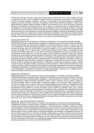 55DIÁRIO OFICIAL DE JABOATÃO DOS GUARARAPES Nº10 PODER EXECUTIVO - ANO XXV 17/01/2015
profissionais presentes; Executar a escrituração através dos lançamentos dos atos e fatos contábeis; Executar
a escrituração dos atos e fatos contábeis no sistema financeiro, orçamentário, patrimonial e de compensação,
de todas as receitas, despesas, empenhos, convênios, movimentação de recursos financeiros e orçamentários,
registros de baixa de contratos e convênios, incorporação e baixa de bens patrimoniais; Elaborar e manter atual-
izados relatórios contábeis; Elaborar relatórios contábeis em consonância com as áreas de finanças, orçamento,
patrimônio, almoxarifado, demonstrado de forma clara e objetiva, os resultados entre as receitas previstas e as
arrecadadas e o montante das despesas fixadas com as realizadas; Promover a prestação, acertos e conciliação
de contas; Promover a prestação, acertos e conciliação de contas em geral, conferindo saldos, localizando e retifi-
cando possíveis erros, para assegurar a correção das operações contábeis; Participar da implantação e execução
das normas e rotinas de controle interno, visando atendimento da legislação e dos órgãos de controles; Realizar
perícias; Utilizar recursos de informática; Executar outras tarefas de mesma natureza e nível de complexidade as-
sociadas ao ambiente organizacional. (De acordo com o anexo IV da LEI 430/2010-PCCV)
CARGO 462: ESTATÍSTICO
REQUISITO: Diploma de Curso Superior em Estatística ou Matemática, em instituição reconhecida pelo MEC.
ATRIBUIÇÕES: Planejar e implantar projetos, programas e atividades de apoio e suporte aos órgãos da Prefeitura,
visando ao alinhamento dos direcionadores estratégicos, o eficaz atendimento ao cidadão e o alcance dos obje-
tivos estabelecidos; Realizar atividades específicas e gerais, visando solucionar concluir processos relativos à
sua área de atuação; Atuar em conformidade com planos de trabalho, a fim de cumprir metas e orçamentos em
sua área de atuação; Gerar e registrar dados e informações fidedignas para formação e consolidação da base
de dados dos relatórios gerenciais, em seu âmbito de atuação; Desempenhar sua função cumprindo normas e
procedimentos internos relativos à sua área de atuação; Cumprir padrões de qualidade, custo, prazo e demais
indicadores de produtividade na operacionalização de trabalhos com alto e médio grau de complexidade; Participar
de eventos internos da Instituição, contribuindo cm sua experiência profissional para o aprendizado coletivo dos
profissionais presentes; Planejar, organizar e realizar pesquisas e análises estatísticas; Programar e coordenar as
fases do trabalho de coleta de dados e organizar cronograma para cumprimento dos prazos; Planejar, orientar e
executar tarefas de tabulação de dados estatísticos, codificação e concentração de dados em quadros, gráficos
e outras formas de exposição; Analisar e interpretar os dados estatísticos e determinação de fenômenos; Fazer
relatório de análise e redigir informações sobre questões de metodologia, planejamento, execução e resultado das
investigações; Apresentar os resultados de pesquisas; Executar tarefas pertinentes à área de atuação, utilizando-
se de equipamentos e programas de informática; Executar outras tarefas compatíveis com as exigências para o
exercício da função. (De acordo com o anexo IV da LEI 430/2010-PCCV)
CARGO 463: INFORMÁTICA
REQUISITO: Diploma de Curso Superior em Ciência da Computação, em instituição reconhecida pelo MEC.
ATRIBUIÇÕES: Planejar e implantar projetos, programas e atividades de apoio e suporte aos órgãos da Prefeitura,
visando ao alinhamento dos direcionadores estratégicos, o eficaz atendimento ao cidadão e o alcance dos obje-
tivos estabelecidos; Realizar atividades específicas e gerais, visando solucionar concluir processos relativos à
sua área de atuação; Atuar em conformidade com planos de trabalho, a fim de cumprir metas e orçamentos em
sua área de atuação; Gerar e registrar dados e informações fidedignas para formação e consolidação da base
de dados dos relatórios gerenciais, em seu âmbito de atuação; Desempenhar sua função cumprindo normas e
procedimentos internos relativos à sua área de atuação; Cumprir padrões de qualidade, custo, prazo e demais
indicadores de produtividade na operacionalização de trabalhos com alto e médio grau de complexidade; Participar
de eventos internos da Instituição, contribuindo cm sua experiência profissional para o aprendizado coletivo dos
profissionais presentes; Criar, administrar e manter a gestão de informação através dos dispositivos e equipamen-
tos para acesso, operação e armazenamento de dados, de forma a gerir informações para tomada de decisões;
Criar e manter Banco de Dados; Desenvolver Softwares; Normatizar Dados; Garantir a segurança da informação.
(De acordo com o anexo IV da LEI 430/2010-PCCV)
CARGO 464: ANALISTA EM SUPORTE À GESTÃO
REQUISITO: Diploma de Curso Superior em qualquer área de atuação, em instituição reconhecida pelo MEC.
ATRIBUIÇÕES: Planejar e implantar projetos, programas e atividades de apoio e suporte aos órgãos da Prefeitura,
visando ao alinhamento dos direcionadores estratégicos, o eficaz atendimento ao cidadão e o alcance dos obje-
tivos estabelecidos; Realizar atividades específicas e gerais, visando solucionar concluir processos relativos à sua
área de atuação; Atuar em conformidade com planos de trabalho, a fim de cumprir metas e orçamentos em sua
área de atuação; Gerar e registrar dados e informações fidedignas para formação e consolidação da base de da-
dos dos relatórios gerenciais, em seu âmbito de atuação; Desempenhar sua função cumprindo normas e procedi-
mentos internos relativos à sua área de atuação; Cumprir padrões de qualidade, custo, prazo e demais indicadores
de produtividade na operacionalização de trabalhos com alto e médio grau de complexidade; Participar de eventos
internos da Instituição, contribuindo cm sua experiência profissional para o aprendizado coletivo dos profissionais
presentes. (De acordo com o anexo IV da LEI 430/2010-PCCV)
 