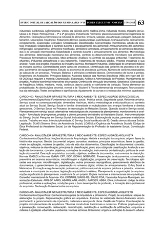 63DIÁRIO OFICIAL DE JABOATÃO DOS GUARARAPES Nº10 PODER EXECUTIVO - ANO XXV 17/01/2015
industriais: Cerâmicas. Aglomerantes. Vidros. Os carvões como matéria-prima. Indústrias Têxteis. Indústria de Ce-
lulose e do Papel. Petroquímica – 1ª e 2ª gerações. Indústria de Polímeros: plásticos e elastômeros Engenharia de
Alimentos: Operações preliminares na indústria de alimentos: limpeza, seleção, classificação, pelagem, redução de
tamanho, separações mecânicas; Tratamento térmico (pasteurização, esterilização, branqueamento, resfriamento,
congelamento, evaporação, extrusão); Cristalização; Desidratação; Concentração (membranas, adição de solu-
tos); Irradiação; Estabilidade e controle durante o processamento dos alimentos; Armazenamento dos alimentos:
refrigeração, congelamento, atmosfera modificada, atmosfera controlada, armazenamento de alimentos desidrata-
dos e de umidade intermediária; Estabilidade e controle durante o armazenamento dos alimentos; Microbiologia
dos alimentos: deterioração microbiana dos alimentos, controle do desenvolvimento microbiano nos alimentos.
Processos fermentativos industriais. Meio-ambiente: Análises no controle da poluição ambiental. Tratamento de
efluentes. Poluentes atmosféricos e seu tratamento. Tratamento de resíduos sólidos. Projetos industriais e sua
análise: Fases dos projetos industriais da indústria química. Montagem industrial. Elaboração de um projeto básico
da indústria química. Generalidades sobre cartas de processos. Identificação das variáveis de processo e do pro-
jeto, parâmetros de equipamentos. Estudo da economia de processos químicos. Número de variáveis necessárias
ao cálculo de um processo. Finanças: Balanço e princípios contábeis básicos. Demonstrativo de lucros e perdas.
Engenharia de Avaliações: Princípios Básicos; Aspectos básicos das Normas Brasileiras (NBs) em vigor até 30-
06-2005 que regulam a matéria; Depreciação. Elaboração, Análise e Administração de Projetos: Planejamento de
projetos; Análises econômico-financeiras de projetos; Gerência da execução de projetos. Estatística: Distribuições
de freqüência; Média, mediana, moda, variância, desvio padrão e coeficiente de variação; Teoria elementar da
probabilidade; As distribuições binomial, normal e de “Student” t; Teoria elementar da amostragem; Teoria estatís-
tica da estimação; Testes de hipótese e significância; Ajustamento de curvas e o método dos mínimos quadrados
CARGO 403- ANALISTA EM INFRAESTRUTURA E MEIO AMBIENTE- ESPECIALIDADE SERVIÇO SOCIAL
Conhecimentos Específicos: Fundamentos do serviço social. Política social. Seguridade social. Reforma sanitária.
Serviço social na contemporaneidade: dimensões históricas, teórico metodológicas e ético-políticas no contexto
atual do Serviço Social. Serviço Social e família: diversidade e multiplicidade dos arranjos familiares e direitos
geracionais. O Serviço Social no Processo de reprodução de Relações Sociais. Questão social e Serviço social.
Planejamento em serviço social: alternativas metodológicas de processos de planejamento, monitoramento e aval-
iação – formulação de programas, projetos e planos; processo de trabalho do Assistente Social. Instrumentalidade
do Serviço Social. Pesquisa em Serviço Social. Indicadores Sociais. Elaboração de laudos, pareceres e relatórios
sociais. Trabalho em rede. Interdisciplinaridade. O Serviço Social na década de 90. Gestão democrática na Saúde.
Legislação: SUAS (Sistema Único de Assistência Social); LOAS (Lei Orgânica da Assistência Social); Código de
Ética Profissional do Assistente Social; Lei de Regulamentação da Profissão de Assistente Social, Constituição
Federal.
CARGO 404- ANALISTA EM INFRAESTRUTURA E MEIO AMBIENTE- ESPECIALIDADE ARQUIVISTA
Conhecimentos Específicos: Noções técnicas de Arquivologia; História e evolução dos arquivos: origem, fases da
história dos arquivos. Gestão documental: origem, conceitos, objetivos, princípios arquivísticos, fases da gestão,
níveis de aplicação, modelos de gestão, ciclo de vida dos documentos. Classificação de documentos: conceito,
objetivos, métodos de classificação, princípios da classificação, plano e/ou código de classificação. Avaliação e se-
leção de documentos: conceito, objetivos, comissões de avaliação, instrumentos de destinação, políticas de aval-
iação documental. Descrição arquivística: conceito, objetivos, análise de documentos, instrumentos de descrição.
Normas ISAD(G) e Normas ISAAR- CPF, ISDF, ISDIAH, NOBRADE. Preservação de documentos: conservação
preventiva em acervos arquivísticos, microfilmagem x digitalização, programa de preservação. Tecnologias apli-
cadas aos arquivos: microfilmagem, digitalização, outros processos reprográficos, gerenciamento eletrônico de
documentos, o gerenciamento da preservação no universo digital, mídias de armazenamento, E-Arq Brasil e
Metadados. Formação e regulamentação profissional, política nacional de arquivos públicos e privados, sistemas
estaduais e municipais de arquivos, legislação arquivísitica brasileira; Planejamento e organização de arquivos:
noções significado do planejamento, a estrutura de um projeto. Órgãos nacionais e internacionais de arquivologia:
Conselho Internacional de Arquivos- ICA, CONARQ, SIARQ-RS, SIARQ POA, Fórum dos Arquivos Municipais, as-
sociações Estaduais: ARQ-SP, AARS, ABARQ, AAB, AAERJ, AARQES, ABBA. Ética profissional: código de ética
profissional, análise e aplicações, condições para o bom desempenho da profissão, a formação ético-profissional
do arquivista. Declaração Universal sobre os arquivos.
CARGO 405- ANALISTA EM INFRAESTRUTURA E MEIO AMBIENTE- ESPECIALIDADE ARQUITETO
Conhecimentos Específicos: Conhecimentos gerais de Arquitetura e Urbanismo. Projeto de arquitetura: etapas de
elaboração do projeto. Representação gráfica em arquitetura. Estudos de viabilidade técnico-financeiro. Acom-
panhamento e gerenciamento de orçamento, materiais e serviços de obras. Gestão de Projetos. Coordenação de
projetos complementares de arquitetura. Técnicas construtivas tradicionais e modernas. Práticas projetuais para
a preservação, conservação, restauração, reconstrução, reabilitação e reutilização de edificações, conjuntos e
cidades. Legislação urbanística e ambiental. Normas técnicas. Urbanismo: origens e definição do desenho urbano.
 