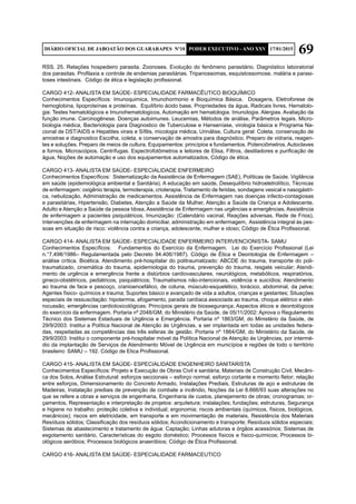 69DIÁRIO OFICIAL DE JABOATÃO DOS GUARARAPES Nº10 PODER EXECUTIVO - ANO XXV 17/01/2015
RSS. 25. Relações hospedeiro parasita. Zoonoses. Evolução do fenômeno parasitário. Diagnóstico laboratorial
dos parasitas. Profilaxia e controle de endemias parasitárias. Tripanossomas, esquistossomose, malária e parasi-
toses intestinais. Código de ética e legislação profissional.
CARGO 412- ANALISTA EM SAÚDE- ESPECIALIDADE FARMACÊUTICO BIOQUÍMICO
Conhecimentos Específicos: Imunoquimica, Imunohormonio e Bioquímica Básica. Dosagens, Eletroforese de
hemoglobina, lipoproteínas e proteínas. Equilíbrio ácido base, Propriedades da água, Radicais livres, Hematolo-
gia: Testes hematológicos e Imunohematologicos, Automação em hematologia. Imunologia. Alergias. Avaliação da
função imune. Carcinogênese. Doenças autoimunes. Leucemias, Métodos de análise, Parâmetros legais. Micro-
biologia médica, Bacteriologia para Diagnostico de Tuberculose e Hanseníase, virologia básica e Programa Na-
cional de DST/AIDS e Hepatites virais e Sífilis, micologia médica, Urinálise, Cultura geral: Coleta, conservação de
amostras e diagnostico Escolha, coleta, e conservação de amostra para diagnóstico. Preparo de vidraria, reagen-
tes e soluções. Preparo de meios de cultura. Equipamentos: princípios e fundamentos. Potenciômetros. Autoclaves
e fornos. Microscópios. Centrífugas. Espectrofotômetros e leitores de Elisa, Filtros, destiladores e puriﬁcação de
água, Noções de automação e uso dos equipamentos automatizados, Código de ética.
CARGO 413- ANALISTA EM SAÚDE- ESPECIALIDADE ENFERMEIRO
Conhecimentos Específicos: Sistematização da Assistência de Enfermagem (SAE), Políticas de Saúde. Vigilância
em saúde (epidemiológica ambiental e Sanitária). A educação em saúde, Desequilíbrio hidroeletrolítico, Técnicas
de enfermagem: oxigênio terapia, termoterapia, crioterapia, Tratamento de feridas, sondagens vesical e nasogástri-
ca, nebulização, Administração de medicamentos. Assistência de Enfermagem nas doenças infecto-contagiosas
e parasitárias, Hipertensão, Diabetes, Atenção a Saúde da Mulher, Atenção a Saúde da Criança e Adolescente,
Adulto e Atenção a Saúde da pessoa Idosa, Assistência de Enfermagem nas urgências e emergências, Assistência
de enfermagem a pacientes psiquiátricos, Imunização: (Calendário vacinal, Reações adversas, Rede de Frios),
Intervenções de enfermagem na internação domiciliar, administração em enfermagem, Assistência integral às pes-
soas em situação de risco: violência contra a criança, adolescente, mulher e idoso; Código de Ética Profissional.
CARGO 414- ANALISTA EM SAÚDE- ESPECIALIDADE ENFERMEIRO INTERVENCIONISTA- SAMU
Conhecimentos Específicos: Fundamentos do Exercício da Enfermagem. Lei do Exercício Profissional (Lei
n.°7.498/1986– Regulamentada pelo Decreto 94.406/1987). Código de Ética e Deontologia de Enfermagem –
análise crítica. Bioética. Atendimento pré-hospitalar do politraumatizado: ABCDE do trauma, transporte do poli-
traumatizado, cinemática do trauma, epidemiologia do trauma, prevenção do trauma, resgate veicular; Atendi-
mento de urgência e emergência frente a distúrbios cardiovasculares, neurológicos, metabólicos, respiratórios,
gineco-obstétricos, pediátricos, psiquiátricos; Traumatismos não-intencionais, violência e suicídios; Atendimento
ao trauma de face e pescoço, cranioencefálico, de coluna, músculo-esquelético, torácico, abdominal, da pelve;
Agentes físico- químicos e trauma; Suportes básico e avançado de vida a adultos, crianças e gestantes; Situações
especiais de ressuscitação: hipotermia, afogamento, parada cardíaca associada ao trauma, choque elétrico e elet-
rocussão, emergências cardiotoxicológicas; Princípios gerais de biossegurança; Aspectos éticos e deontológicos
do exercício da enfermagem. Portaria nº 2048/GM, do Ministério da Saúde, de 05/11/2002: Aprova o Regulamento
Técnico dos Sistemas Estaduais de Urgência e Emergência. Portaria nº 1863/GM, do Ministério da Saúde, de
29/9/2003: Institui a Política Nacional de Atenção às Urgências, a ser implantada em todas as unidades federa-
das, respeitadas as competências das três esferas de gestão. Portaria nº 1864/GM, do Ministério da Saúde, de
29/9/2003: Institui o componente pré-hospitalar móvel da Política Nacional de Atenção às Urgências, por intermé-
dio da implantação de Serviços de Atendimento Móvel de Urgência em municípios e regiões de todo o território
brasileiro: SAMU – 192. Código de Etica Profissional.
CARGO 415- ANALISTA EM SAÚDE- ESPECIALIDADE ENGENHEIRO SANITARISTA
Conhecimentos Específicos: Projeto e Execução de Obras Civil e sanitária, Materiais de Construção Civil, Mecâni-
ca dos Solos, Análise Estrutural: esforços seccionais – esforço normal, esforço cortante e momento fletor; relação
entre esforços, Dimensionamento do Concreto Armado, Instalações Prediais, Estruturas de aço e estruturas de
Madeiras, Instalação prediais de prevenção de combate a incêndio, Noções da Lei 8.666/93 suas alterações no
que se refere a obras e serviços de engenharia, Engenharia de custos, planejamento de obras; cronogramas; or-
çamentos, Representação e interpretação de projetos: arquitetura; instalações; fundações; estruturas, Segurança
e higiene no trabalho: proteção coletiva e individual; ergonomia; riscos ambientais (químicos, físicos, biológicos,
mecânicos); riscos em eletricidade, em transporte e em movimentação de materiais, Resistência dos Materiais
Resíduos sólidos; Classificação dos resíduos sólidos; Acondicionamento e transporte; Resíduos sólidos especiais;
Sistemas de abastecimento e tratamento de água: Captação; Linhas adutoras e órgãos acessórios; Sistemas de
esgotamento sanitário, Características do esgoto doméstico; Processos físicos e físico-químicos; Processos bi-
ológicos aeróbios; Processos biológicos anaeróbios; Código de Ética Profissional.
CARGO 416- ANALISTA EM SAÚDE- ESPECIALIDADE FARMACEUTICO
 