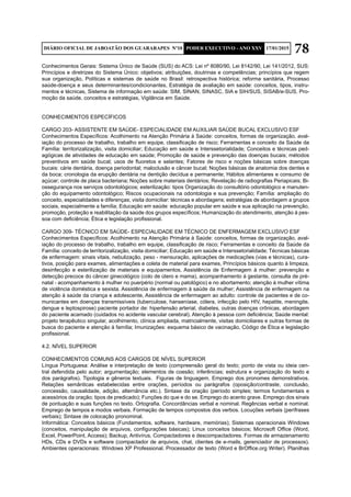 78DIÁRIO OFICIAL DE JABOATÃO DOS GUARARAPES Nº10 PODER EXECUTIVO - ANO XXV 17/01/2015
Conhecimentos Gerais: Sistema Único de Saúde (SUS) do ACS: Lei nº 8080/90, Lei 8142/90, Lei 141/2012, SUS:
Princípios e diretrizes do Sistema Único: objetivos; atribuições, doutrinas e competências; princípios que regem
sua organização, Políticas e sistemas de saúde no Brasil: retrospectiva histórica; reforma sanitária, Processo
saúde-doença e seus determinantes/condicionantes, Estratégia de avaliação em saúde: conceitos, tipos, instru-
mentos e técnicas, Sistema de informação em saúde: SIM, SINAN, SINASC, SIA e SIH/SUS, SISAB/e-SUS, Pro-
moção da saúde, conceitos e estratégias, Vigilância em Saúde.
CONHECIMENTOS ESPECÍFICOS
CARGO 203- ASSISTENTE EM SAÚDE- ESPECIALIDADE EM AUXILIAR SAÚDE BUCAL EXCLUSIVO ESF
Conhecimentos Específicos: Acolhimento na Atenção Primária à Saúde: conceitos, formas de organização, aval-
iação do processo de trabalho, trabalho em equipe, classificação de risco; Ferramentas e conceito da Saúde da
Família: territorizalização, visita domiciliar; Educação em saúde e Interssetorialidade; Conceitos e técnicas ped-
agógicas de atividades de educação em saúde; Promoção de saúde e prevenção das doenças bucais; métodos
preventivos em saúde bucal; usos de fluoretos e selantes; Fatores de risco e noções básicas sobre doenças
bucais: cárie dentária, doença periodontal; maloclusão e câncer bucal; Noções básicas de anatomia dos dentes e
da boca; cronologia da erupção dentária na dentição decídua e permanente; Hábitos alimentares e consumo de
açúcar; controle de placa bacteriana; Noções sobre materiais dentários; Revelação de radiografias Periapicais; Bi-
ossegurança nos serviços odontológicos; esterilização: tipos Organização do consultório odontológico e manuten-
ção do equipamento odontológico; Riscos ocupacionais na odontologia e sua prevenção; Família: ampliação do
conceito, especialidades e diferenças; visita domiciliar: técnicas e abordagens; estratégias de abordagem a grupos
sociais, especialmente a família; Educação em saúde: educação popular em saúde e sua aplicação na prevenção,
promoção, proteção e reabilitação da saúde dos grupos específicos; Humanização do atendimento, atenção à pes-
soa com deficiência; Ética e legislação profissional.
CARGO 309- TÉCNICO EM SAÚDE- ESPECIALIDADE EM TÉCNICO DE ENFERMAGEM EXCLUSIVO ESF
Conhecimentos Específicos: Acolhimento na Atenção Primária à Saúde: conceitos, formas de organização, aval-
iação do processo de trabalho, trabalho em equipe, classificação de risco; Ferramentas e conceito da Saúde da
Família: conceito de territorizalização, visita domiciliar; Educação em saúde e Interssetorialidade; Técnicas básicas
de enfermagem: sinais vitais, nebulização, peso - mensuração, aplicações de medicações (vias e técnicas), cura-
tivos, posição para exames, alimentações e coleta de material para exames, Princípios básicos quanto à limpeza,
desinfecção e esterilização de materiais e equipamentos, Assistência de Enfermagem à mulher: prevenção e
detecção precoce do câncer ginecológico (colo de útero e mama), acompanhamento à gestante, consulta de pré-
natal - acompanhamento à mulher no puerpério (normal ou patológico) e no abortamento; atenção à mulher vítima
de violência doméstica e sexista. Assistência de enfermagem à saúde da mulher; Assistência de enfermagem na
atenção à saúde da criança e adolescente, Assistência de enfermagem ao adulto: controle de pacientes e de co-
municantes em doenças transmissíveis (tuberculose, hanseníase, cólera, infecção pelo HIV, hepatite, meningite,
dengue e leptospirose) paciente portador de: hipertensão arterial, diabetes, outras doenças crônicas, abordagem
do paciente acamado (cuidados no acidente vascular cerebral). Atenção à pessoa com deficiência; Saúde mental:
projeto terapêutico singular, acolhimento, clínica ampliada, matricialmente, visitas domiciliares e outras formas de
busca do paciente e atenção à família; Imunizações: esquema básico de vacinação, Código de Ética e legislação
profissional.
4.2. NÍVEL SUPERIOR
CONHECIMENTOS COMUNS AOS CARGOS DE NÍVEL SUPERIOR
Língua Portuguesa: Análise e interpretação de texto (compreensão geral do texto; ponto de vista ou ideia cen-
tral defendida pelo autor; argumentação; elementos de coesão; inferências; estrutura e organização do texto e
dos parágrafos). Tipologia e gêneros textuais. Figuras de linguagem. Emprego dos pronomes demonstrativos.
Relações semânticas estabelecidas entre orações, períodos ou parágrafos (oposição/contraste, conclusão,
concessão, causalidade, adição, alternância etc.). Sintaxe da oração (período simples; termos fundamentais e
acessórios da oração; tipos de predicado); Funções do que e do se. Emprego do acento grave. Emprego dos sinais
de pontuação e suas funções no texto. Ortografia. Concordâncias verbal e nominal. Regências verbal e nominal.
Emprego de tempos e modos verbais. Formação de tempos compostos dos verbos. Locuções verbais (perífrases
verbais); Sintaxe de colocação pronominal.
Informática: Conceitos básicos (Fundamentos, software, hardware, memórias); Sistemas operacionais Windows
(conceitos, manipulação de arquivos, configurações básicas); Linux conceitos básicos; Microsoft Office (Word,
Excel, PowerPoint, Access); Backup, Antivírus, Compactadores e descompactadores. Formas de armazenamento
HDs, CDs e DVDs e software (compactador de arquivos, chat, clientes de e-mails, gerenciador de processos).
Ambientes operacionais: Windows XP Professional. Processador de texto (Word e BrOffice.org Writer). Planilhas
 