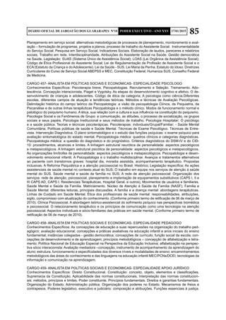 85DIÁRIO OFICIAL DE JABOATÃO DOS GUARARAPES Nº10 PODER EXECUTIVO - ANO XXV 17/01/2015
Planejamento em serviço social: alternativas metodológicas de processos de planejamento, monitoramento e aval-
iação – formulação de programas, projetos e planos; processo de trabalho do Assistente Social. Instrumentalidade
do Serviço Social. Pesquisa em Serviço Social. Indicadores Sociais. Elaboração de laudos, pareceres e relatórios
sociais. Trabalho em rede. Interdisciplinaridade. Atribuições do Assistente Social na Saúde. Gestão democrática
na Saúde. Legislação: SUAS (Sistema Único de Assistência Social); LOAS (Lei Orgânica da Assistência Social);
Código de Ética Profissional do Assistente Social; Lei de Regulamentação da Profissão de Assistente Social e o
ECA (Estatuto da Criança e do Adolescente). Lei da Saúde - SUS. Lei Maria da Penha. Estatuto do Idoso. Diretrizes
Curriculares do Curso de Serviço Social ABEPSS e MEC, Constituição Federal, Humaniza SUS, Conselho Federal
de Medicina.
CARGO 457- ANALISTA EM POLÍTICAS SOCIAIS E ECONOMICAS- ESPECIALIDADE PSICOLOGO
Conhecimentos Específicos: Psicoterapia breve. Psicopatologias. Recrutamento e Seleção. Treinamento. Ado-
lescência. Concepção interacionista, Piaget e Vygotsky, As etapas do desenvolvimento cognitivo e afetivo. O de-
senvolvimento de crianças e adolescentes. Código de ética da categoria; A psicologia como ciência.Diferentes
escolas, diferentes campos de atuação e tendências teóricas. Métodos e técnicas de Avaliação Psicológicas.
Delimitação histórica do campo teórico da Psicopatologia: a visão da psicopatologia Clínica, da Psiquiatria, da
Psicanálise e de outras linhas terapêuticas Psicopatologia e o método clínico. Modos de funcionamento normal e
patológico do psiquismo humano. A ética, sua relação com a cultura e sua influência na constituição do psiquismo.
Psicologia Social e os Fenômenos de Grupo: a comunicação, as atitudes, o processo de socialização, os grupos
sociais e seus papéis. Psicologia Institucional e seus métodos de trabalho. Psicologia Hospitalar; O psicólogo
e a saúde pública. Teorias e técnicas psicoterápicas. Psicoterapias: individuais/Grupal/Familiar; - Saúde Mental
Comunitária; Políticas públicas de saúde e Saúde Mental. Técnicas de Exame Psicológico. Técnicas de Entre-
vista. Intervenção Diagnóstica. O plano sintomatológico e o estudo das funções psíquicas: o exame psíquico para
avaliação sintomatológica do estado mental. Psicopatologia médica: quadros clínicos e categorias diagnósticas.
Psicopatologia médica: a questão do diagnóstico e do prognóstico. Critérios diagnósticos do DSM-IV e do CID-
10: procedimentos, alcances e limites. A linhagem estrutural neurótica de personalidade: aspectos psicológicos
e metapsicológicos. A linhagem estrutural psicótica de personalidade: aspectos psicológicos e metapsicológicos.
As organizações limítrofes de personalidade: aspectos psicológicos e metapsicológicos. Psicopatologia e desen-
volvimento emocional infantil. A Psicopatologia e o trabalho multidisciplinar. Avanços e tratamentos alternativos
ao paciente com transtornos graves: hospital dia, moradia assistida, acompanhamento terapêutico. Propostas
inclusivas. A Reforma Psiquiátrica e a atenção psicossocial no Brasil; Histórico; Legislação específica; As ações
assistenciais de saúde mental no contexto atual do SUS; O trabalho em equipe nos serviços de atenção à saúde
mental do SUS. Saúde mental e saúde da família no SUS; A rede de atenção psicossocial: Organização dos
serviços: rede de atenção, psicossocial, planejamento e implantação de equipamentos substitutivos (CAPS I, II e
III CAPS AD, CAPS I, Residenciais Terapêuticas, Hospital Geral. e outros), Movimentos de usuários e familiares.
Saúde Mental e Saúde da Família. Matriciamento. Núcleo de Atenção á Saúde da Família (NASF); Família e
Saúde Mental: diferentes leituras, principais discussões. A família e a doença mental: abordagens terapêuticas.
Linhas de Cuidado em Saúde Mental. Ética dos profissionais de saúde mental: responsabilidades, atribuições,
sigilo, compromisso com atualização do conhecimento. (Conforme primeiro termo de retificação de 06 de março de
2010). Clínica Psicossocial. A abordagem teórico-assistencial do sofrimento psíquico nas perspectivas biomédica
e psicossocial. O relacionamento terapêutico e os princípios de comunicação como uma tecnologia na atenção
psicossocial; Aspectos individuais e sócio-familiares das práticas em saúde mental. (Conforme primeiro termo de
retificação de 06 de março de 2010).
CARGO 458- ANALISTA EM POLÍTICAS SOCIAIS E ECONOMICAS- ESPECIALIDADE PEDAGOGO
Conhecimentos Específicos: As concepções de educação e suas repercussões na organização do trabalho ped-
agógico; avaliação educacional; concepções e práticas avaliativas na educação infantil e anos iniciais do ensino
fundamental; instâncias colegiadas - gestão democrática; concepções de currículo; função social da escola; con-
cepções de desenvolvimento e de aprendizagem; princípios metodológicos – concepção de alfabetização e letra-
mento; Política Nacional de Educação Especial na Perspectiva da Educação Inclusiva; alfabetização na perspec-
tiva sócio interacionista: Avaliação mediadora –concepção, instrumento de acompanhamento da aprendizagem do
aluno; estrutura, funcionamento e especificidades dos diversos níveis e modalidades de ensino; encaminhamentos
metodológicos das áreas do conhecimento e das linguagens na educação infantil MEC/PCNs/DCEI; tecnologias da
informação e comunicação na aprendizagem.
CARGO 459- ANALISTA EM POLÍTICAS SOCIAIS E ECONOMICAS- ESPECIALIDADE APOIO JURÍDICO
Conhecimentos Específicos: Direito Constitucional. Constituição: conceito, objeto, elementos e classiﬁcações.
Supremacia da Constituição. Aplicabilidade das normas constitucionais. Interpretação das normas constitucion-
ais; métodos, princípios e limites. Poder constituinte. Princípios fundamentais. Direitos e garantias fundamentais.
Organização do Estado. Administração pública. Organização dos poderes no Estado. Mecanismos de freios e
contrapesos. Poderes legislativo, executivo e judiciário: composição e atribuições. Funções essenciais à justiça.
 