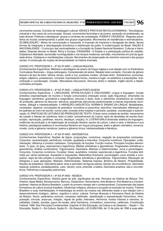 96DIÁRIO OFICIAL DE JABOATÃO DOS GUARARAPES Nº10 PODER EXECUTIVO - ANO XXV 17/01/2015
movimentos sociais. Conceito de mestiçagem cultural. IDEIAS E PRÁTICAS REVOLUCIONÁRIAS - Tecnológicas:
industrial e dos meios de comunicação. Sociais: movimentos feministas e de jovens; ascensão do proletariado; as
lutas étnicas. Políticas e ideológicas: grupos e correntes de contestação. PODER E VIOLÊNCIA - Regimes autori-
tários do mundo contemporâneo e poder dos grupos organizados. Movimentos de resistências e reivindicatórios.
GLOBALIZAÇÃO - Meios de comunicação e transporte. A invenção da imprensa e divulgação de ideias. Novas
formas de integração e desintegração econômica e distribuição de poder. A modernização do Brasil. NAÇÃO E
NACIONALIDADE - O princípio das nacionalidades e a formação do Estado Nacional Brasileiro. Culturas e identi-
dades. Disputas étnicas no Brasil, África e Europa. CIDADANIA - O Estado e a participação política do cidadão.
Cidadania e liberdade: escravidão na Antiguidade e nos tempos modernos, servidão, movimentos em prol da igual-
dade étnica. Cidadania e manifestações culturais. Movimentos de preservação da memória nacional e dos grupos
sociais. A construção de noções de temporalidade na história ensinada.
CARGO 472: PROFESSOR II – 6º AO 9º ANO – LINGUA INGLESA
Conhecimentos Específicos: Métodos e abordagens de ensino da língua inglesa e sua relação com os Parâmetros
Curriculares Nacionais – língua estrangeira. Compreensão de textos. Relação texto-contexto. Conceito de gênero
textual e de tipo de texto. Verbos: tempo, modo e voz; auxiliares modais; ‘phrasal verbs’. Substantivos, pronomes,
artigos, adjetivos, possessivos, numerais. Expressando tempo, maneira e lugar: os advérbios e preposições. Sub-
ordinação e coordenação. Coesão. Marcadores discursivos. Discurso direto e relatado. Inglês escrito e falado:
contrastes principais.
CARGO 473: PROFESSOR II – 6º AO 9º ANO – LINGUA PORTUGUESA
Conhecimentos Específicos: I. LINGUAGEM, INTERLOCUÇÃO E DIALOGISMO. Língua e linguagem: função
simbólica (representação de mundo) e função comunicativa (interação social, ação linguística); dimensões da
linguagem (semântica, gramatical e pragmática); discurso e texto; texto e elementos constitutivos do contexto
de produção; gêneros do discurso: estrutura, sequências discursivas predominantes e marcas linguísticas recor-
rentes, dialogia e intertextualidade. II VARIAÇÃO LINGUÍSTICA, NORMA E ENSINO DA LÍNGUA. Modalidades,
variedades, registros; concepções de gramática: normativa ou prescritiva, descritiva, internalizada; diferenças en-
tre padrões do oral e do escrito; norma culta; conexão entre orações e períodos: parataxe, coordenação e subordi-
nação. III. PRÁTICAS DE LEITURA E DE PRODUÇÃO DE TEXTO. O texto como unidade de sentido: mecanismos
de coesão e fatores de coerência; texto e Leitor: procedimentos de Leitura; tipos de atividades de escrita (tran-
scrição, reprodução, paráfrase, resumo, decalque, criação). IV. LITERATURA.A dimensão estética da linguagem;
instâncias de produção e de legitimação da produção literária; pactos de Leitura: Leitor e obra; a literatura e sua
história: paradigmas estéticos e movimentos literários em língua portuguesa; teatro e gênero dramático; romance,
novela, conto e gêneros narrativos; poema e gêneros líricos; intertextualidade e literatura.
CARGO 474: PROFESSOR II – 6º AO 9º ANO - MATEMÁTICA
Conhecimentos Específicos: Noções de lógica: proposições, conectivos, negação de proposições compostas.
Conjuntos: caracterização, pertinência, inclusão, igualdade e intervalos. Conjuntos numéricos. Operações: união,
interseção, diferença e produto cartesiano. Composição de funções. Função inversa. Principais funções elemen-
tares: 1o grau, 2o grau, exponencial e logarítmica. Médias aritméticas e geométricas. Progressões aritméticas e
geométricas. Análise combinatória. Trigonometria. Geometria. Matrizes e Determinantes. Juros e porcentagem.
Conjuntos. Conjuntos numéricos. Funções: linear, quadrática, modular, exponencial e logarítmica. Funções defi-
nidas por várias sentenças. Equações e inequações. Matemática financeira: porcentagem, juros simples e com-
postos, regra de três simples e composta. Progressões aritméticas e geométricas. Trigonometria. Resolução de
triângulos e suas aplicações. Matrizes. Determinantes. Sistemas lineares. Binômio de Newton. Probabilidade.
Noções de estatística. Geometria plana: área e perímetro de figuras planas. Estudo da circunferência. Geometria
espacial: poliedros, paralelepípedos, cubo, cilindro, cone, pirâmide, e esfera. Geometria analítica: reta e circunfer-
ência. Polinômios e equações polinomiais.
CARGO 475: PROFESSOR II – 6º AO 9º ANO - MÚSICA
Conhecimentos Específicos: História geral da arte, significados de arte, Períodos da História da Música: Pré-
História, Idade Média, Renascimento, Barroco, Classicismo, Romantismo, Arte Moderna, Pós-Moderna e Contem-
porânea. História da Música Brasileira, a partir do primeiro reinado até o contemporâneo. Compreensão das bases
formadoras da cultura musical brasileira: influências indígena, africana e europeia na evolução da música. Folclore
Brasileiro e suas manifestações. A metodologia do ensino da música nas diferentes áreas e sua relação com o
desenvolvimento biológico, afetivo, cognitivo e sócio- cultural. Formas Musicais e Panorama Geral da História
da Música. Teoria: parâmetros sonoros, compasso (definição, classificação e representação fracionária); ritmo,
pulsação, síncope, anacruse, notação, regras de grafia; intervalos. Harmonia: modos maiores e menores, to-
nalidades, tríades, acordes, graus da escala, série harmônica, cromatismo, enarmonia, cadências. Constituição
Federal, 1988: Dos Princípios Fundamentais; Capítulo III (Da Educação, da Cultura e do Desporto – Seção I – Da
Educação; Seção II – Da Cultura; Seção III – Do Desporto). LEI 8.069/1990, de 13 de julho de 1990 e suas alter-
 