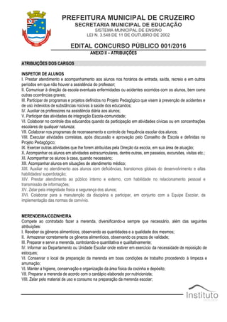 PREFEITURA MUNICIPAL DE CRUZEIRO
SECRETARIA MUNICIPAL DE EDUCAÇÃO
SISTEMA MUNICIPAL DE ENSINO
LEI N. 3.548 DE 11 DE OUTUBRO DE 2002
EDITAL CONCURSO PÚBLICO 001/2016
ANEXO II – ATRIBUIÇÕES
ATRIBUIÇÕES DOS CARGOS
INSPETOR DE ALUNOS
I. Prestar atendimento e acompanhamento aos alunos nos horários de entrada, saída, recreio e em outros
períodos em que não houver a assistência do professor;
II. Comunicar à direção da escola eventuais enfermidades ou acidentes ocorridos com os alunos, bem como
outras ocorrências graves;
III. Participar de programas e projetos definidos no Projeto Pedagógico que visem à prevenção de acidentes e
de uso indevidos de substâncias nocivas à saúde dos educandos;
IV. Auxiliar os professores na assistência diária aos alunos;
V. Participar das atividades de integração Escola-comunidade;
VI. Colaborar no controle dos educandos quando da participação em atividades cívicas ou em concentrações
escolares de qualquer natureza;
VII. Colaborar nos programas de recenseamento e controle de frequência escolar dos alunos;
VIII. Executar atividades correlatas, após discussão e aprovação pelo Conselho de Escola e definidas no
Projeto Pedagógico;
IX. Exercer outras atividades que lhe forem atribuídas pela Direção da escola, em sua área de atuação;
X. Acompanhar os alunos em atividades extracurriculares, dentre outras, em passeios, excursões, visitas etc.;
XI. Acompanhar os alunos à casa, quando necessário;
XII. Acompanhar alunos em situações de atendimento médico;
XIII. Auxiliar no atendimento aos alunos com deficiências, transtornos globais do desenvolvimento e altas
habilidades/ superdotação;
XIV. Prestar atendimento ao público interno e externo, com habilidade no relacionamento pessoal e
transmissão de informações;
XV. Zelar pela integridade física e segurança dos alunos;
XVI. Colaborar para a manutenção da disciplina e participar, em conjunto com a Equipe Escolar, da
implementação das normas de convívio.
MERENDEIRA/COZINHEIRA
Compete ao contratado fazer a merenda, diversificando-a sempre que necessário, além das seguintes
atribuições:
I. Receber os gêneros alimentícios, observando as quantidades e a qualidade dos mesmos;
II. Armazenar corretamente os gêneros alimentícios, observando os prazos de validade;
III. Preparar e servir a merenda, controlando-a quantitativa e qualitativamente;
IV. Informar ao Departamento ou Unidade Escolar onde estiver em exercício da necessidade de reposição de
estoques;
VI. Conservar o local de preparação da merenda em boas condições de trabalho procedendo à limpeza e
arrumação;
VI. Manter a higiene, conservação e organização da área física da cozinha e depósito;
VII. Preparar a merenda de acordo com o cardápio elaborado por nutricionista;
VIII. Zelar pelo material de uso e consumo na preparação da merenda escolar;
 