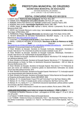 PREFEITURA MUNICIPAL DE CRUZEIRO
SECRETARIA MUNICIPAL DE EDUCAÇÃO
SISTEMA MUNICIPAL DE ENSINO
LEI N. 3.548 DE 11 DE OUTUBRO DE 2002
EDITAL CONCURSO PÚBLICO 001/2016
9. GADOTI, Moacir. História das ideias pedagógicas. São Paulo: Ática, 2001.
10. GANDIN, Danilo. Planejamento como prática educativa. São Paulo, SP: Loyola, 1993.
11. MOREIRA, Antônio Flávio Barbosa (org). Currículo: questões atuais. Campinas: Papirus, 2005.
12. MOREIRA, Marco Antônio. Aprendizagem Significativa. Brasília: UNB, 1999.
13. MORIN, Edgard. A cabeça bem feita: repensar a reforma, reformar o pensamento. Rio de Janeiro:
Bertrand do Brasil, 2000.
14. NEVES, Iara Conceição Bitencourt e outros (orgs.). Ler e escrever; compromisso de todas as áreas.
Porto Alegre: UFRGS Editora, 2007.
15. PERRENOUD, Philippe. Pedagogia diferenciada: das intenções à ação. Porto Alegre: Artmed, 2000.
16. REVISTA BRASILEIRA DE ESTUDOS PEDAGÓGICOS. MEC/INEP: Brasília, v. 92, no 232. 2011.
Disponível em http://www.publicacoes.inep.gov.br
17. VYGOTSKY, L.S. A formação social da mente. S. Paulo: Martins Fontes, 1999.
18. BRASIL / CONSELHO NACIONAL DE EDUCAÇÃO. Descritores da Matriz de Referência do SAEB /
Prova Brasil. Disponível em:
http://portal.mec.gov.br/index.php?option=com_content&view=article&id=209:matrizes-da- prova-brasil-e-do-
saeb&catid=143:prova-brasil (Caderno da Prova Brasil 2011).
19. Brasil. Ministério da Educação. Secretaria de Educação Continuada, Alfabetização, Diversidade e
Inclusão. Nota técnica nº 03. Crescimento da política de inclusão é realidade no país. 2011.
20. Brasil. Ministério da Educação. Secretaria de Educação Continuada, Alfabetização, Diversidade e
Inclusão. Nota técnica nº 05. Implementação da educação Bilíngue. 2011.
21. Brasil. Ministério da Educação. Secretaria de Educação Especial. Nota técnica nº 06. Avaliação de aluno
com deficiência intelectual. 2011.
22. Brasil. Ministério da Educação. Secretaria de Educação Especial. Nota técnica nº 11. Orientações para a
Institucionalização na Escola, da Oferta, do Atendimento Educacional Especializado – AEE em Salas de
Recursos Multifuncionais. 2010.
23. Brasil. Ministério da Educação. Secretaria de Educação Especial. Nota técnica nº 19. Profissionais de
apoio para alunos com deficiência e transtornos globais do desenvolvimento matriculados nas escolas
comuns das redes públicas de ensino. 2010.
24. Brasil. Ministério da Educação. Secretaria de Educação Especial. Nota técnica nº 13. A educação especial
e sua operacionalização pelos sistemas de ensino. 2008.
25. Brasil. Ministério da Educação. Secretaria de Educação Especial. Política Nacional de Educação Especial
na Perspectiva da Educação Inclusiva. Brasília: MEC/SEESP, 2008.
26. Mantoan, M. T. E. Inclusão Escolar: O que é? Por quê? Como fazer? 2 ed. São Paulo: Moderna, 2006.
27. Mantoan, M. T. E.; Prieto, R. Inclusão escolar: pontos e contrapontos. São Paulo: Summus, 2006.
28. Mantoan, M. T. E.; Santos, M. T. C. T. Atendimento educacional especializado: políticas públicas e gestão
nos municípios. São Paulo: Moderna, 2010.
29. Santos, M. T. T. Bem-vindo à escola: a inclusão nas vozes do cotidiano. Rio de Janeiro: DP&A, 2006.
LEGISLAÇÃO EDUCACIONAL: para todos os cargos de professor – PEB I e PEB II
1. Constituição da República Federativa do Brasil – promulgada em 05/10/88, artigos 5°, 37 ao 41, 205 ao
214, 227 ao 229.
2. Lei Federal n.º 9.394/96: Diretrizes e Bases da Educação Nacional.
3. Lei nº 8.069/90 – Estatuto da Criança e do Adolescente. Título I – Das Disposições Preliminares; Título II –
Dos Direitos Fundamentais – Capítulos I a V, Título III – Da Prevenção; Livro II (Parte Especial), Título I ao
Título V.
 