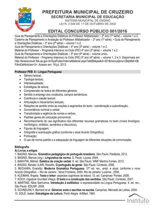 PREFEITURA MUNICIPAL DE CRUZEIRO
SECRETARIA MUNICIPAL DE EDUCAÇÃO
SISTEMA MUNICIPAL DE ENSINO
LEI N. 3.548 DE 11 DE OUTUBRO DE 2002
EDITAL CONCURSO PÚBLICO 001/2016
Guia de Planejamento e Orientações Didáticas do Professor Alfabetizador – 2º ano (1ª série) – volume 1 e 2.
Caderno de Planejamento e Avaliação do Professor Alfabetizador – 2º ano (1ª série). • Guia de Planejamento
e Orientações Didáticas – 3º ano (2ª série) – volume 1 e 2.
Guia de Planejamento e Orientações Didáticas – 4º ano (3ª série) – volume 1 e 2.
Material do Professor – Programa Intensivo no Ciclo (PIC) 4º ano (3ª série) – volume 1 e 2.
Guia de Planejamento e Orientações Didáticas – 5º ano (4ª série) – volume único.
Material do Professor - Programa Intensivo no Ciclo (PIC) 5º ano (4ª série) – volume 1, 2 e 3. Disponíveis em:
http://lereescrever.fde.sp.gov.br/SysPublic/InternaMaterial.aspx?alkfjlklkjaslkA=301&manudjsns=2&tpMat=0&
FiltroDeNoticias=3>. Acesso em: 18 jul. 2013.
Professor PEB II – Língua Portuguesa
 Gênero textual;
 Tipologia textual;
 Intertextualidade;
 Estratégias de leitura;
 Compreensão de textos de diferentes gêneros;
 Sentido e emprego dos vocábulos; campos semânticos;
 Coerência e coesão textual;
 Articulação e mecanismos textuais;
 Relações de sentido entre as orações e segmentos do texto - coordenação e subordinação;
 Concordância nominal e verbal;
 Transitividade e regência de nomes e verbos;
 Padrões gerais de colocação pronominal;
 Reconhecimento do uso significativo dos diferentes recursos gramaticais no texto (níveis fonológico,
morfológico, sintático, semântico e discursivo);
 Figuras de linguagem;
 Ortografia e acentuação gráfica (conforme o atual Acordo Ortográfico);
 Pontuação;
 O uso da norma padrão e a adequação da linguagem às diferentes situações de comunicação.
Bibliografia
A) Livros a artigos
1. BAGNO, Marcos. Gramática pedagógica do português brasileiro. São Paulo: Parábola, 2012.
2. BAGNO, Marcos (org.). Linguística da norma. S. Paulo: Loyola, 2004.
3. BAKHTIN, Mikhail. Estética da criação verbal. 6. ed. São Paulo: WMF Martins Fontes, 2012.
4. BASSO, Renato; ILARI, Rodolfo. O português da gente. São Paulo: Contexto, 2006.
5. BECHARA, Evanildo. Moderna Gramática Portuguesa. 37ª ed. rev., ampl. e atual. conforme o novo
Acordo Ortográfico. – Rio de Janeiro : Nova Fronteira, 2009. Rio de Janeiro: Lucerna , 2009.
6. KLEIMAN, Ângela. Texto e leitor: aspectos cognitivos da leitura. 12. ed. Campinas: Pontes, 2008.
7. KOCH, Ingedore Grunfeld Villaça. O texto e a construção dos sentidos. São Paulo: Contexto, 2007.
8. MARTINS, Nilce Sant‟anna. Introdução à estilística: a expressividade na Língua Portuguesa. 4. ed. rev.,
São Paulo: EDUSP, 2008.
9. SCHNEUWLY, Bernard et al. Gêneros orais e escritos na escola. Campinas: Mercado de Letras, 2004.
10. SOLÉ, Isabel. Estratégias de Leitura. Porto Alegre: ArtMed, 1998.
 