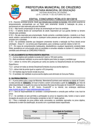 PREFEITURA MUNICIPAL DE CRUZEIRO
SECRETARIA MUNICIPAL DE EDUCAÇÃO
SISTEMA MUNICIPAL DE ENSINO
LEI N. 3.548 DE 11 DE OUTUBRO DE 2002
EDITAL CONCURSO PÚBLICO 001/2016
6.16 – Havendo candidata lactante, desde que indicada essa condição na inscrição, esta poderá ausentar-se
temporariamente, acompanhada por um fiscal, para amamentar durante a realização da prova, e
permanecerá em sala reservada para esta finalidade.
6.16.1 – Não haverá compensação do tempo de amamentação em favor da candidata.
6.16.2 – O lactente deverá ser acompanhado de adulto responsável por sua guarda (familiar ou terceiro
indicado pela candidata).
6.16.3 – Na sala reservada para amamentação, ficarão somente a candidata lactante, o lactente e um fiscal,
sendo vedada a permanência de babá ou quaisquer outras pessoas que tenham grau de parentesco ou de
amizade com a candidata.
6.16.4 - As candidatas lactantes que desejarem amamentar durante a realização da Prova deverá enviar
solicitação – Anexo VI – via correios para Organizadora, para o endereço e período citados no item 4.4.
6.17 – Em casos de comportamentos inadequados, desobediência a qualquer regulamento constante deste
Edital, persistência em comunicação entre os candidatos e consultas vedadas no subitem 6.3, deste Edital, o
candidato será eliminado do CONCURSO PÚBLICO.
7 – DO JULGAMENTO DA PROVA ESCRITA OBJETIVA
7.1 – A prova objetiva será avaliada na escala de 0 (zero) a 100 (cem) pontos.
7.2 – Será considerado habilitado na prova escrita objetiva para todos os cargos o candidato que:
7.2.1 – obtiver no mínimo 50% (cinquenta por cento) de acertos na Disciplina/Conteúdo de Conhecimentos
Específicos e;
7.2.2 – pontuar em todas as demais Disciplinas/Conteúdos da prova escrita objetiva e;
7.2.3 – obtiver total de pontos igual ou superior a 50 (cinquenta).
7.3 – Em hipótese alguma haverá revisão da prova.
7.4 – O candidato não habilitado na prova escrita objetiva será eliminado do Concurso Público.
8 – DA PROVA PRÁTICA
8.1 – A prova prática para o cargo de Motorista, Merendeira/Cozinheira será realizada na cidade de Cruzeiro,
na data prevista de 19/06/2016, em local e horário a serem comunicados a partir de 14/06/2016, por meio de
edital disponibilizado no quadro de avisos da Secretaria Municipal de Educação de Cruzeiro/SP, localizada na
Rua Dr. Carlos Varella, nº 647, Centro, Cruzeiro/SP e na internet, nos endereços eletrônicos
www.cruzeiro.sp.gov.br e www.institutoexcelenciapr.com.br.
8.1.1 – Será de responsabilidade do candidato o acompanhamento e consulta para verificar o seu local de
prova.
8.1.2 – Ao candidato só será permitida a participação na prova na respectiva data, horário e local a serem
divulgados de acordo com as informações constantes no item 8.1 deste capítulo.
8.2 – Para a realização da prova prática serão convocados os candidatos aprovados na prova objetiva,
obedecendo à ordem de classificação, de acordo com a quantidade abaixo especificada:
Cargo Quantidade de Candidatos
Convocados
Motorista 15
Merendeira/Cozinheira 25
 