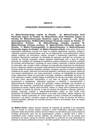 ANEXO III
ATRIBUIÇÕES, REMUNERAÇÕES E CARGA HORÁRIA
01. Médico/Anestesiologia (regime de Plantão); 02. Médico/Cirurgião Geral
Plantonista (regime de Plantão); 03. Médico/Clínico Geral Plantonista (regime de
Plantão); 04. Médico/Ginecologia Obstetrícia (regime de Plantão); 05. Médico
Ginecologista/obstetra; 06.Médico/Neonatologia Plantonista (regime de Plantão); 07.
Médico/Neuro Pediatria; 08. Médico/Patologia (citologia mamária); 09.
Médico/Patologia (citologia oncótica); 10. .Médico/Pediatra Plantonista (regime de
Plantão); 11. Médico Proctologista20h; 12. Médico/Psiquiatra; 13. Médico/Psiquiatra
Plantonista (regime de Plantão); 14. Médico Psiquiatra Infantil: atuar como clínico e/ou
especialista; estabelecer conduta com base na suspeita diagnóstica; requisitar, analisar e
interpretar exames complementares, para fins de diagnósticos e acompanhamento clínico;
realizar registros nos prontuários; realizar cirurgias e tratamentos específicos; realizar
atividades laboratoriais; participar de atividades de pesquisa; participar de comissões de
controle de infecção hospitalar; realizar palestras relacionadas com a área de saúde;
participar da avaliação da qualidade da assistência médica prestada ao paciente; participar
de reuniões administrativas e científicas do corpo médico; preencher e assinar formulários
de internação, alta, cirurgia e óbito; participar na execução dos programas de atendimento
ensino e pesquisa médica e da equipe multiprofissional; emitir laudos pareceres e relatórios;
fornecer dados de interesse estatístico; planejar, coordenar, executar e avaliar atividades de
assistência em saúde, intervindo com técnicas específica, individuais e/ou grupais, dentro de
uma equipe interdisciplinar, nos níveis preventivos, curativos, de reabilitação de reinserção
social; desenvolver ações de prevenção, promoção, proteção e reabilitação da saúde, no
nível individual e coletivo; realizar triagem e admissão nos serviços de saúde; emitir parecer
e laudos sobre assuntos relacionados a sua área de atuação; coordenar grupos
operacionais e terapêuticos, elaborando pareceres e relatórios e acompanhando o
desenvolvimento individual e grupal dos pacientes; realizar atividades que envolvam os
familiares dos pacientes; supervisionar estagiários e residentes; dar suporte técnico aos
programas de saúde; realizar visita domiciliar; instituir ou utilizar fóruns pertinentes junto à
comunidade no sentido de articular a rede de serviços de proteção e atenção; gerenciar,
planejar, pesquisar, analisar e realizar/operacionalizar ações na área social numa
perspectiva de trabalho inter/transdisciplinar e de ação comunitária; realizar registros nos
prontuários; realizar supervisão em outros órgãos e compor comissão de investigação de
denúncias e de óbitos; coordenar equipe de inspeção na área de serviços de saúde e
controle hospitalar; participar de reuniões técnicas e junta à comunidade; atuar em equipe
multidisciplinar.
15. Médico Perito: realizar perícias médicas de avaliação da sanidade e da capacidade
física e mental no serviço público municipal e emitir certificados, atestados, laudos e
pareceres delas decorrentes; realizar perícias médicas nos servidores para comprovação de
invalidez permanente para fins de aposentadoria, proferir a decisão final e emitir o
competente laudo, realizar perícias médicas nos servidores para fins de licença para
tratamento de saúde, licença ao servidor acidentado no exercício de suas atribuições ou
atestado de doença profissional, licença à servidora gestante, licença por motivo de doença
34
 