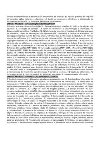 43
tabelas de temporalidade e destinação de documentos de arquivos. 12 Políticas públicas dos arquivos
permanentes: ações culturais e educativas. 13 Gestão de documentos eletrônicos e digitalização de
documentos arquivísticos. 14 Sistemas e métodos de arquivamento.
CARGO 4 ANALISTA – ESPECIALIZAÇÃO: BIBLIOTECONOMIA
1 Pesquisa e desenvolvimento de coleções. 1.1 Desenvolvimento de coleções. 1.2 Políticas de seleções e de
aquisição. 1.3 Avaliação de coleções. 1.4 Fontes de informação. 2 Documentação e informação. 2.1
Documentação: conceitos e finalidades. 2.2 Biblioteconomia: conceitos e finalidades. 2.3 Preparação guias
de bibliotecas, centro de informações e de documentação. 3 Processos e técnicas de tratamento. 3.1
Catalogação descritiva (AACR2) de livros, artigos, CD-ROM, fitas. 3.2 Princípios. 3.3 Estrutura. 3.4 Normas
técnicas de referência. 3.5 Classificação Decimal Universal (CDU). 3.6 Indexação de documentos. 3.7
Linguagem documentária, descritores elaboração de tesauro, vocabulário controlado. 3.8 Organização e
administração de bibliotecas e centros de documentação. 3.9 Preparação de índices. 4 Normas técnicas
para a área de documentação. 4.1 Normas da Associação Brasileira de Normas Técnicas (ABNT). 4.2
Referência bibliográfica (ABNT 6023). 4.3 Numeração progressiva (ABNT 6024). 4.4 Sumários (ABNT 6027).
4.5 Resumo (ABNT 6028). 4.6 Apresentação de livros (ABNT 6029). 4.7 Apresentação de citações (ABNT
10520). 4.8 Lombada de livro (ABNT 12225). 4.9 Método para análise de documentos (ABNT 12676). 4.10
Apresentação trabalhos acadêmicos (ABNT 14724). 5 Serviço de referência. 5.1 Organização de serviço de
alerta. 5.2 Disseminação seletiva da informação e marketing em bibliotecas. 5.3 Novas tecnologias:
internet, intranet e bibliotecas digitais (virtuais e eletrônicas). 5.4 Referência bibliográfica: conceituação,
teoria, classificação, histórico. 5.5 Norma ABNT 6023. 5.6 Estratégias de busca de informação. 5.7
Recuperação de Informação. 5.8 Planejamento e etapas de elaboração da busca. 5.9 Atendimento ao
usuário. 5.10 Uso e acesso a bases de dados e fontes de informação on-line. 6 Automação. 6.1 US MARC.
6.2 Banco de Dados. 6.3 Planejamento da automação de bibliotecas. 6.4 Sistemas informatizados nacionais
e internacionais. 6.5 Informática para bibliotecas. 7 Controle e produção. 7.1 Noções de bibliometria. 7.2
Controle do acervo. 8 Estudo de usuário. 8.1 Métodos e abordagens. 8.2 Necessidades de Informação.
CARGO 5 ANALISTA – ESPECIALIZAÇÃO: COMUNICAÇÃO SOCIAL
1 Teorias da comunicação. 1.1 Conceitos, paradigmas, principais teorias. 1.2 Globalização da informação. 1.3
Massificação versus segmentação dos públicos. 1.4 Interatividade na comunicação. 1.5 Novos meios de
comunicação. 2 História dos meios de comunicação no mundo e no Brasil (jornalismo, rádio e TV). 3 Ética e
legislação em comunicação. 3.1 Constituição da República (Título VIII, cap. V e suas alterações). 3.2 Código
de ética do jornalista. 3.2 Código de ética do relações públicas. 3.3 Código brasileiro de auto-
regulamentação publicitária (CONAR). 4 Comunicação Pública. 4.1 Conceitos e práticas (Instrução Normativa
SECOM-PR nº 5 de 6 de junho de 2011). 5 Opinião pública. 5.1 Pesquisa, estudo e análise em busca de
canais de interação com cada público específico. 6 Comunicação organizacional. 6.1 Composto da
comunicação. 6.2 Comunicação integrada. 6.3 Comunicação interna: conceito, objetivos, canais. 6.4
Comunicação de crise. 6.5 Gestão da imagem institucional e de marca. 7 Jornalismo. 7.1 Gêneros de
redação: definição e elaboração da notícia. 7.2 Reportagem, entrevista, editorial, crônica, coluna, pauta,
informativo, comunicado. 7.3 Técnicas de redação jornalística: lead, sub-lead, pirâmide invertida. 7.4
Critérios de seleção de notícia: redação, edição. 7.5 Noções de redação para telejornalismo, webjornalismo
e radiojornalismo. 8 Assessoria de Imprensa. 8.1 Assessoria pública versus assessoria de empresa. 8.2
Objeto e técnicas de assessoria de imprensa. 8.3 Produtos e serviços de uma assessoria de imprensa
(release, exclusiva, coletiva). 8.4 Mensuração de resultados (clipping, auditoria de imagem, sensoriamento
de mídia). 8.5 Porta-vozes institucionais e media training. 9 Relações Públicas: origem, conceitos, teorias,
papel do profissional. 9.1 Planejamento estratégico de comunicação. 9.2 Processo de comunicação nas
organizações. 9.3 Planejamento e organização de eventos. 9.4 Conceitos básicos de cerimonial e protocolo.
 