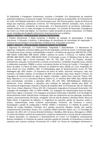 44
10 Publicidade e Propaganda: fundamentos, conceitos e finalidade. 10.1 Planejamento de campanha
publicitária (objetivos e processo de criação). 10.2 Estrutura de agências de publicidade. 10.3 Planejamento
em mídia. 10.4 Redação publicitária. 10.5 Comunicação visual. 10.6 Processo gráfico: noções de técnicas de
design para impressos, audiovisuais e internet. 10.7 Planejamento editorial: ilustrações, cores, visual da
publicação. 11 Temas emergentes de comunicação. 11.1 Relacionamento do jornalismo, publicidade e
relações públicas com as novas tecnologias de comunicação. 11.2 Conceito de hipermídia, convergências
dos meios e as mídias web digitais. 11.3 Conceito e noções de gestão de portais corporativos. 11.4 Mídias
sociais: estratégias de divulgação institucional e relacionamento com os públicos.
CARGO 6 ANALISTA – ESPECIALIZAÇÃO: DESENHO INSTRUCIONAL
1 Projetos educacionais. 2 Mapa conceitual. 3 Modelos de avaliação de aprendizagem. 4 Design
Instrucional. 5 Educação à distância. 6 Metodologia de identificação de necessidade de capacitação. 7
Ambiente de aprendizagem virtual (Moodle). 8 Software livre. 9 Educação corporativa.
CARGO 7 ANALISTA – ESPECIALIZAÇÃO: DESENVOLVIMENTO DE SISTEMAS
1 Segurança da informação. 1.1 Confiabilidade, integridade e disponibilidade. 1.2 Mecanismos de
segurança: criptografia, assinatura digital, garantia de integridade, controle de acesso e certificação digital.
1.3 Gerência de riscos: ameaça, vulnerabilidade e impacto. 1.4 Políticas de segurança: NBR ISO/ IEC 17799,
NBR ISO/IEC 27001:2006, NBR ISO/IEC 15408 e políticas de senhas. 2 Processo. 2.1 Padrões (CMMI,
MPS/BR, NBR ISO/IEC 12207 e NBR ISO/IEC 9126). 2.2 Orientado a reuso. 2.3 Modelos Ciclos de Vida. 2.4
Cascata, Iterativo, Ágil e Formal (exemplos: RUP, XP, TDP, DDP, Scrum). 2.5 Projetos: iniciação,
planejamento, execução, monitoramento e controle, encerramento. 2.6 Modelos de gestão: bazar, catedral
e colaborativo (exemplos: PMBOK e outros), estimativas (Análise de Pontos de Função). 3 Tecnologia. 3.1
Banco de dados. 3.2 Banco de dados relacional em plataforma baixa, MySQL em Linux, PostgreSQL em
Linux, Oracle em Linux, ADABAS e XML. 3.3 Metodologias ágeis de desenvolvimento: Scrum, XP, TDD,
Modelagem Ágil, DDD, Kanben. 3.4 Arquitetura de banco de dados: relacional, hierárquico, rede, lista
invertida e orientado a objetos. 3.5 Servidores de Web e de aplicação: Zope, Jboss, Apache e Tomcat. 3.6
Linguagens de implementação de regras de negócio: orientada a objeto (Java, Javascript, Phyton, PHP,
Ruby, Objective C e C++) e procedural (Natural, Cobol e C). 3.7 Interface Web: GIMP, Ajax, Padrões Web
para interatividade, animações e aplicações offline. CSS, SVG, SMIL, XMLHttpRequest, WebRunners
(XULRunner, Prism, bibliotecas e aplicações para tradução de aplicações desktop para Web). 3.8
Ferramentas de diagramação e desenho e Engines de templates Web. 3.9 Frameworks: EJB, JSF, Hibernate,
Tiles, Struts, Eclipse, Objective C Plone, GTK, QT e Frameworks integradores (Framework Demoiselle). 3.10
Linguagem de modelagem: UML 2.x, BPM e BPMN. 3.11 Linguagem de implementação banco de dados:
banco físico, lógico e conceitual. 3.12 Linguagens procedurais embarcadas e SQL/ANSI. 3.13 Tecnologia de
desenvolvimento móvel: Android (view e viewgroup, tipos de componentes de uma aplicação, arquitetura,
projeto e desenvolvimento), IOS (views, navegação, ciclo de vida de objetos) e Windows Phone, Banco de
Dados SQLite. 4 Engenharia de Software. 4.1 Engenharia de requisitos, gestão de requisitos, análise e
projeto, implementação, testes (unitários automatizados, funcionais, não funcionais e outros),
homologação e gestão de configuração e ISO/IEC 14598-3. 5 Arquitetura. 5.1 Padrões de projeto. 5.2
Padrões de criação (Singleton, Prototype, etc.), padrões estruturais (Adapter, Facade, etc), padrões
comportamentais (Command, Iterator, etc.) e padrões GRASP (Controler, Expert, etc.). 5.3 Tecnologia de
mercado: JSE, JME e JEE. 5.4 Service-Oriented Architeture: Workflow, Web Services, Mensageria e CORBA.
5.5 Linhas de Produtos: domínio de componentes, criação de componentes e ciclo de vida de componentes.
6 Tópicos Avançados. 6.1 Arquitetura e desenvolvimento em nuvem. 6.2 Inteligência computacional,
Business Intelligence. 6.3 Sistemas de suporte a decisão e gestão de conteúdo. 6.4 Arquitetura e análise de
requisitos para sistemas analíticos, ferramentas ETL e OLAP. 6.5 Técnica de modelagem dimensional e
 