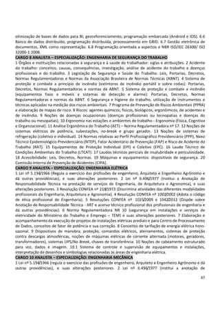 45
otimização de bases de dados para BI, georeferenciamento, programação embarcada (Android e IOS). 6.6
Banco de dados distribuído, programação distribuída, processamento em GRID. 6.7 Gestão eletrônica de
documentos, XML como representação. 6.8 Programação orientada a aspectos e NBR ISO/IEC 26300/ ISO
32000-1:2008.
CARGO 8 ANALISTA – ESPECIALIZAÇÃO: ENGENHARIA DE SEGURANÇA DO TRABALHO
1 Órgãos e instituições relacionadas à segurança e à saúde do trabalhador: siglas e atribuições. 2 Acidente
do trabalho: conceitos, causas, consequências, investigação, análise de acidente do trabalho e doenças
profissionais e do trabalho. 3 Legislação de Segurança e Saúde do Trabalho: Leis, Portarias, Decretos,
Normas Regulamentadoras e Normas da Associação Brasileira de Normas Técnicas (ABNT). 4 Sistema de
proteção e combate a princípio de incêndio (extintores de incêndio portátil e sobre rodas): Portarias,
Decretos, Normas Regulamentadoras e normas da ABNT. 5 Sistema de proteção e combate a incêndio
(equipamentos fixos e móveis e sistemas de detecção e alarme): Portarias, Decretos, Normas
Regulamentadoras e normas da ABNT. 6 Segurança e higiene do trabalho, utilização de instrumentos e
técnicas aplicadas na medição dos riscos ambientais. 7 Programa de Prevenção de Riscos Ambientais (PPRA)
e elaboração de mapas de risco. 8 Riscos: agentes químicos, físicos, biológicos, ergonômicos, de acidentes e
de incêndio. 9 Noções de doenças ocupacionais (doenças profissionais ou tecnopatias e doenças do
trabalho ou mesopatias). 10 Ergonomia nas estações e ambientes de trabalho - Ergonomia (Física, Cognitiva
e Organizacional). 11 Análise Ergonômica do Trabalho (AET) – Norma Regulamentadora nº 17. 12 Noções de
sistemas elétricos de potência, subestações, no-break e grupo gerador. 13 Noções de sistemas de
refrigeração (coletivo e individual). 14 Normas relativas ao Perfil Profissiográfico Previdenciário (PPP), Nexo
Técnico Epidemiológico Previdenciário (NTEP), Fator Acidentário de Prevenção (FAP) e Risco de Acidente do
Trabalho (RAT). 15 Equipamentos de Proteção Individual (EPI) e Coletivo (EPC). 16 Laudo Técnico de
Condições Ambientais do Trabalho (LTCAT). 17 Laudos técnicos periciais de insalubridade e periculosidade.
18 Acessibilidade: Leis, Decretos, Normas. 19 Máquinas e equipamentos: dispositivos de segurança. 20
Comissão Interna de Prevenção de Acidentes (CIPA).
CARGO 9 ANALISTA – ESPECIALIZAÇÃO: ENGENHARIA ELÉTRICA
1 Lei nº 5.194/1966 (Regula o exercício das profissões de engenheiro, Arquiteto e Engenheiro Agrônomo e
dá outras providências), e suas alterações posteriores. 2 Lei nº 6.496/1977 (Institui a Anotação de
Responsabilidade Técnica na prestação de serviços de Engenharia, de Arquitetura e Agronomia), e suas
alterações posteriores. 3 Resolução CONFEA nº 218/1973 (Discrimina atividades das diferentes modalidades
profissionais da Engenharia, Arquitetura e Agronomia). 4 Resolução CONFEA nº 1002/2002 (Adota o código
de ética profissional de Engenharia). 5 Resoluções CONFEA nº 1025/2009 e 1042/2012 (Dispõe sobre
Anotação de Responsabilidade Técnica - ART e acervo técnico profissional dos profissionais de engenharia e
dá outras providências). 6 Norma Regulamentadora NR 10 (segurança em instalações e serviços de
eletricidade do Ministério do Trabalho e Emprego – TEM) e suas alterações posteriores. 7 Elaboração e
acompanhamento da execução de projetos de instalações elétricas prediais e para Centro de Processamento
de Dados, conceitos de fator de potência e sua correção. 8 Conceitos de tarifação de energia elétrica horo-
sazonal. 9 Dispositivos de manobra, proteção, comandos elétricos, aterramentos, sistemas de proteção
contra descargas atmosféricas, noções de máquinas elétricas de corrente alternada (motores, geradores,
transformadores), sistemas UPS/No Break, chaves de transferência. 10 Noções de cabeamento estruturado
para voz, dados e imagem. 10.1 Sistema de controle e supervisão de equipamentos e instalações,
interpretação de desenhos e simbologias relacionadas às áreas de engenharia elétrica.
CARGO 10 ANALISTA – ESPECIALIZAÇÃO: ENGENHARIA MECÂNICA
1 Lei nº 5.194/1966 (regula o exercício das profissões de engenheiro, Arquiteto e Engenheiro Agrônomo e dá
outras providências), e suas alterações posteriores. 2 Lei nº 6.496/1977 (institui a anotação de
 