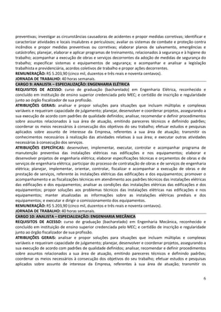 6
preventivas; investigar as circunstâncias causadoras de acidentes e propor medidas corretivas; identificar e
caracterizar atividades e locais insalubres e periculosos; avaliar os sistemas de combate e proteção contra
incêndios e propor medidas preventivas ou corretivas; elaborar planos de salvamento, emergências e
catástrofes; planejar, elaborar e aplicar programas de treinamento, relacionados à segurança e à higiene do
trabalho; acompanhar a execução de obras e serviços decorrentes da adoção de medidas de segurança do
trabalho; especificar sistemas e equipamentos de segurança; e acompanhar e analisar a legislação
trabalhista e previdenciária, acordos coletivos de trabalho e propor ações decorrentes.
REMUNERAÇÃO: R$ 5.203,90 (cinco mil, duzentos e três reais e noventa centavos).
JORNADA DE TRABALHO: 40 horas semanais.
CARGO 9: ANALISTA – ESPECIALIZAÇÃO: ENGENHARIA ELÉTRICA
REQUISITOS DE ACESSO: curso de graduação (bacharelado) em Engenharia Elétrica, reconhecido e
concluído em instituição de ensino superior credenciada pelo MEC; e certidão de inscrição e regularidade
junto ao órgão fiscalizador de sua profissão.
ATRIBUIÇÕES GERAIS: analisar e propor soluções para situações que incluam múltiplas e complexas
variáveis e requeiram capacidade de julgamento; planejar, desenvolver e coordenar projetos, assegurando a
sua execução de acordo com padrões de qualidade definidos; analisar, recomendar e definir procedimentos
sobre assuntos relacionados à sua área de atuação, emitindo pareceres técnicos e definindo padrões;
coordenar os meios necessários à consecução dos objetivos do seu trabalho; efetuar estudos e pesquisas
aplicados sobre assunto de interesse da Empresa, referentes a sua área de atuação; transmitir os
conhecimentos necessários à realização das atividades relativas à sua área; e executar outras atividades
necessárias à consecução dos serviços.
ATRIBUIÇÕES ESPECÍFICAS: desenvolver, implementar, executar, controlar e acompanhar programa de
manutenção preventiva das instalações elétricas nas edificações e nos equipamentos; elaborar e
desenvolver projetos de engenharia elétrica; elaborar especificações técnicas e orçamentos de obras e de
serviços de engenharia elétrica; participar do processo de contratação de obras e de serviços de engenharia
elétrica; planejar, implementar, orientar, controlar, fiscalizar e acompanhar a execução de obras e de
prestação de serviços, referente às instalações elétricas das edificações e dos equipamentos; promover o
acompanhamento e as fiscalizações técnicas em atendimento aos padrões técnicos das instalações elétricas
das edificações e dos equipamentos; analisar as condições das instalações elétricas das edificações e dos
equipamentos; propor soluções aos problemas técnicos das instalações elétricas nas edificações e nos
equipamentos; manter atualizadas as informações sobre as instalações elétricas prediais e dos
equipamentos; e executar e dirigir o comissionamento dos equipamentos.
REMUNERAÇÃO: R$ 5.203,90 (cinco mil, duzentos e três reais e noventa centavos).
JORNADA DE TRABALHO: 40 horas semanais.
CARGO 10: ANALISTA – ESPECIALIZAÇÃO: ENGENHARIA MECÂNICA
REQUISITOS DE ACESSO: curso de graduação (bacharelado) em Engenharia Mecânica, reconhecido e
concluído em instituição de ensino superior credenciada pelo MEC; e certidão de inscrição e regularidade
junto ao órgão fiscalizador de sua profissão.
ATRIBUIÇÕES GERAIS: analisar e propor soluções para situações que incluam múltiplas e complexas
variáveis e requeiram capacidade de julgamento; planejar, desenvolver e coordenar projetos, assegurando a
sua execução de acordo com padrões de qualidade definidos; analisar, recomendar e definir procedimentos
sobre assuntos relacionados a sua área de atuação, emitindo pareceres técnicos e definindo padrões;
coordenar os meios necessários à consecução dos objetivos do seu trabalho; efetuar estudos e pesquisas
aplicados sobre assunto de interesse da Empresa, referentes à sua área de atuação; transmitir os
 