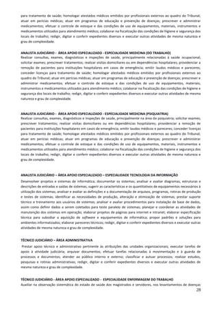 28
para tratamento de saúde; homologar atestados médicos emitidos por profissionais externos ao quadro do Tribunal;
atuar em perícias médicas; atuar em programas de educação e prevenção de doenças; prescrever e administrar
medicamentos; efetuar o controle de estoque e das condições de uso de equipamentos, materiais, instrumentos e
medicamentos utilizados para atendimento médico; colaborar na fiscalização das condições de higiene e segurança dos
locais de trabalho; redigir, digitar e conferir expedientes diversos e executar outras atividades de mesma natureza e
grau de complexidade.
ANALISTA JUDICIÁRIO - ÁREA APOIO ESPECIALIZADO - ESPECIALIDADE MEDICINA (DO TRABALHO)
Realizar consultas, exames, diagnósticos e inspeções de saúde, principalmente relacionadas à saúde ocupacional;
solicitar exames; prescrever tratamentos; realizar visitas domiciliares ou em dependências hospitalares; providenciar a
remoção de pacientes para instituições hospitalares em casos de emergência; emitir laudos médicos e pareceres;
conceder licenças para tratamento de saúde; homologar atestados médicos emitidos por profissionais externos ao
quadro do Tribunal; atuar em perícias médicas; atuar em programas de educação e prevenção de doenças; prescrever e
administrar medicamentos; efetuar o controle de estoque e das condições de uso de equipamentos, materiais,
instrumentos e medicamentos utilizados para atendimento médico; colaborar na fiscalização das condições de higiene e
segurança dos locais de trabalho; redigir, digitar e conferir expedientes diversos e executar outras atividades de mesma
natureza e grau de complexidade.
ANALISTA JUDICIÁRIO - ÁREA APOIO ESPECIALIZADO - ESPECIALIDADE MEDICINA (PSIQUIATRIA)
Realizar consultas, exames, diagnósticos e inspeções de saúde, principalmente na área de psiquiatria; solicitar exames;
prescrever tratamentos; realizar visitas domiciliares ou em dependências hospitalares; providenciar a remoção de
pacientes para instituições hospitalares em casos de emergência; emitir laudos médicos e pareceres; conceder licenças
para tratamento de saúde; homologar atestados médicos emitidos por profissionais externos ao quadro do Tribunal;
atuar em perícias médicas; atuar em programas de educação e prevenção de doenças; prescrever e administrar
medicamentos; efetuar o controle de estoque e das condições de uso de equipamentos, materiais, instrumentos e
medicamentos utilizados para atendimento médico; colaborar na fiscalização das condições de higiene e segurança dos
locais de trabalho; redigir, digitar e conferir expedientes diversos e executar outras atividades de mesma natureza e
grau de complexidade.
ANALISTA JUDICIÁRIO – ÁREA APOIO ESPECIALIZADO – ESPECIALIDADE TECNOLOGIA DA INFORMAÇÃO
Desenvolver projetos e sistemas de informática; documentar os sistemas; analisar e avaliar diagramas, estruturas e
descrições de entradas e saídas de sistemas; sugerir as características e os quantitativos de equipamentos necessários à
utilização dos sistemas; analisar e avaliar as definições e a documentação de arquivos, programas, rotinas de produção
e testes de sistemas; identificar as necessidades de produção, alteração e otimização de sistemas; prestar suporte
técnico e treinamento aos usuários de sistemas; analisar e avaliar procedimentos para instalação de base de dados,
assim como definir dados a serem coletados para teste paralelo de sistemas; planejar e coordenar as atividades de
manutenção dos sistemas em operação; elaborar projetos de páginas para internet e intranet; elaborar especificação
técnica para subsidiar a aquisição de software e equipamentos de informática; propor padrões e soluções para
ambientes informatizados; elaborar pareceres técnicos; redigir, digitar e conferir expedientes diversos e executar outras
atividades de mesma natureza e grau de complexidade.
TÉCNICO JUDICIÁRIO – ÁREA ADMINISTRATIVA
Prestar apoio técnico e administrativo pertinente às atribuições das unidades organizacionais; executar tarefas de
apoio à atividade judiciária; arquivar documentos; efetuar tarefas relacionadas à movimentação e à guarda de
processos e documentos; atender ao público interno e externo; classificar e autuar processos; realizar estudos,
pesquisas e rotinas administrativas; redigir, digitar e conferir expedientes diversos e executar outras atividades de
mesma natureza e grau de complexidade.
TÉCNICO JUDICIÁRIO - ÁREA APOIO ESPECIALIZADO - ESPECIALIDADE ENFERMAGEM DO TRABALHO
Auxiliar na observação sistemática do estado de saúde dos magistrados e servidores, nos levantamentos de doenças
 