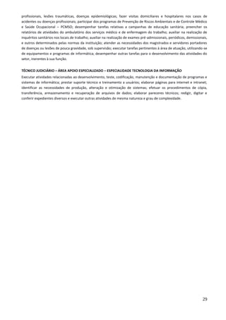 29
profissionais, lesões traumáticas, doenças epidemiológicas; fazer visitas domiciliares e hospitalares nos casos de
acidentes ou doenças profissionais; participar dos programas de Prevenção de Riscos Ambientais e de Controle Médico
e Saúde Ocupacional – PCMSO; desempenhar tarefas relativas a campanhas de educação sanitária; preencher os
relatórios de atividades do ambulatório dos serviços médico e de enfermagem do trabalho; auxiliar na realização de
inquéritos sanitários nos locais de trabalho; auxiliar na realização de exames pré-admissionais, periódicos, demissionais,
e outros determinados pelas normas da instituição; atender as necessidades dos magistrados e servidores portadores
de doenças ou lesões de pouca gravidade, sob supervisão; executar tarefas pertinentes à área de atuação, utilizando-se
de equipamentos e programas de informática; desempenhar outras tarefas para o desenvolvimento das atividades do
setor, inerentes à sua função.
TÉCNICO JUDICIÁRIO – ÁREA APOIO ESPECIALIZADO – ESPECIALIDADE TECNOLOGIA DA INFORMAÇÃO
Executar atividades relacionadas ao desenvolvimento, teste, codificação, manutenção e documentação de programas e
sistemas de informática; prestar suporte técnico e treinamento a usuários; elaborar páginas para internet e intranet;
identificar as necessidades de produção, alteração e otimização de sistemas; efetuar os procedimentos de cópia,
transferência, armazenamento e recuperação de arquivos de dados; elaborar pareceres técnicos; redigir, digitar e
conferir expedientes diversos e executar outras atividades de mesma natureza e grau de complexidade.
 