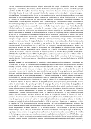 31
Judiciais: responsabilidade pelos honorários periciais, Gratuidade de Justiça. Do Ministério Público do Trabalho:
organização e competência. Do processo judiciário do trabalho: princípios gerais do processo trabalhista (aplicação
subsidiária do CPC). Prescrição e decadência. Prescrição intercorrente. Dos atos, termos e prazos processuais. Da
distribuição. Do valor da causa no Processo do Trabalho; Das custas e emolumentos. Custas e emolumentos para a
Fazenda Pública. Hipóteses de isenção. Das partes e procuradores; do jus postulandi; da substituição e representação
processuais. Da representação da massa falida e das empresas em Recuperação judicial. Do litisconsórcio no Processo
do Trabalho; da assistência judiciária; dos honorários de advogado: sucumbenciais e honorários contratados. Das
nulidades e das exceções: hipóteses ensejadoras, prazo e forma de arguição. Da responsabilidade por Dano Processual.
Dos conflitos de jurisdição/competência. Das audiências: de conciliação, de instrução e de julgamento; da notificação
das partes; do arquivamento do processo; da revelia e confissão. Das provas. Da decisão e sua eficácia. Dos dissídios
individuais: da forma de reclamação e notificação; da reclamação escrita e verbal; da legitimidade para ajuizar. Do
procedimento ordinário e sumaríssimo. Dos procedimentos especiais: inquérito para apuração de falta grave, ação
rescisória e mandado de segurança. Da ação civil pública. Do Incidente de Desconsideração da Personalidade Jurídica.
Do processo de Jurisdição Voluntária para homologação de acordo extrajudicial. Da liquidação da sentença: por cálculo,
por artigos e por arbitramento. Dos dissídios coletivos: extensão, cumprimento e revisão da sentença normativa. Da
execução: execução provisória e definitiva; execução por prestações sucessivas; execução contra a Fazenda Pública;
execução contra a massa falida. Da citação, do depósito da condenação e da nomeação de bens. Garantias na execução.
Seguro-fiança e seguro-garantia; do mandado e da penhora; dos bens penhoráveis e impenhoráveis; da
impenhorabilidade do bem de família (Lei nº 8.009/1990). Dos embargos à execução; da impugnação à sentença; dos
embargos de terceiros. Da praça e leilão; da arrematação; das custas na execução. Dos recursos no processo do
trabalho. Normas atinentes ao Processo Judicial Eletrônico; Lei 13.467 de 2017 (Reforma Trabalhista); Da Política
Judiciária de Tratamento Adequado das Disputas de Interesse na Justiça do Trabalho (Resoluções CSJT nºs 174/2016 e
288/2021 e Resolução Administrativa TRT4 nº 05/2022); Súmulas e Orientações Jurisprudenciais do TST em matéria de
Direito Processual do Trabalho; Instruções Normativas e Atos em Geral do TST em matéria de Direito Processual do
Trabalho. Súmulas Vinculantes do Supremo Tribunal Federal relativas ao Direito Processual do Trabalho. Lei 6858/80.
Lei 5584/70.
Direito do Trabalho: Dos princípios e fontes do Direito do Trabalho. Dos direitos constitucionais dos trabalhadores (art.
7º da CF/1988). Da relação de trabalho e da relação de emprego: requisitos e distinção; relações de trabalho lato sensu:
trabalho autônomo, trabalho eventual, trabalho temporário e trabalho avulso. Trabalho intermitente. Dos sujeitos do
contrato de trabalho stricto sensu: do empregado e do empregador: conceito e caracterização; dos poderes do
empregador no contrato de trabalho. Do grupo econômico; da sucessão de empregadores; da responsabilidade
solidária e subsidiária. Da identificação profissional: da Carteira de Trabalho e Previdência Social - CTPS, sua emissão,
entrega e anotações; do valor das anotações da CTPS. Do contrato individual de trabalho: conceito, classificação e
características. Da alteração do contrato de trabalho: alteração unilateral e bilateral; o jus variandi. Da suspensão e
interrupção do contrato de trabalho: caracterização e distinção. Da rescisão do contrato de trabalho: das justas causas;
da despedida indireta; da dispensa arbitrária; da despedida coletiva; da culpa recíproca; da indenização. Do aviso
prévio. Da estabilidade e das garantias provisórias de emprego: das formas de estabilidade; da despedida e da
reintegração de empregado estável; da força maior. Da duração do trabalho: da jornada de trabalho; Jornada In itinere;
dos períodos de descanso; do intervalo para repouso e alimentação; do descanso semanal remunerado; do trabalho
noturno e do trabalho extraordinário; do sistema de compensação de horas. Do salário mínimo: conceito,
irredutibilidade e garantia. Das férias: do direito a férias e da sua duração; da concessão e da época das férias; das férias
coletivas; da remuneração e do abono de férias, dos efeitos da cessação do contrato de trabalho; do início da
prescrição. Do salário e da remuneração: conceito e distinções; composição do salário; modalidades de salário; formas e
meios de pagamento do salário; 13º salário. Da equiparação salarial: hipóteses ensejadoras e forma de aferição; do
princípio da igualdade de salário; do desvio de função. Do FGTS. Da prescrição e decadência. Da segurança e medicina
no trabalho: da CIPA; do equipamento de proteção individual - EPI; das atividades insalubres e perigosas. Das
disposições especiais sobre duração e condições de Trabalho (Capítulo I do Título III da CLT); Da proteção ao trabalho da
mulher, da gestante e do menor (Capítulos III e IV do Título III da CLT). Da estabilidade da gestante; da licença-
maternidade (art. 10 do ADCT). Do direito coletivo do trabalho: da liberdade sindical (Convenção nº 87 da OIT); da
organização sindical: conceito de categoria; categoria diferenciada; das convenções e dos acordos coletivos de trabalho.
Do direito de greve; dos serviços essenciais. Da renúncia e transação. Do teletrabalho (Lei nº 13.467/2017). Dano moral
nas relações de trabalho. Súmulas e Orientações da Jurisprudência uniformizada do Tribunal Superior do Trabalho sobre
Direito do Trabalho. Súmulas Vinculantes do Supremo Tribunal Federal relativas ao Direito do Trabalho. Instruções e
 