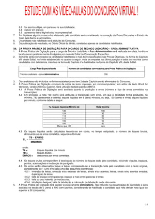 ESTUDE COM AS VÍDEO-AULAS DO CONCURSO VIRTUAL !
     6.3 for escrita a lápis, em parte ou na sua totalidade;
     6.4 estiver em branco;
     6.5 apresentar letra ilegível e/ou incompreensível.
7.   Em hipótese alguma o rascunho elaborado pelo candidato será considerado na correção da Prova Discursiva – Estudo de
     Caso pela banca examinadora.
8.   O candidato não habilitado será excluído do Concurso.
9.   Da publicação do resultado, no Diário Oficial da União, constarão apenas os candidatos habilitados.

XII. DA PROVA PRÁTICA DE DIGITAÇÃO PARA O CARGO DE TÉCNICO JUDICIÁRIO – ÁREA ADMINISTRATIVA
1.   A Prova Prática de Digitação para o cargo de Técnico Judiciário – Área Administrativa será realizada em data, horário e
     local a serem posteriormente divulgados por meio de Edital de Convocação Específico.
2.   Somente serão convocados os candidatos habilitados e mais bem classificados nas Provas Objetivas, na forma do Capítulo
     VIII deste Edital, no limite estabelecido no quadro a seguir, mais os empates na última posição e todos os inscritos como
     candidatos com deficiência, inscritos na forma do Capítulo V e habilitados na forma do Capítulo VIII, deste Edital.

                Cargo/Área/Especialidade              Número de candidatos convocados para Prova Prática de Digitação

      Técnico Judiciário – Área Administrativa                                         700


3.   Os candidatos não incluídos no limite estabelecido no item 2 deste Capítulo serão eliminados do Concurso.
4.   A Prova Prática de Digitação constará de cópia de texto impresso, em microcomputador, em editor de texto Word for
     Windows, versão 2003 ou superior. Será utilizado teclado padrão ABNT2.
     4.1 A Prova Prática de Digitação será avaliada quanto à produção e erros (número e tipo de erros cometidos na
          transcrição).
     4.2 Em princípio, a nota 100 (cem) será atribuída à transcrição sem erros, em que o candidato tenha produzido, no
         mínimo, 780 (setecentos e oitenta) toques líquidos em 6 (seis) minutos, ou seja, 130 (cento e trinta) toques líquidos
         por minuto, conforme tabela a seguir:

                                   TL (toques líquidos) Mínimo de               Nota Máxima
                                                130                                 100
                                                124                                  90
                                                118                                  80
                                                112                                  70
                                                106                                  60
                                                100                                  50
                                            Menor que 100                           zero

     4.3 Os toques líquidos serão calculados levando-se em conta, no tempo estipulado, o número de toques brutos,
         diminuindo-se os erros cometidos, segundo a fórmula:
             TB − ERROS
        TL =
               MINUTOS

        onde:
        TL =           toques líquidos por minuto
        TB =           toques brutos
        ERROS =        descontos por erros cometidos

     4.4 Os toques brutos correspondem à totalização do número de toques dado pelo candidato, incluindo vírgulas, espaços,
          pontos, acentuações e mudanças de parágrafo.
     4.5 Os erros serão observados toque a toque, comparando-se a transcrição feita pelo candidato com o texto original,
          considerando-se 1 (um) erro cada uma das seguintes ocorrências:
           4.5.1 inversão de letras; omissão e/ou excesso de letras, sinais e/ou acentos; letras, sinais e/ou acentos errados;
                 duplicação de letras;
           4.5.2 falta de espaço entre palavras; espaço a mais entre palavras e letras;
           4.5.3 falta ou uso indevido de maiúsculas;
           4.5.4 tabulação desigual; falta de tabulação e colocação de tabulação onde não existe.
5.   A Prova Prática de Digitação terá caráter exclusivamente eliminatório, não influindo na classificação do candidato e será
     avaliada na escala de 0 (zero) a 100 (cem) pontos, considerando-se habilitado o candidato que nela obtiver nota igual ou
     superior a 50 (cinquenta).




                                                                                                                           14
 