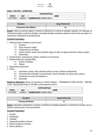 Edital nº 001/2018 - ACIDES/SDS
14
SECRETARIA DE
DEFESA SOCIAL
CONTEUDISTA(S)
POSTO MAT NOME
CAP QOPM 940290-0 WAMBERGSON CORREIA MELO
Disciplina Carga Horária (h/a)
Treinamento Físico Militar II 42
Ementa: Prática de exercícios ligados à melhoria do desempenho do policial de operações especiais, com aplicações de
conhecimentos ligados à anatomia e fisiologia, à prevenção de lesões musculares e ósseas do corpo humano que podem vir a
comprometer o desempenho da atividade policial.
Conteúdo Programático:
1. Anatomia humana e fisiologia do corpo humano:
1.1. Conceitos;
1.2. Ossos, músculos e órgãos;
1.3. Fisiologia básica e do esforço;
1.4. Lesões: conceitos, causas e tipos (câimbras, fadiga, dor tardia, dor aguda, estiramento, entorse, luxação);
1.5. Rabdomiólise;
2. Condicionamento: cardiopulmonar, aeróbico, anaeróbico e neuromuscular;
3. Resistência Muscular Localizada (RML):
3.1. Conceito e finalidade;
3.2. Práticas;
4. Alongamento e aquecimento;
5. Prática:
5.1. Caminhadas, corridas, nados, atividades lúdicas que visem a melhoria cardiopulmonar;
5.2. Treinamento físico intervalado: cross-promenade, cross-fit, atividades com repouso ativo e passivo;
5.3. Treinamento em circuito com obstáculos; e
5.4. Musculação.
Referência Bibliográfica: Manual de Campanha do Exército Brasileiro – TREINAMENTO FÍSICO MILITAR – EB20-MC-
10.350 – Aprovado pela Portaria nº 354-EME, de 28 de dezembro de 2015.
CONTEUDISTA(S)
POSTO MAT NOME
CAP QOPM 940290-0 WAMBERGSON CORREIA MELO
Disciplina Carga Horária (h/a)
Técnicas de Patrulha 12
Ementa: Organização, planejamento e condução de patrulhas de operações especiais no cumprimento de missões, tanto no
âmbito de combate quanto no de reconhecimento.
Conteúdo Programático:
1. Conceito;
2. Classificação;
3. Finalidade;
4. Organização do efetivo no terreno;
5. Normas e práticas de Comando;
6. Ordem a patrulha; e
 