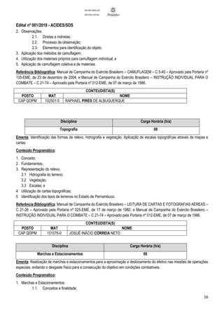 Edital nº 001/2018 - ACIDES/SDS
16
SECRETARIA DE
DEFESA SOCIAL
2. Observações:
2.1. Diretas e indiretas;
2.2. Processo de observação;
2.3. Elementos para identificação do objeto;
3. Aplicação dos métodos de camuflagem;
4. Utilização dos materiais próprios para camuflagem individual; e
5. Aplicação de camuflagem coletiva e de materiais.
Referência Bibliográfica: Manual de Campanha do Exército Brasileiro – CAMUFLAGEM – C 5-40 – Aprovado pela Portaria nº
135-EME, de 23 de dezembro de 2004; e Manual de Campanha do Exército Brasileiro – INSTRUÇÃO INDIVIDUAL PARA O
COMBATE – C 21-74 – Aprovado pela Portaria nº 012-EME, de 07 de março de 1986.
CONTEUDISTA(S)
POSTO MAT NOME
CAP QOPM 102501-5 RAPHAEL PIRES DE ALBUQUERQUE
Disciplina Carga Horária (h/a)
Topografia 08
Ementa: Identificação das formas de relevo, hidrografia e vegetação. Aplicação de escalas topográficas através de mapas e
cartas.
Conteúdo Programático:
1. Conceito;
2. Fundamentos;
3. Representação do relevo;
3.1 Hidrografia do terreno;
3.2 Vegetação;
3.3 Escalas; e
4 Utilização de cartas topográficas;
5 Identificação dos tipos de terrenos no Estado de Pernambuco.
Referência Bibliográfica: Manual de Campanha do Exército Brasileiro – LEITURA DE CARTAS E FOTOGRAFIAS AÉREAS –
C 21-26 – Aprovado pela Portaria nº 025-EME, de 17 de março de 1980; e Manual de Campanha do Exército Brasileiro –
INSTRUÇÃO INDIVIDUAL PARA O COMBATE – C 21-74 – Aprovado pela Portaria nº 012-EME, de 07 de março de 1986.
CONTEUDISTA(S)
POSTO MAT NOME
CAP QOPM 101076-0 JOSUÉ INÁCIO CORREIA NETO
Disciplina Carga Horária (h/a)
Marchas e Estacionamentos 08
Ementa: Realização de marchas e estacionamentos para a aproximação e deslocamento do efetivo nas missões de operações
especiais, evitando o desgaste físico para a consecução do objetivo em condições combatíveis.
Conteúdo Programático:
1. Marchas e Estacionamentos:
1.1. Conceitos e finalidade;
 
