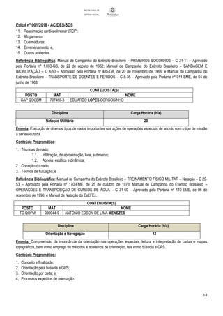 Edital nº 001/2018 - ACIDES/SDS
18
SECRETARIA DE
DEFESA SOCIAL
11. Reanimação cardiopulmonar (RCP);
12. Afogamento;
13. Queimaduras;
14. Envenenamento; e,
15. Outros acidentes.
Referência Bibliográfica: Manual de Campanha do Exército Brasileiro – PRIMEIROS SOCORROS – C 21-11 – Aprovado
pela Portaria nº 1.693-GB, de 22 de agosto de 1962; Manual de Campanha do Exército Brasileiro – BANDAGEM E
IMOBILIZAÇÃO – C 8-50 – Aprovado pela Portaria nº 485-GB, de 20 de novembro de 1966; e Manual de Campanha do
Exército Brasileiro – TRANSPORTE DE DOENTES E FERIDOS – C 8-35 – Aprovado pela Portaria nº 011-EME, de 04 de
junho de 1968.
CONTEUDISTA(S)
POSTO MAT NOME
CAP QOCBM 707460-3 EDUARDO LOPES CORGOSINHO
Disciplina Carga Horária (h/a)
Natação Utilitária 20
Ementa: Execução de diversos tipos de nados importantes nas ações de operações especiais de acordo com o tipo de missão
a ser executada.
Conteúdo Programático:
1. Técnicas de nado:
1.1. Infiltração, de aproximação, livre, submerso;
1.2. Apneia: estática e dinâmica;
2. Correção do nado;
3. Técnica de flutuação; e
Referência Bibliográfica: Manual de Campanha do Exército Brasileiro – TREINAMENTO FÍSICO MILITAR – Natação – C 20-
53 – Aprovado pela Portaria nº 170-EME, de 25 de outubro de 1973; Manual de Campanha do Exército Brasileiro –
OPERAÇÕES E TRANSPOSIÇÃO DE CURSOS DE ÁGUA – C 31-60 – Aprovado pela Portaria nº 110-EME, de 06 de
novembro de 1996; e Manual de Natação da EsEFEx.
CONTEUDISTA(S)
POSTO MAT NOME
TC QOPM 930044-9 ANTÔNIO EDSON DE LIMA MENEZES
Disciplina Carga Horária (h/a)
Orientação e Navegação 12
Ementa: Compreensão da importância da orientação nas operações especiais, leitura e interpretação de cartas e mapas
topográficos, bem como emprego de métodos e aparelhos de orientação, tais como bússola e GPS.
Conteúdo Programático:
1. Conceito e finalidade;
2. Orientação pela bússola e GPS;
3. Orientação por carta; e
4. Processos expeditos de orientação.
 