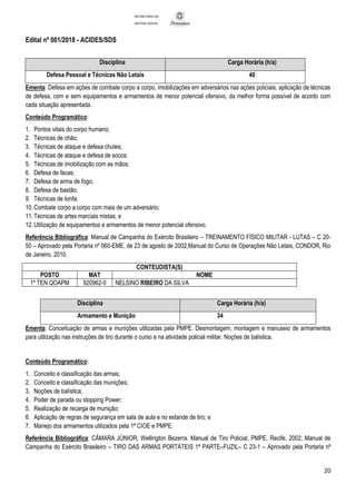 Edital nº 001/2018 - ACIDES/SDS
20
SECRETARIA DE
DEFESA SOCIAL
Disciplina Carga Horária (h/a)
Defesa Pessoal e Técnicas Não Letais 40
Ementa: Defesa em ações de combate corpo a corpo, imobilizações em adversários nas ações policiais, aplicação de técnicas
de defesa, com e sem equipamentos e armamentos de menor potencial ofensivo, da melhor forma possível de acordo com
cada situação apresentada.
Conteúdo Programático:
1. Pontos vitais do corpo humano;
2. Técnicas de chão;
3. Técnicas de ataque e defesa chutes;
4. Técnicas de ataque e defesa de socos;
5. Técnicas de imobilização com as mãos;
6. Defesa de facas;
7. Defesa de arma de fogo;
8. Defesa de bastão;
9. Técnicas de tonfa;
10.Combate corpo a corpo com mais de um adversário;
11.Técnicas de artes marciais mistas; e
12.Utilização de equipamentos e armamentos de menor potencial ofensivo.
Referência Bibliográfica: Manual de Campanha do Exército Brasileiro – TREINAMENTO FÍSICO MILITAR - LUTAS – C 20-
50 – Aprovado pela Portaria nº 060-EME, de 23 de agosto de 2002;Manual do Curso de Operações Não Letais, CONDOR, Rio
de Janeiro, 2010.
CONTEUDISTA(S)
POSTO MAT NOME
1º TEN QOAPM 920962-0 NELSINO RIBEIRO DA SILVA
Disciplina Carga Horária (h/a)
Armamento e Munição 34
Ementa: Conceituação de armas e munições utilizadas pela PMPE. Desmontagem, montagem e manuseio de armamentos
para utilização nas instruções de tiro durante o curso e na atividade policial militar. Noções de balística.
Conteúdo Programático:
1. Conceito e classificação das armas;
2. Conceito e classificação das munições;
3. Noções de balística;
4. Poder de parada ou stopping Power;
5. Realização de recarga de munição;
6. Aplicação de regras de segurança em sala de aula e no estande de tiro; e
7. Manejo dos armamentos utilizados pela 1ª CIOE e PMPE.
Referência Bibliográfica: CÂMARA JÚNIOR, Wellington Bezerra. Manual de Tiro Policial, PMPE, Recife, 2002; Manual de
Campanha do Exército Brasileiro – TIRO DAS ARMAS PORTÁTEIS 1ª PARTE–FUZIL– C 23-1 – Aprovado pela Portaria nº
 