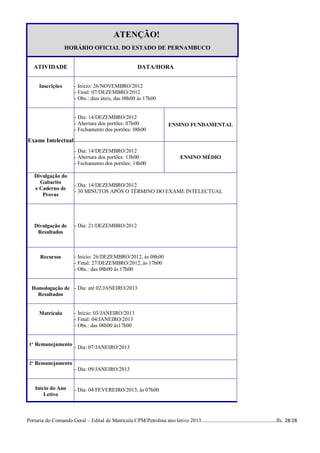 ATENÇÃO!
                   HORÁRIO OFICIAL DO ESTADO DE PERNAMBUCO


   ATIVIDADE                                              DATA/HORA


      Inscrições         - Início: 26/NOVEMBRO/2012
                         - Final: 07/DEZEMBRO/2012
                         - Obs.: dias úteis, das 08h00 às 17h00


                         - Dia: 14/DEZEMBRO/2012
                         - Abertura dos portões: 07h00                    ENSINO FUNDAMENTAL
                         - Fechamento dos portões: 08h00

Exame Intelectual
                         - Dia: 14/DEZEMBRO/2012
                         - Abertura dos portões: 13h00                           ENSINO MÉDIO
                         - Fechamento dos portões: 14h00

    Divulgação do
      Gabarito
                         - Dia: 14/DEZEMBRO/2012
    e Caderno de
                         - 30 MINUTOS APÓS O TÉRMINO DO EXAME INTELECTUAL
       Provas




    Divulgação de        - Dia: 21/DEZEMBRO/2012
     Resultados



       Recursos          - Início: 26/DEZEMBRO/2012, às 08h00
                         - Final: 27/DEZEMBRO/2012, às 17h00
                         - Obs.: das 08h00 às 17h00


  Homologação de - Dia: até 02/JANEIRO/2013
    Resultados


      Matrícula          - Início: 03/JANEIRO/2013
                         - Final: 04/JANEIRO/2013
                         - Obs.: das 08h00 às17h00


 1º Remanejamento
                         - Dia: 07/JANEIRO/2013

 2º Remanejamento
                         - Dia: 09/JANEIRO/2013


    Início do Ano        - Dia: 04/FEVEREIRO/2013, às 07h00
        Letivo



Portaria do Comando Geral – Edital de Matrícula CPM/Petrolina ano letivo 2013........................................................fls. 28/28
 