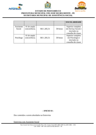 ESTADO DE PERNAMBUCO
         PREFEITURA MUNICIPAL SÃO JOSÉ DO BELMONTE - PE
           SECRETARIA MUNICIPAL DE ASSISTÊNCIA SOCIAL


                                                                                          ESCOLARIDADE

 Assistente      01 de ampla                                                               Superior completo
  Social        concorrência.               R$ 1.285,51                 30 horas          em Serviço Social e
                                                                                              inscrição no
                                                                                           conselho de classe
                 01 de ampla                                                               Superior completo
 Psicólogo      concorrência.               R$ 1.285,51                 30 horas            em Psicologia e
                                                                                              inscrição no
                                                                                           conselho de classe




                                               - ANEXO II -

Dos conteúdos a serem abordados na Entrevista


Entrevista com Assistente Social
        Rua Coronel José Alencar de Carvalho Pires, S/N– Centro- Fone (087) 3884-1099/ Fax (087) 3884 – 1336
                                CEP: 56950 – 000 SÃO JOSÉ DO BELMONTE – PE
 