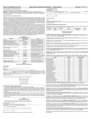 Recife, 22 de setembro de 2018 Diário Oficial do Estado de Pernambuco - Poder Executivo Ano XCV • NÀ 177 - 11
I- PARA ENTREGA PRESENCIAL
Nome do candidato:
À Comissão de Concursos do IAUPE:
Como candidato ao Concurso Público da ADAGRO, para o cargo de ________________________________________, especialidade
_____________________, solicito a revisão da questão nº ________________, sob os seguintes argumentos:
____________________________________________________________________________________________________________
________________________________________
Recife, ___ de __________ de 2018.
_______________________________
Assinatura do Candidato
Atenção:
1. Apresentar argumentações claras e concisas.
2. Para entrega presencial, preencher o recurso em 02 (duas) vias, das quais 01 (uma) será retida e outra permanecerá com o candidato,
sendo atestada a entrega.
A SECRETÁRIA DE ADMINISTRAÇÃO DO ESTADO RESOLVE:
Nº 2.194-Exonerar, a pedido, o servidor abaixo citado devendo ser observado o Art.140 da Lei nº 6.123/68, em relação ao pagamento de
débito porventura existente, conforme Parecer nº 500/2011 da Procuradoria Geral do Estado.
Nº PROCESSO NOME MATRÍCULA CARGO ÓRGÃO/ENTIDADE A PARTIR
0065682-0/2018
JOSÉ PEREIRA DE
SOUZA
235.132-3 FISCAL VIGILÂNCIA SANITÁRIA
SECRETARIA DE
SAÚDE
09.08.2018
MARÍLIA RAQUEL SIMÕES LINS
Secretária de Administração
A SECRETÁRIA EXECUTIVA DE PESSOAL E RELAÇÕES INSTITUCIONAIS, no uso das atribuições que lhe confere a Portaria SAD
nº. 1000, de 16 de abril de 2014 e considerando o disposto no Decreto nº. 44.105, de 16 de fevereiro de 2017, e alterações, c/c a Lei nº
12.341, de 27 de janeiro de 2003, e alterações RESOLVE:
Nº 2.195-Fazer retornar à Secretaria de Educação, o servidor Manoel Pergentino dos Santos Filho, matrícula nº 139.574-2, cedido a
Universidade de Pernambuco - UPE, a partir de 01.04.2017.
Nº 2.196-Fazer retornar à Secretaria de Educação, o servidor Marcos Aurélio Dornelas da Silva, matrícula nº 350.601-0, cedido a
Secretaria da Casa Civil, a partir de 23.07.2018.
Nº 2.197-Fazer retornar ao Departamento Estadual de Trânsito de Pernambuco – DETRAN, a servidora Maria Cecília Peixoto Correa
Lima, matrícula nº 4256-0, cedida à Secretaria de Desenvolvimento Econômico, a partir de 01.08.2018.
Nº 2.198-Fazer retornar a Secretaria de Defesa Social/Polícia Militar, o servidor Robson José da Silva, matrícula nº 23.207-6, cedido a
Assistência Militar do Tribunal de Justiça do Estado de Pernambuco, a partir de 13.07.2018.
Nº 2.199-Colocar à disposição da Assembleia Legislativa do Estado de Pernambuco, para ter exercício na Assistência Militar e Policial
Civil, o servidor Antonio Santiago do Nascimento Lima, matrícula nº 106.856-3, da Secretaria de Defesa Social/Polícia Militar, com
ônus para o órgão de origem, até 31.12.2018.
Nº 2.200-Considerar autorizada a prorrogação da determinação de exercício na Secretaria de Educação, da servidora Adriana Maria
de Andrade Silva, da Prefeitura Municipal de Macaparana, à disposição deste Governo, com ônus para o órgão de origem, mediante
permuta, no exercício 2017.
Nº 2.201-Considerar autorizada a prorrogação da cessão à Agência de Defesa e Fiscalização Agropecuária do Estado de Pernambuco -
ADAGRO, dos servidores abaixo relacionados, a partir de 05.11.2016 até 31.12.2018, em virtude da Lei nº 15.919, de 04 de novembro de 2016.
NOME MATRÍCULA ÓRGÃO DE ORIGEM
Cristianne de Souza Pires 2734-0 PERPART
Ébis Dias dos Santos 657-2 PERPART
Eli Tavares da Silva 1768-0 PERPART
Flaviano Chaves Farias 2105-9 PERPART
Gilvan Natanael de Souza 2248-9 PERPART
Iraci Leão Castanha 1518-0 PERPART
Jerônimo de Castro Heráclio 7047-5 PERPART
João de Sá Novaes 2330-2 PERPART
João José Bezerra Cavalcante 2723-5 PERPART
João Vilândio Peixoto Bem 2350-7 PERPART
Joaquim Gomes Ferreira Neto 1254-8 PERPART
José Maria Bezerra 2827-4 PERPART
Jurandir de Sá Leal 2315-9 PERPART
Luiz Gonzaga Soares de Gois 1992-5 PERPART
Luiz Gustavo Ribeiro Guerra 2291-8 PERPART
Soneide Braga Barreto Lira 1932-1 PERPART
Clovis Mendes da Silva 4105-0 PERPART
Edineide Correia de Meneses 1531-8 PERPART
Francisco de Alencar Parente 1540-7 PERPART
Maria da Penha Silva Vasconcelos 2838-0 PERPART
Maria do Socorro Pereira de Sá 2118-7 PERPART
A SECRETÁRIA EXECUTIVA DE PESSOAL E RELAÇÕES INSTITUCIONAIS, no uso das atribuições que lhe confere a Portaria SAD nº.
1000, do dia 16 de abril de 2014 e considerando o disposto no Decreto nº. 39.842, de 19 de setembro de 2013, RESOLVE:
Nº 2.202-Autorizar o afastamento do servidor CARMELO JOSÉ ALBANEZ BASTOS FILHO, matrícula nº 92363, no período de 07 a 09
de novembro de 2018, para participar do Latin American Conference on Computational Intelligence 2018 - IEEE LA-CCI, em Guadalajara/
México, sendo as despesas com passagens, diárias e inscrição custeadas através da fonte 0101.
Nº 2.203-Autorizar o afastamento dos servidores Victalino Batista da Silva Neto, matrícula nº. 106.240-9 e Neemias Augusto Santiago
Guimarães, matrícula nº. 104.248-3, para participarem do V Encontro Nacional de Fiscais e Gestores de Contratos de Obras e Serviços
de Engenharia na Administração Pública, no período de 25 a 28 de setembro de 2018, em Brasília/DF, sendo as despesas com inscrição,
diárias e passagens custeadas através da fonte 0101.
A SECRETÁRIA EXECUTIVA DE PESSOAL E RELAÇÕES INSTITUCIONAIS, no uso das atribuições que lhe confere a Portaria SAD
nº. 1000, do dia 16 de abril de 2014 e considerando o disposto no art. 178, da Lei nº 6.123, de 20.07.1968, nos artigos 4º e 14 do Decreto
nº. 40.200, de 13 de dezembro de 2013, RESOLVE:
Nº 2.204-Autorizar o afastamento integral da servidora MAGALY MORGANA FERREIRA DE MELO, matrícula nº. 168.220-2, para
as atividades do Curso de Aperfeiçoamento em Comunidades de Aprendizagem, promovido pelo Instituto Natura, em parceria com a
Universidade Federal de São Carlos - UFSCAR, nos períodos de 14 a 18 de maio de 2018, 13 a 18 de agosto de 2018 e 17 e 18 de
setembro de 2018, sem ônus para o Poder Executivo Estadual, mantidos os direitos e vantagens inerentes ao cargo do servidor.
Nº 2.205-Autorizar o afastamento integral da servidora WANESSA DA SILVA GOMES, matrícula n°. 12202-5, para as atividades do
Doutorado em Saúde Pública, promovida pela Fundação Oswaldo Cruz/Instituto Aggeu Magalhães, no período de 01 de outubro de 2018
a 29 de março de 2019, sem ônus para o Poder Executivo Estadual, mantidos os direitos e vantagens inerentes ao cargo do servidor.
Nº 2.206-Autorizar o afastamento parcial da servidora FLAVIA RENATA FEITOSA CARNEIRO, matrícula n°. 324.266-8, para o exercício
das atividades relativas ao Mestrado em Direito, promovido pela Faculdade Damas, a partir da data da publicação desta portaria até 31 de
agosto de 2020, quando as aulas do curso coincidirem com o horário de trabalho, sem ônus para o Poder Executivo Estadual, mantidos
os direitos e vantagens inerentes ao cargo do servidor.
A SECRETÁRIA EXECUTIVA DE PESSOAL E RELAÇÕES INSTITUCIONAIS, tendo em vista as atribuições que lhe foram conferidas
pela Portaria SAD Nº 1.000, de 16.04.2014, e considerando o disposto na Lei Complementar nº 85, de 31 de março de 2006, regulamentada
pelo Decreto nº 33.721, de 03 de agosto de 2009, alterado pelo Decreto nº 37.934, de 02 de março de 2012, RESOLVE:
Nº 2.207-DISPENSAR da Gratiﬁcação pela Participação na Execução, Processamento e Controle Orçamentário e Financeiro, a servidora
abaixo relacionada:
CARGO: ASSISTENTE DE DEFESA AGROPECUÁRIA.
Conhecimentos Gerais em Defesa e Inspeção Sanitária Animal e Vegetal.
Área animal - 1. Defesa sanitária animal: principais doenças infectocontagiosas, parasitárias e tóxicas, prevenção e controle.
Área vegetal - 1. Fitossanidade: Fitopatologia e Entomologia. 2. Controle de plantas daninhas. 4. Agrotóxicos: Receituário Agronômico.
Uso correto e seguro de agrotóxicos e aﬁns. Destinação ﬁnal de embalagens vazias de agrotóxicos. Equipamentos de Proteção Individual
para o uso de agrotóxicos
Conhecimentos Especíﬁcos (Legislação Agropecuária)
Área animal: 1.IN nº 44/02.10.2007 – Diretrizes gerais para a Erradicação e a Prevenção da Febre Aftosa, constante do Anexo I, e os Anexos
II, III e IV; 2. IN nº 45/15.06.2004 –Normas para a Prevenção e o Controle da Anemia Infecciosa Equina. 3. IN nº 24/05.04.2004 –Normas para
o Controle e a Erradicação do Mormo. 4. IN nº 47/18.06.2004 –Regulamento Técnico de Programa Nacional de Sanidade Suídea – PNSS e
anexo; 5. IN nº 17/07.04/2006 –Programa Nacional de Sanidade Avícola, o Plano Nacional de Prevenção da Inﬂuenza Aviária e de Controle
e Prevenção da Doença de Newcastle. 6.Portaria nº 162, de 18.10.1994 –Normas complementares anexas à presente Portaria, sobre a
Fiscalização e o Controle Zoossanitário das Exposições, Feiras, Leilões e outras aglomerações de animais. 7. INs 19/2011 e 18/2006 que
tratam, respectivamente da e-GTA e da obrigatoriedade da GTA para o trânsito animal. Lei Estadual 12.228 de 21.06.2002 - Institui a defesa
sanitária animal no Estado de PE, Decreto Estadual 27.687 de 28.02.2005 - Regulamenta a Lei 12.228.
Área vegetal: Fitossanidade: Fitopatologia e Entomologia. Manejo integrado de pragas. Pragas de importância quarentenária e econômica
para as culturas do mamão, manga, banana, família das cucurbitáceas, uva, citrus e palma. Sementes e mudas (Lei no 10.711/03 - Decreto
nº 5.153/04). Defesa vegetal Pragas quarentenárias A1 e A2 (IN nº 52 de 20/11/2007 – IN nº 41, de 01/07/2008 - IN nº 59 18/12/2013 - IN
nº 12, de 23/05/2014 - IN nº 32, de 03/09/ 201 - IN nº 42, de 09/12/2014 - IN n°26 de 14/09/2015); CFO e CFOC (IN n° 33, de 24/08/2016);
PTV (IN nº 28, de 24/08/2016); cancro bacteriano da videira (IN nº 2, de 06/02/2014); palma forrageira (IN nº 23, de 29/05/2007); ALP Moko
da Bananeira (IN nº 17, de 27/05/2009); Pernambuco como área livre da praga Moko da Bananeira (IN n°29 de 3/12/2013); Sigatoka Negra
ALP( Instrução Normativa nº 17, de 31/05/2005 – IN SDA n°4 de 27/03/2012 ); ALP Pernambuco (IN n° 44, de 19/12/2007); APF no Vale
do São Francisco (IN n° 45, de 29/08/2006); SMR mosca-das-frutas em cultivos de mangueira (IN n°20, de 13/07/2010); SMR Mosca-das-
frutas Pernambuco (IN n°13 de 16/07/2012); Portaria Adagro n°81/14 - Portaria Adagro 51/10 - Portaria Adagro n°46/17). Defesa vegetal (lei
12503/03); Mosca-das-frutas (Portaria Adagro N°24 de 20 de fevereiro de 2015 - Portaria Adagro N°008/2013, de 18 de fevereiro de 2013);
cancro bacteriano da videira (Portaria Adagro N°18 de 19 de março de 2013); Sigatoka negra (Portaria N°98 de 29 de outubro de 2007); CFO
(Portaria Adagro N°67 de 13 de agosto de 2007); Cochonilha do Carmim (Portaria Adagro N°14 de 16 de junho de 2006). Agrotóxicos: Lei
Federal n° 7.802/89, Decreto Federal n° 4.074/02 e Lei Estadual n° 12.753/05 e Decreto Estadual n° 31.246/07.
ANEXO V
CALENDÁRIO DE ATIVIDADES
ATIVIDADE DATA/PERÍODO LOCAL
Inscrição 30/09 a 08/11/2018 Via Internet - http://www.upenet.com.br
Solicitação de isenção de taxa de inscrição 30/09 a 15/10/2018 Via Internet - http://www.upenet.com.br
Divulgação das isenções deferidas 23/10/2018 Via Internet - http://www.upenet.com.br
Recursos contra indeferimento da isenção 24/10 a 30/10/2018 Via Internet – iaupe.adagro@gmail.com
Resultado dos recursos contra o indeferimento da isenção 07/11/2018 Via Internet - http://www.upenet.com.br
Último dia para pagamento da Taxa de inscrição 09/11/2018 Casas Lotéricas (CEF)
Último dia para entrega do Laudo Médico para
atendimento especial
09/11/2018
Via Correios - Av. Rui Barbosa, 1599, Bairro
das Graças, Recife-PE, CEP52.050-000
Entrega Presencial: Av. Rui Barbosa, 1599, Bairro do
Derby, Recife-PE, nos dias úteis e nos horários de
09:00 às 12:00 horas e de 13:00 às 16:00 horas.
Validação de inscrições 26/11/2018 Via Internet - http://www.upenet.com.br
Conﬁrmação de inscrição para os que não
tiveram inscrições regularmente validadas
05/12/2018 Via Internet - http://www.upenet.com.br
Informações sobre local de prova (Cartão de Informações) 08/01/2019 Via Internet - http://www.upenet.com.br
Retiﬁcação de dados do Cartão de Informações 23/01/2019 iaupe.adagro@gmail.com
Prova Objetiva de Conhecimentos 03/02/2019 A ser divulgado no Cartão de Informações
Divulgação do gabarito preliminar 03/02/2019 Via Internet - http://www.upenet.com.br
Recurso contra gabarito preliminar 04/02 a 08/02/2019
Via Internet - iaupe.adagro@gmail.com
Recurso Presencial: Av. Rui Barbosa, 1599, Bairro
do Derby, nos dias úteis e nos horários de 09:00 às
12:00 horas e de 13:00 às 16:00 horas.
Divulgação do gabarito deﬁnitivo 20/02/2019 Via Internet - http://www.upenet.com.br
Divulgação do Resultado Final do Concurso 26/02/2019 Via Internet - http://www.upenet.com.br
ANEXO VI
MODELO DE DECLARAÇÃO DE DEFICIÊNCIA
Dados do médico:
Nome completo
__________________________________________________________________________
CRM/ UF: _______________________________________
Especialidade: ___________________________________________________________________________
Declaro que o (a) Sr(ª)________________________________________________ Identidade nº _________________ , CPF nº
_____________________, inscrito(a) como Pessoa com Deﬁciência no concurso público concorrendo a uma vaga para o cargo de
______________________, especialidade _____________________, conforme Portaria Conjunta SAD/ADAGRO nº 131, de 21 de
setembro de 2018, fundamentado no exame clínico e nos termos da legislação em vigor (Decreto Federal nº 3.298/1999 e legislações
correlatas), _____ (é / não é) portador (a) da Deﬁciência ________________________ (física/auditiva/visual) de CID 10 ________, em
razão do seguinte quadro:
__________________________________________________________________________
__________________________________________________________________________
__________________________________________________________________________
Recife, _____/____/____2018
Ratiﬁco as informações acima.
Ass. c/ Carimbo do Médico
Legislação de referência
Decreto Federal nº 3.298 de 20 de dezembro de 1999:
Art. 4o
É considerada pessoa portadora de deﬁciência a que se enquadra nas seguintes categorias:
I - deﬁciência física - alteração completa ou parcial de um ou mais segmentos do corpo humano, acarretando o comprometimento
da função física, apresentando-se sob a forma de paraplegia, paraparesia, monoplegia, monoparesia, tetraplegia, tetraparesia,
triplegia, triparesia, hemiplegia, hemiparesia, ostomia, amputação ou ausência de membro, paralisia cerebral, nanismo, membros
com deformidade congênita ou adquirida, exceto as deformidades estéticas e as que não produzam diﬁculdades para o desempenho
de funções;
II - deﬁciência auditiva - perda bilateral, parcial ou total, de quarenta e um decibéis (dB) ou mais, aferida por audiograma nas
freqüências de 500HZ, 1.000HZ, 2.000Hz e 3.000Hz;
III - deﬁciência visual - cegueira, na qual a acuidade visual é igual ou menor que 0,05 no melhor olho, com a melhor correção óptica;
a baixa visão, que signiﬁca acuidade visual entre 0,3 e 0,05 no melhor olho, com a melhor correção óptica; os casos nos quais a
somatória da medida do campo visual em ambos os olhos for igual ou menor que 60o
; ou a ocorrência simultânea de quaisquer das
condições anteriores.
ANEXO VII
FORMULÁRIO PARA RECURSOS
I- PARA ENCAMINHAMENTO VIA ENDEREÇO ELETRÔNICO iaupe.adagro@gmail.com
À Comissão de Concursos do IAUPE:
Nome do candidato:_______________________________________________________________
Como candidato do Concurso Público da ADAGRO para o Cargo de ______________________________________________________
, especialidade _____________________, solicito a revisão da questão
nº ________, sob os seguintes argumentos:
__________________________________________________________________________
__________________________________________________________________________
__________________________________________________________________________
Recife, ___ de __________ de 2018.
Atenção: apresentar argumentações claras e concisas, sob pena de não acatamento do recurso.
 