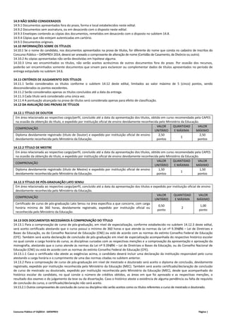 14.9 NÃO SERÃO CONSIDERADOS 
14.9.1 Documentos apresentados fora do prazo, forma e local estabelecidos neste edital. 
14.9.2 Documentos sem assinatura, ou em desacordo com o disposto neste edital. 
14.9.3 Envelopes contendo as cópias dos documentos, remetidos em desacordo com o disposto no subitem 14.8. 
14.9.4 Cópias que não estejam autenticadas em cartório. 
14.9.5 Documentos originais. 
14.10 INFORMAÇÕES SOBRE OS TÍTULOS 
14.10.1 Se o nome do candidato, nos documentos apresentados na prova de títulos, for diferente do nome que consta no cadastro de inscritos do 
Concurso Público – DATAPREV 2014, deverá ser anexado o comprovante de alteração de nome (Certidão de Casamento, de Divórcio ou outro). 
14.10.2 As cópias apresentadas não serão devolvidas em hipótese alguma. 
14.10.3 Uma vez encaminhados os títulos, não serão aceitos acréscimos de outros documentos fora do prazo. Por ocasião dos recursos, 
poderão ser encaminhados somente documentos que sirvam para esclarecer ou complementar dados de títulos apresentados no período de 
entrega estipulado no subitem 14.6. 
14.11 CRITÉRIOS DE JULGAMENTO DOS TÍTULOS 
14.11.1 Serão considerados os títulos conforme o subitem 14.12 deste edital, limitados ao valor máximo de 5 (cinco) pontos, sendo 
desconsiderados os pontos excedentes. 
14.11.2 Serão considerados apenas os títulos concluídos até a data da entrega. 
14.11.3 Cada título será considerado uma única vez. 
14.11.4 A pontuação alcançada na prova de títulos será considerada apenas para efeito de classificação. 
14.12 DA AVALIAÇÃO DAS PROVAS DE TÍTULOS 
14.12.1 TÍTULO DE DOUTOR 
Em área relacionada ao respectivo cargo/perfil, concluído até a data da apresentação dos títulos, obtido em curso recomendado pela CAPES 
na ocasião da obtenção do título, e expedido por instituição oficial de ensino devidamente reconhecida pelo Ministério da Educação. 
COMPROVAÇÃO 
VALOR 
UNITÁRIO 
QUANTIDAD 
E MÁXIMA 
VALOR 
MÁXIMO 
Diploma devidamente registrado (título de Doutor) e expedido por instituição oficial de ensino 
devidamente reconhecida pelo Ministério da Educação. 
2,50 
pontos 
1 
2,50 
pontos 
14.12.2 TÍTULO DE MESTRE 
Em área relacionada ao respectivo cargo/perfil, concluído até a data da apresentação dos títulos, obtido em curso recomendado pela CAPES 
na ocasião da obtenção do título, e expedido por instituição oficial de ensino devidamente reconhecida pelo Ministério da Educação. 
COMPROVAÇÃO 
VALOR 
UNITÁRIO 
QUANTIDAD 
E MÁXIMA 
VALOR 
MÁXIMO 
Diploma devidamente registrado (título de Mestre) e expedido por instituição oficial de ensino 
devidamente reconhecida pelo Ministério da Educação. 
1,50 
pontos 
1 
1,50 
pontos 
14.12.3 TÍTULO DE PÓS‐GRADUAÇÃO LATO SENSU 
Em área relacionada ao respectivo cargo/perfil, concluído até a data da apresentação dos títulos e expedido por instituição oficial de ensino 
devidamente reconhecida pelo Ministério da Educação. 
COMPROVAÇÃO 
VALOR 
UNITÁRIO 
QUANTIDAD 
E MÁXIMA 
VALOR 
MÁXIMO 
Certificado de curso de pós‐graduação Lato Sensu na área específica a que concorre, com carga 
horária mínima de 360 horas, devidamente registrado, expedido por instituição oficial ou 
reconhecida pelo Ministério da Educação. 
0,50 
ponto 
2 
1,00 
ponto 
14.13 DOS DOCUMENTOS NECESSÁRIOS À COMPROVAÇÃO DO TÍTULO 
14.13.1 Para a comprovação de curso de pós‐graduação, em nível de especialização, conforme estabelecido no subitem 14.12.3 deste edital, 
será aceito certificado atestando que o curso possui o mínimo de 360 horas e que atende às normas da Lei nº 9.394/96 – Lei de Diretrizes e 
Bases da Educação, ou do Conselho Nacional de Educação (CNE) ou está de acordo com as normas do extinto Conselho Federal de Educação 
(CFE). Também será aceita declaração de conclusão de pós‐graduação em nível de especialização acompanhada do respectivo histórico escolar 
no qual conste a carga horária do curso, as disciplinas cursadas com as respectivas menções e a comprovação da apresentação e aprovação da 
monografia, atestando que o curso atende às normas da Lei nº 9.394/96 – Lei de Diretrizes e Bases da Educação, ou do Conselho Nacional de 
Educação (CNE) ou está de acordo com as normas do extinto Conselho Federal de Educação (CFE). 
14.13.1.1 Caso o certificado não ateste as exigências acima, o candidato deverá incluir uma declaração da instituição responsável pelo curso 
atestando a carga horária e o cumprimento de uma das normas citadas no subitem anterior. 
14.13.2 Para a comprovação de curso de pós‐graduação em nível de mestrado e doutorado será aceito o diploma de conclusão, devidamente 
registrado, expedido por instituição reconhecida pelo Ministério da Educação (MEC). Também será aceito certificado/declaração de conclusão 
de curso de mestrado ou doutorado, expedido por instituição reconhecida pelo Ministério da Educação (MEC), desde que acompanhado do 
histórico escolar do candidato, no qual conste o número de créditos obtidos, as áreas em que foi aprovado e as respectivas menções, o 
resultado dos exames e do julgamento da tese ou da dissertação. Caso o histórico ateste a existência de alguma pendência ou falta de requisito 
de conclusão do curso, o certificado/declaração não será aceito. 
14.13.2.1 Outros comprovantes de conclusão de curso ou disciplina não serão aceitos como os títulos referentes a curso de mestrado e doutorado. 
Concurso Público nº 01/2014 ‐ DATAPREV Página | 
 