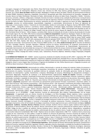 mensagens; Linguagens de Programação: Java, Python, Ruby, Shell Script; Servidores de Aplicação: Jboss e Weblogic: operação, monitoração, 
administração, ajustes de desempenho; Máquinas virtuais Java: estrutura da JVM, heap memory, garbage collection e monitoramento 
(Jconsole, Jps e Jstack); Banco de Dados: Modelo de Dados. Modelagem e Projeto de Banco de Dados. Sistemas de Gerenciamento de Bancos 
de Dados (SGBD): Arquitetura, Segurança, Integridade, Concorrência, Recuperação após Falha, Gerenciamento de Transações. Linguagens de 
Consulta. Bancos de Dados Distribuídos. Mineração de Dados. Administração de bancos de dados Oracle, PostgreSQL e MySQL ‐ Conceitos, 
estruturas, comandos, utilitários, configuração e instalação; Conceitos de cluster e stand‐by server, avaliação de performance e tuning de banco 
de dados, Planejamento, configuração e controle de processos de cópia de segurança ("backup") e processo de restauração, monitoração dos 
recursos de banco de dados, Gerenciamento de memória, parâmetros de banco de dados e segurança em banco de dados; Segurança da 
Informação: conceitos de confidencialidade, disponibilidade, integridade e autenticidade; Gerenciamento de Riscos de Segurança da 
Informação e Comunicações; Análise e Tratamento de Vulnerabilidades; Gestão de Continuidade de Negócios; Normas NBR ISO/IEC 27001, 
27002 e 27005; criptografia simétrica e assimétrica; Hashes criptográficos; Certificação Digital; Autoridade Certificadora; Autenticação, 
autorização e auditoria; Controle de acesso baseado em papéis (Role Based Access Control – RBAC); Autenticação forte (baseada em dois ou 
mais fatores); Single sign‐on; Filtragem de tráfego: firewalls, listas de controle de acesso; Ataques de negação de serviço: Denial of Service – 
DoS, Distributed Denial of Service – DDoS; Ataques a servidores Web; Sistemas de detecção de intrusão e sistemas de prevenção de intrusão; 
Comunicação segura: SSL, TLS, IPSEC, VPN; Forense computacional; Redes de computadores: Arquiteturas; Topologias; Projetos de redes locais; 
Projetos de redes de longa distância; Qualidade de Serviços – QoS; Equipamentos de conexão: switches, roteadores; Wireless: dispositivos, 
padrões IEEE 802.11 B/G/N, EAP, WEP, WPA, WPA2; Modelo OSI da ISO; Arquitetura e protocolos TCP/IP: Nível de enlace TCP/IP: padrão 
Ethernet; Nível de rede TCP/IP: ARP, TCP, UDP, endereçamento IP; Nível de aplicação TCP/IP: DNS, FTP, NFS, TELNET, SMTP, HTTP/HTTPS, LDAP, 
DHCP, NAT, NTP, IPSEC; Padrões IEEE 802.xx; Protocolos de roteamento: OSPF, BGP; Protocolos de Autenticação: RADIUS, TACACS+; 
Cabeamento estruturado; Gerenciamento de redes: Protocolo SNMP (versões 2 e 3), MIBs; Gestão de Serviços de TI: Conceitos da biblioteca 
ITIL 2011: Estratégia, Desenho, Transição, Operação e Melhoria Contínua do Serviço; Gerenciamento de Incidentes; Gerenciamento de 
Problemas; Gerenciamento de Mudanças; Gerenciamento de Configurações; Gerenciamento da Disponibilidade; Gerenciamento da 
Capacidade; Gerenciamento da Continuidade dos serviços de TI; Gerenciamento do Nível de serviços; Central de Serviços; Inglês: Compreensão 
de textos em língua inglesa; Itens gramaticais relevantes para a compreensão dos conteúdos semânticos; A sentença e seus constituintes 
paradigmáticos; Verbos: emprego dos modos e tempos; vozes; Substantivos; Pronomes; Adjetivos‐ Advérbios; Artigos; Preposições; Ortografia 
e pontuação. 
2.7.19 MÉDICO DO TRABALHO: NR7 ‐ PCMSO ‐ exames ocupacionais; Acidentes de trabalho; Emissões de CAT's; NR17 – ergonomia; PPP ‐ Perfil 
Profissiográfico Previdenciário; LER/DORT diagnóstico, tratamento, Legislação previdenciária; Atividade física e riscos do sedentarismo à saúde; 
FAP ‐ Fator Acidentário Previdenciário; Estatística em medicina do trabalho; Conhecimento dos problemas provocados por dependência química 
(tabagismo, álcool e outras drogas); Base Conceituais e Programas de Qualidade de Vida; Política Nacional para a integração da pessoa com 
deficiência; Bases Conceituais e Programas de Promoção de Saúde. 
2.7.20 PROCESSO ADMINISTRATIVO: Administração de conflitos; Administração e controle de estoque de materiais; Análise de processos e 
avaliação de resultados; Benchmarking; Comunicação corporativa; Ferramentas de controle e avaliação de resultados; Ferramentas de 
gerenciamento de projetos; Ferramentas de qualidade (métricas de avaliação); Gestão de informações gerenciais; Gestão de Projetos; 
Indicadores de desempenho e gestão; Investimentos e despesas; Metodologia de pesquisa; Metodologia de planejamento estratégico e 
operacional; Negociação; Programas de mudanças e de desenvolvimentos organizacional; Noções de Arquivo: Conceitos e princípios 
arquivísticos; Gestão de documentos; Classificação de documentos de acordo com tabela de temporalidade; Protocolo: recebimento, registro, 
distribuição, tramitação e expedição de documentos; Sistemas informatizados de gestão arquivística de documentos; Documentos digitais; 
Preservação digital; Requisitos: Modelo de Requisitos para Sistemas Informatizados de Gestão Arquivística de Documentos – e‐ARQ Brasil; 
Metadados; Orçamento: Orçamento como instrumento do planejamento governamental Princípios orçamentários. Orçamento público no 
Brasil; Plano Plurianual ‐ PPA; diretrizes orçamentárias – LDO e Orçamento Anual – LOA. Orçamento e Investimento das Estatais. Programação e 
execução orçamentária e financeira; Direito Constitucional ‐ Constituição: conceito, objeto, elementos, classificações. Poder constituinte; 
Princípios fundamentais; Direitos e garantias fundamentais; Organização do Estado; Administração publica; Organização dos poderes no 
Estado; Funções essenciais a justiça; Sistema tributário nacional; Finanças públicas; Direito Administrativo ‐ Introdução ao direito 
administrativo; Administração pública; Atos administrativos; Poderes da administração pública; Serviços públicos; Licitações; Contratos 
administrativos; Lei nº 10.520/2002 – Pregão Eletrônico; Controle da administração; Bens públicos; Responsabilidade civil do Estado; 
Planejamento ‐ A organização como um sistema; Conceito de Estratégica e de Plano Estratégico; Missão, objetivos, metas e propósitos 
organizacionais; Análises dos ambientes endógeno e exógeno empresarial; Definição das ações estratégicas; Níveis da estratégia no interior da 
empresa; Implantação das medidas estratégicas e tecnologias envolvidas; Documentos de controle e de acompanhamento; Papel da Dataprev 
para o Estado brasileiro; Organização ‐ Escolas e Tipologias de Estratégia Empresarial; Análise de cenários, modelo SWOT, modelo Porter, BSC 
Balance Scorecard; Preceitos tecnológicos e humanos a formulação de políticas empresariais; Preceitos competitivos à formulação de 
estratégias empresariais; Linhas de formulação de estratégias corporativas; Arranjos organizacionais para a administração estratégica; Auditoria 
Operacional ‐ Auditoria ‐ Conceitos, Normas e Técnicas: Conceito, evolução. Auditoria interna e externa: papéis. Auditoria interna segundo o 
IIA (Institute of Internal Auditors); Normas de auditoria. Normas internacionais para o exercício profissional da auditoria interna. Normas da 
INTOSAI: Código de ética e padrões de auditoria; Normas brasileiras para o exercício de auditoria interna: independência, competência 
profissional, âmbito de trabalho, execução do trabalho e administração da área de auditoria interna. Função da auditoria Interna. Normas do 
CFC (Conselho Federal de Contabilidade): NBC TA 200 ‐ Objetivos Gerais do Auditor Independente e NBC TI 01 – Auditoria Interna; Governança 
e análise de risco. Governança no setor público. O papel da auditoria na estrutura de governança. Estrutura conceitual de análise de risco 
(COSO). Elementos de risco e controle. Aplicação da estrutura conceitual de análise de risco; Auditoria no setor público federal. Finalidades e 
objetivos da auditoria governamental. Abrangência de atuação. Formas e tipos; O Sistema de Controle Interno do Poder Executivo Federal: 
finalidades, atividades, organização e competências (Lei nº 10.180/2001, Decreto nº 3.591/2000 e suas alterações; A Metodologia de Trabalho 
do Sistema de Controle Interno ‐ SCI (Instrução Normativa SFC/MF nº 01, de 06/04/2001, publicada no DOU de 12/04/2001, seção I, pág. 12). 
Objetivos e abrangência de atuação do SCI; Conhecimentos Específicos ‐ Administração de Pessoal; Administração Patrimonial; Levantamento e 
Análise de Processos; Legislação Trabalhista; Legislação Tributária; Legislação e Normas relacionadas a entidades de Previdência Complementar; 
Auditoria de Qualidade; Interpretação de Acórdãos, Decisões e Súmulas do TCU; Outros Conhecimentos ‐ Ambientes tecnológicos. Aplicativos 
de extração e análise de dados.Gestão de Projetos; Mapeamento e Análise de Processos; Organização e Métodos. Indicadores de gestão; 
Índices econômicos. 
Concurso Público nº 01/2014 ‐ DATAPREV Página | 
 