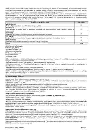 Concurso Público nº 01/2014 - DATAPREV Página | 11
13.3 O candidato receberá nota 0 (zero) na prova discursiva em casos de fuga ao tema ou ao gênero proposto, de haver texto com quantidade
inferior a 15 (quinze) linhas, de não haver texto, de não haver respeito à estrutura textual, de identificação em local indevido, se o texto for
escrito a lápis ou caneta de cor diferente da especificada no subitem 12.4, ou apresentar letra ilegível.
13.4 A prova discursiva será corrigida com base nos seguintes critérios a seguir, ressaltando-se que, em atendimento ao que está estabelecido
no Decreto Federal nº 6.583, de 29 de setembro de 2008, alterado pelo Decreto nº 7.875, de 27 de dezembro de 2012, serão aceitas como
corretas, até 31 de dezembro de 2015, ambas as ortografias, isto é, a forma de grafar e de acentuar as palavras vigentes até 31 de dezembro de
2008 e a que entrou em vigor em 1º de janeiro de 2009.
DOMÍNIO DO CONTEÚDO (DC) PONTUAÇÃO
COERÊNCIA (CR)
Será verificada a coerência de sentido, de construção e global.
2,0
COESÃO (CS)
Será verificada a conexão entre os elementos formadores do texto (parágrafos, ideias, períodos, orações e
argumentos).
2,0
TEMA (TM)
Será verificada a adequação ao tema proposto, qualidade e força dos argumentos.
3,0
TEXTO (TX)
Será verificada a estrutura textual adequada ao gênero proposto, além da própria adequação ao gênero.
2,0
LINGUAGEM (LG)
Será verificado o uso adequado da língua portuguesa em seu padrão culto.
1,0
TOTAL 10,00
13.4.1 Fórmula da Pontuação:
NPR = DC – [(NE/TL) x 2]
DC = CR + CS + TM + TX + LG
NPD = Nota Prova Discursiva
DC = Domínio do Conteúdo
NE = Número de Erros
TL = Total de Linhas
13.5 A avaliação do domínio da modalidade escrita da língua portuguesa totalizará o número de erros (NE), considerando-se aspectos como
ortografia, morfossintaxe e propriedade vocabular.
13.6 Será computado o número total de linhas (TL) efetivamente escritas pelo candidato.
13.7 Será desconsiderado, para efeito de avaliação, qualquer fragmento de texto que for escrito fora do local apropriado ou que ultrapassar a
extensão máxima permitida.
13.8 Será atribuída nota zero ao candidato que obtiver NPD < 0,00.
13.9 Será considerado habilitado o candidato que obtiver nota igual ou superior a 4 (quatro) pontos na prova discursiva.
13.9.1 O candidato não classificado na forma do disposto no subitem anterior, será automaticamente considerado reprovado, para todos os
efeitos, e não terá classificação alguma no concurso público.
14 DA PROVA DE TÍTULOS
14.1 A prova de títulos será aplicada somente para os cargos de nível superior.
14.2 Serão convocados, por meio de edital de convocação, todos os candidatos habilitados na prova objetiva e prova discursiva, de acordo com
o exposto nos subitens 11.3 e 13.9.
14.2.1 O edital de convocação será publicado após a divulgação dos resultados definitivos da prova discursiva.
14.3 O INSTITUTO QUADRIX será o responsável pelo recebimento e verificação dos documentos.
14.4 A prova de títulos terá caráter classificatório e consistirá na valorização de cursos, conforme os pontos que constam no subitem 14.12 deste edital.
14.5 Constatada, a qualquer tempo, irregularidade e/ou ilegalidade na obtenção de títulos, o candidato terá anulada a pontuação e,
comprovada a culpa do mesmo, este será excluído do concurso público.
14.6 PERÍODO PARA ENTREGA DOS DOCUMENTOS
14.6.1 A previsão de entrega dos documentos será no período entre os dias 04 a 05 de fevereiro de 2015.
14.6.2 A data de entrega é sujeita a alteração.
14.7 FORMA DE ENVIO DOS DOCUMENTOS
14.7.1 Os documentos deverão ser enviados, impreterivelmente, via SEDEX ou serviço similar de encomenda expressa para a Central de
Atendimento do INSTITUTO QUADRIX (Concurso Público – DATAPREV 2014), Caixa Postal 28203, CEP: 01.234-970, São Paulo (SP).
14.7.2 Não serão aceitos documentos entregues via fax, via correio eletrônico, pessoalmente ou por qualquer outro meio que não seja o
estabelecido no subitem anterior.
14.8 FORMA DE APRESENTAÇÃO DOS DOCUMENTOS
14.8.1 Os documentos deverão ser entregues no local indicado acima, juntamente com 2 (duas) vias preenchidas do Formulário de Protocolo de
Entrega da Prova de Títulos, disponível no endereço eletrônico http://www.quadrix.org.br, e dentro de envelope fechado (tamanho aproximado
de 30 cm x 22 cm), devidamente identificado com o nome do Concurso Público – DATAPREV 2014 e nome do candidato.
14.8.2 O candidato deverá preencher, assinar e enviar o Formulário de Protocolo de Entrega da Prova de Títulos, que será disponibilizado pelo
INSTITUTO QUADRIX na data de publicação do edital de convocação, no endereço eletrônico http://www.quadrix.org.br, no qual indicará os
títulos apresentados.
14.8.3 Juntamente com esse formulário o candidato deverá apresentar 1 (uma) cópia, autenticada em cartório, de cada título declarado.
14.8.4 Não serão aceitos documentos originais.
 