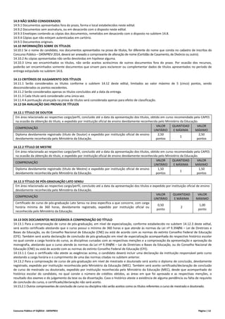 Concurso Público nº 01/2014 - DATAPREV Página | 12
14.9 NÃO SERÃO CONSIDERADOS
14.9.1 Documentos apresentados fora do prazo, forma e local estabelecidos neste edital.
14.9.2 Documentos sem assinatura, ou em desacordo com o disposto neste edital.
14.9.3 Envelopes contendo as cópias dos documentos, remetidos em desacordo com o disposto no subitem 14.8.
14.9.4 Cópias que não estejam autenticadas em cartório.
14.9.5 Documentos originais.
14.10 INFORMAÇÕES SOBRE OS TÍTULOS
14.10.1 Se o nome do candidato, nos documentos apresentados na prova de títulos, for diferente do nome que consta no cadastro de inscritos do
Concurso Público – DATAPREV 2014, deverá ser anexado o comprovante de alteração de nome (Certidão de Casamento, de Divórcio ou outro).
14.10.2 As cópias apresentadas não serão devolvidas em hipótese alguma.
14.10.3 Uma vez encaminhados os títulos, não serão aceitos acréscimos de outros documentos fora do prazo. Por ocasião dos recursos,
poderão ser encaminhados somente documentos que sirvam para esclarecer ou complementar dados de títulos apresentados no período de
entrega estipulado no subitem 14.6.
14.11 CRITÉRIOS DE JULGAMENTO DOS TÍTULOS
14.11.1 Serão considerados os títulos conforme o subitem 14.12 deste edital, limitados ao valor máximo de 5 (cinco) pontos, sendo
desconsiderados os pontos excedentes.
14.11.2 Serão considerados apenas os títulos concluídos até a data da entrega.
14.11.3 Cada título será considerado uma única vez.
14.11.4 A pontuação alcançada na prova de títulos será considerada apenas para efeito de classificação.
14.12 DA AVALIAÇÃO DAS PROVAS DE TÍTULOS
14.12.1 TÍTULO DE DOUTOR
Em área relacionada ao respectivo cargo/perfil, concluído até a data da apresentação dos títulos, obtido em curso recomendado pela CAPES
na ocasião da obtenção do título, e expedido por instituição oficial de ensino devidamente reconhecida pelo Ministério da Educação.
COMPROVAÇÃO
VALOR
UNITÁRIO
QUANTIDAD
E MÁXIMA
VALOR
MÁXIMO
Diploma devidamente registrado (título de Doutor) e expedido por instituição oficial de ensino
devidamente reconhecida pelo Ministério da Educação.
2,50
pontos
1
2,50
pontos
14.12.2 TÍTULO DE MESTRE
Em área relacionada ao respectivo cargo/perfil, concluído até a data da apresentação dos títulos, obtido em curso recomendado pela CAPES
na ocasião da obtenção do título, e expedido por instituição oficial de ensino devidamente reconhecida pelo Ministério da Educação.
COMPROVAÇÃO
VALOR
UNITÁRIO
QUANTIDAD
E MÁXIMA
VALOR
MÁXIMO
Diploma devidamente registrado (título de Mestre) e expedido por instituição oficial de ensino
devidamente reconhecida pelo Ministério da Educação.
1,50
pontos
1
1,50
pontos
14.12.3 TÍTULO DE PÓS-GRADUAÇÃO LATO SENSU
Em área relacionada ao respectivo cargo/perfil, concluído até a data da apresentação dos títulos e expedido por instituição oficial de ensino
devidamente reconhecida pelo Ministério da Educação.
COMPROVAÇÃO
VALOR
UNITÁRIO
QUANTIDAD
E MÁXIMA
VALOR
MÁXIMO
Certificado de curso de pós-graduação Lato Sensu na área específica a que concorre, com carga
horária mínima de 360 horas, devidamente registrado, expedido por instituição oficial ou
reconhecida pelo Ministério da Educação.
0,50
ponto
2
1,00
ponto
14.13 DOS DOCUMENTOS NECESSÁRIOS À COMPROVAÇÃO DO TÍTULO
14.13.1 Para a comprovação de curso de pós-graduação, em nível de especialização, conforme estabelecido no subitem 14.12.3 deste edital,
será aceito certificado atestando que o curso possui o mínimo de 360 horas e que atende às normas da Lei nº 9.394/96 – Lei de Diretrizes e
Bases da Educação, ou do Conselho Nacional de Educação (CNE) ou está de acordo com as normas do extinto Conselho Federal de Educação
(CFE). Também será aceita declaração de conclusão de pós-graduação em nível de especialização acompanhada do respectivo histórico escolar
no qual conste a carga horária do curso, as disciplinas cursadas com as respectivas menções e a comprovação da apresentação e aprovação da
monografia, atestando que o curso atende às normas da Lei nº 9.394/96 – Lei de Diretrizes e Bases da Educação, ou do Conselho Nacional de
Educação (CNE) ou está de acordo com as normas do extinto Conselho Federal de Educação (CFE).
14.13.1.1 Caso o certificado não ateste as exigências acima, o candidato deverá incluir uma declaração da instituição responsável pelo curso
atestando a carga horária e o cumprimento de uma das normas citadas no subitem anterior.
14.13.2 Para a comprovação de curso de pós-graduação em nível de mestrado e doutorado será aceito o diploma de conclusão, devidamente
registrado, expedido por instituição reconhecida pelo Ministério da Educação (MEC). Também será aceito certificado/declaração de conclusão
de curso de mestrado ou doutorado, expedido por instituição reconhecida pelo Ministério da Educação (MEC), desde que acompanhado do
histórico escolar do candidato, no qual conste o número de créditos obtidos, as áreas em que foi aprovado e as respectivas menções, o
resultado dos exames e do julgamento da tese ou da dissertação. Caso o histórico ateste a existência de alguma pendência ou falta de requisito
de conclusão do curso, o certificado/declaração não será aceito.
14.13.2.1 Outros comprovantes de conclusão de curso ou disciplina não serão aceitos como os títulos referentes a curso de mestrado e doutorado.
 