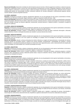 Concurso Público nº 01/2014 - DATAPREV Página | 19
Resumo das Atribuições: Desenvolver atividades de administração de pessoal inerentes a folha de pagamento, benefícios e cadastro de pessoal,
elaborando e implantando rotinas e normas, bem como executando os procedimentos com base na legislação trabalhista e acordo coletivo de
trabalho. Elaborar e administrar o manual de cargos e salários da Empresa, descrevendo e especificando cargos, definindo estrutura salarial,
estabelecendo políticas de movimentação funcional, analisando tendências de mercado, planejando e desenvolvendo pesquisas salariais,
visando subsidiar o processo de gestão de pessoal.
2.4.2 PERFIL: ADVOCACIA
Requisitos: Certificado de conclusão ou diploma, devidamente registrado, de curso de graduação de nível superior, bacharelado em Direito,
reconhecido pelo Ministério da Educação. Registro definitivo e vigente no respectivo Conselho de Classe - OAB.
Resumo das Atribuições: Representar os interesses da Empresa em todas as instâncias administrativas e judiciais, acompanhando os processos,
preparando petições, definindo linhas de defesa, elaborando contratos, emitindo pareceres, visando à preservação dos interesses da Empresa;
bem como atender consultas nos diversos segmentos, esclarecendo, emitindo pareceres e relatórios jurídicos e orientando a atuação de
preposto em audiências.
2.4.3 PERFIL: ANÁLISE DE INFORMAÇÕES
Requisitos: Certificado de conclusão ou diploma, devidamente registrado, de curso de graduação de nível superior, bacharelado ou licenciatura,
em Estatística, reconhecido pelo Ministério da Educação. Registro no respectivo Conselho de Classe.
Resumo das Atribuições: Investigar e explicar o comportamento de fenômenos em bases de dados, analisando informações e efetuando
estudos estatísticos, visando a concepção de produtos que subsidiem o processo decisório dos clientes.
2.4.4 PERFIL: ANÁLISE DE NEGÓCIOS
Requisitos: Certificado de conclusão ou diploma, devidamente registrado, de curso de graduação de nível superior, bacharelado ou licenciatura,
em qualquer área de formação, ou de curso superior de Tecnólogo, em qualquer área de Tecnologia da Informação, reconhecido pelo
Ministério da Educação.
Resumo das Atribuições: Atender as diversas demandas dos clientes referentes ao negócio de desenvolvimento e manutenção de sistemas,
propondo soluções em tecnologia visando a melhoria dos serviços prestados, acompanhando a aplicabilidade dos produtos e serviços
disponibilizados e o atendimento prestado pela Dataprev ao cliente, bem como negociando prazos, custos e desenvolvimento de soluções para
novas necessidades, em conformidade com o contrato de prestação de serviços.
2.4.5 PERFIL: ARQUITETURA
Requisitos: Certificado de conclusão ou diploma, devidamente registrado, de curso de graduação de nível superior, bacharelado ou licenciatura,
em Arquitetura, reconhecido pelo Ministério da Educação. Registro no respectivo Conselho de Classe.
Resumo das Atribuições: Elaborar planos e projetos arquitetônicos, fiscalizando a execução de projetos, analisando propostas e emitindo
pareceres sobre contratação de serviços, elaborando plantas baixas e layout de ambientes internos, visando subsidiar reformas prediais e
mudanças nas instalações da Empresa.
2.4.6 PERFIL: COMUNICAÇÃO SOCIAL
Requisitos: Certificado de conclusão ou diploma, devidamente registrado, de curso de graduação de nível superior, bacharelado ou licenciatura,
em Comunicação Social, reconhecido pelo Ministério da Educação.
Resumo das Atribuições: Criar, desenvolver e divulgar campanhas institucionais e projetos de comunicação, contemplando o público interno
e/ou externo; acompanhar publicações legais, locais e nacionais; pesquisar notícias e informações de interesse da empresa, nos meios de
comunicação; orientar para o desenvolvimento e atualização de páginas da Intranet e Internet, observando as determinações do Ministério da
Previdência Social (MPS); trabalhar pela preservação da imagem da Empresa, observando as normas existentes, bem como, planejar atividades
para realização de cerimoniais conforme normas e preceitos estabelecidos.
2.4.7 PERFIL: CONTABILIDADE
Requisitos: Certificado de conclusão ou diploma, devidamente registrado, de curso de graduação de nível superior, bacharelado ou licenciatura,
em Contabilidade, reconhecido pelo Ministério da Educação. Registro do Conselho de Classe.
Resumo das Atribuições: Analisar os relatórios contábeis da Empresa, verificando os lançamentos efetivados nas contas patrimoniais,
faturamento, administrativas, tributos e outras, elaborando balancetes mensais, razões, diários e demais demonstrativos da área contábil.
Examinar e certificar as demonstrações contábeis da Empresa, avaliar e acompanhar a execução orçamentária, auditar a declaração de Imposto
de Renda, emitindo pareceres de assuntos de natureza fiscal e tributária, certificar os atos de desligamento de pessoal da Dataprev e emitir
relatórios com recomendações de medidas preventivas e corretivas para o fortalecimento do Controle Interno.
Elaborar cálculos de recolhimento e causas trabalhistas referentes a pagamentos judiciais, analisando e estimando os custos de processos para
fins de previsão orçamentária, aplicando as correções financeiras legais e praticadas pela Empresa, fornecendo informações técnicas fiscais e
tributárias, visando subsidiar a quitação de compromissos da Dataprev perante à Justiça.
2.4.8 PERFIL: DESENVOLVIMENTO DE PESSOAS
Requisitos: Certificado de conclusão ou diploma, devidamente registrado, de curso de graduação de nível superior, bacharelado ou licenciatura,
em Pedagogia, Psicologia ou Administração, ou de curso superior de Tecnólogo em Gestão de Recursos Humanos ou de Pessoas, reconhecido
pelo Ministério da Educação. Registro no respectivo Conselho de Classe.
Resumo das Atribuições: Elaborar e executar projetos e programas voltados para a captação e capacitação de pessoas, internalização e
disseminação do conhecimento, desenvolvimento das competências e gestão do desempenho funcional dos colaboradores da Dataprev.
2.4.9 PERFIL: DESENVOLVIMENTO I
Requisitos: Certificado de conclusão ou diploma, devidamente registrado, de curso de graduação de nível superior, bacharelado ou licenciatura,
em: Ciência da Computação, Ciências Econômicas, Informática, Sistemas de Informação, Engenharia, Estatística, Matemática, Processamento de
Dados, ou Tecnologia da Informação; ou certificado de conclusão ou diploma, devidamente registrado, de curso de graduação de nível superior,
bacharelado ou licenciatura, em qualquer área de formação, acrescido de curso de pós-graduação na área de Tecnologia da Informação, com
 