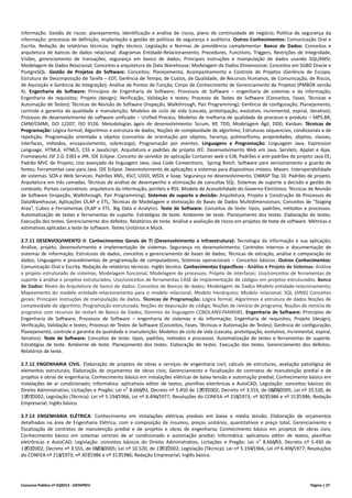 Concurso Público nº 01/2014 - DATAPREV Página | 27
Informação. Gestão de riscos: planejamento, identificação e análise de riscos, plano de continuidade de negócio; Política de segurança da
informação: processos de definição, implantação e gestão de políticas de segurança e auditoria. Outros Conhecimentos: Comunicação Oral e
Escrita. Redação de relatórios técnicos. Inglês técnico. Legislação e Normas de previdência complementar. Banco de Dados: Conceitos e
arquitetura de bancos de dados relacional: diagramas Entidade-Relacionamento, Procedures, Functions, Triggers, Restrições de Integridade,
Visões, gerenciamento de transações, segurança em banco de dados; Principais instruções e manipulação de dados usando SQL/ANSI;
Modelagem de Dados Relacional; Conceitos e arquitetura de Data Warehouse; Modelagem de Dados Dimensional; Conceitos em SGBD Oracle e
PostgreSQL. Gestão de Projetos de Software: Conceitos; Planejamento, Acompanhamento e Controle de Projetos (Gerência de Escopo,
Estrutura de Decomposição de Tarefa – EDT, Gerência de Tempo, de Custos, de Qualidade, de Recursos Humanos, de Comunicação, de Riscos,
de Aquisição e Gerência de Integração); Análise de Pontos de Função; Corpo de Conhecimento de Gerenciamento de Projetos (PMBOK versão
4). Engenharia de Software: Princípios de Engenharia de Software; Processos de Software – engenharia de sistemas e da informação;
Engenharia de requisitos; Projeto (design); Verificação, Validação e testes; Processo de Testes de Software (Conceitos, Fases, Técnicas e
Automação de Testes); Técnicas de Revisão de Software (Inspeção, Walkthrough, Pair Programming); Gerência de configuração; Planejamento,
controle e garantia da qualidade e manutenção; Modelos de ciclo de vida (cascata, prototipação, evolutivo, incremental, espiral, iterativo);
Processo de desenvolvimento de software unificado – Unified Process; Modelos de melhoria de qualidade de processo e produto – MPS.BR,
CMM/CMMI, ISO 12207, ISO 9126. Metodologias ágeis de desenvolvimento: Scrum, XP, TDD, Modelagem Ágil, DDD, Kanban. Técnicas de
Programação: Lógica formal; Algoritmos e estrutura de dados; Noções de complexidade de algoritmo; Estruturas sequenciais, condicionais e de
repetição; Programação orientada a objetos (conceitos de orientação por objetos, herança, polimorfismo, propriedades, objetos, classes,
interfaces, métodos, encapsulamento, sobrecarga); Programação por eventos. Linguagens e Programação: Linguagem Java, Expression
Language, HTML4, HTML5, CSS e JavaScript. Arquitetura e padrões de projeto JEE. Desenvolvimento Web em Java. Servlets, Applet e Ajax.
Frameworks JSF 2.0, EJB3 e JPA. IDE Eclipse. Conceito de servidor de aplicação Container web e EJB; Padrões e anti-padrões de projeto Java EE;
Padrão MVC de Projeto; Uso avançado da linguagem Java; Java Code Conventions, Spring Batch. Software para versionamento e guarda de
fontes; Ferramentas case para Java. IDE Eclipse. Desenvolvimento de aplicações e sistemas para dispositivos móveis. Maven. Interoperabilidade
de sistemas. SOA e Web Services. Padrões XML, XSLT, UDDI, WSDL e Soap. Segurança no desenvolvimento, OWASP Top 10. Padrões de projeto.
Arquitetura em três camadas. Técnicas de análise de desempenho e otimização de consultas SQL. Sistemas de suporte a decisão e gestão de
conteúdo. Portais corporativos: arquitetura da informação, portlets e RSS. Modelo de Acessibilidade do Governo Eletrônico. Técnicas de Revisão
de Software (Inspeção, Walkthrough, Pair Programming). Sistemas de suporte a decisão: Arquitetura, Projeto e Construção de Processos de
DataWarehouse; Aplicações OLAP e ETL; Técnicas de Modelagem e otimização de Bases de Dados Multidimensionais; Conceitos de “Staging
Area”, Cubos e Ferramentas OLAP e ETL. Big Data e Analytics. Teste de Software: Conceitos de teste: tipos, padrões, métodos e processos.
Automatização de testes e ferramentas de suporte. Estratégias de teste. Ambiente de teste. Planejamento dos testes. Elaboração de testes.
Execução dos testes. Gerenciamento dos defeitos. Relatórios de teste. Análise e avaliação de riscos em projetos de teste de software. Métricas e
estimativas aplicadas a teste de software. Testes Unitários e Mock.
2.7.11 DESENVOLVIMENTO II: Conhecimentos Gerais de TI (Desenvolvimento e Infraestrutura): Tecnologia da informação e sua aplicação;
Análise, projeto, desenvolvimento e implementação de sistemas. Segurança no desenvolvimento; Controles internos e documentação de
sistemas de informação; Estruturas de dados, conceitos e gerenciamento de bases de dados; Técnicas de extração, análise e comparação de
dados; Linguagens e procedimentos de programação de computadores; Sistemas operacionais – Conceitos básicos. Outros Conhecimentos:
Comunicação Oral e Escrita. Redação de relatórios técnicos. Inglês técnico. Conhecimentos Específicos - Análise e Projeto de Sistemas: Análise
e projeto estruturado de sistemas; Modelagem funcional; Modelagem de processos; Projeto de interfaces; Uso/conceitos de ferramentas de
suporte à análise e projetos estruturados; Uso/conceitos de ferramentas CASE de implementação de códigos em projetos estruturados. Banco
de Dados: Níveis da Arquitetura de banco de dados; Conceitos de Bancos de dados; Modelagem de Dados Modelo entidade-relacionamento;
Mapeamento do modelo entidade-relacionamento para o modelo relacional; Modelo hierárquico; Modelo relacional; SQL (ANSI) Conceitos
gerais; Principais instruções de manipulação de dados. Técnicas de Programação: Lógica formal; Algoritmos e estrutura de dados Noções de
complexidade de algoritmo; Programação estruturada; Noções de depuração de código; Noções de reinício de programa; Noções de reinício de
programa com recursos de restart de Banco de Dados; Domínio da linguagem COBOLANSI74ANSI85. Engenharia de Software: Princípios de
Engenharia de Software; Processos de Software – engenharia de sistemas e da informação; Engenharia de requisitos; Projeto (design);
Verificação, Validação e testes; Processo de Testes de Software (Conceitos, Fases, Técnicas e Automação de Testes); Gerência de configuração;
Planejamento, controle e garantia da qualidade e manutenção; Modelos de ciclo de vida (cascata, prototipação, evolutivo, incremental, espiral,
iterativo). Teste de Software: Conceitos de teste: tipos, padrões, métodos e processos. Automatização de testes e ferramentas de suporte.
Estratégias de teste. Ambiente de teste. Planejamento dos testes. Elaboração de testes. Execução dos testes. Gerenciamento dos defeitos.
Relatórios de teste.
2.7.12 ENGENHARIA CIVIL: Elaboração de projetos de obras e serviços de engenharia civil; cálculo de estruturas, avaliação patológica de
elementos estruturais; Elaboração de orçamentos de obras civis; Gerenciamento e fiscalização de contratos de manutenção predial e de
projetos e obras de engenharia; Conhecimento básico em instalações elétricas de baixa tensão e automação predial; Conhecimento básico em
instalações de ar condicionado; Informática: aplicativos editor de textos, planilhas eletrônicas e AutoCAD; Legislação: conceitos básicos do
Direito Administrativo, Licitações e Pregão: Lei n
o
8.666/93, Decreto nº 5.450 de 17/07/2002; Decreto nº 3.555, de 08/08/2005; Lei nº 10.520, de
17/07/2002; Legislação (Técnica): Lei nº 5.194/1966, Lei nº 6.496/1977; Resoluções do CONFEA nº 218/1973; nº 307/1986 e nº 317/1986; Redação
Empresarial; Inglês básico.
2.7.13 ENGENHARIA ELÉTRICA: Conhecimento em instalações elétricas prediais em baixa e média tensão; Elaboração de orçamentos
detalhados na área de Engenharia Elétrica, com a composição de insumos, preços unitários, quantitativos e preço total; Gerenciamento e
fiscalização de contratos de manutenção predial e de projetos e obras de engenharia; Conhecimento básico em projetos de obras civis;
Conhecimento básico em sistemas centrais de ar condicionado e automação predial; Informática: aplicativos editor de textos, planilhas
eletrônicas e AutoCAD; Legislação: conceitos básicos do Direito Administrativo, Licitações e Pregão: Lei n
o
8.666/93, Decreto nº 5.450 de
17/07/2002; Decreto nº 3.555, de 08/08/2005; Lei nº 10.520, de 17/07/2002; Legislação (Técnica): Lei nº 5.194/1966, Lei nº 6.496/1977; Resoluções
do CONFEA nº 218/1973; nº 307/1986 e nº 317/1986; Redação Empresarial; Inglês básico.
 