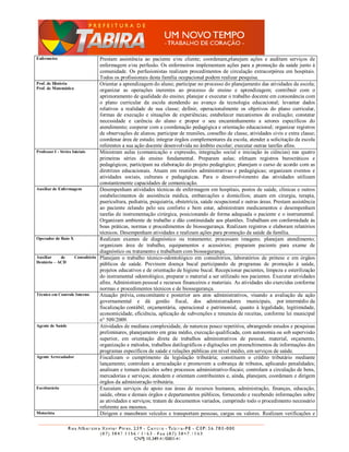 Enfermeiro                          Prestam assistência ao paciente e/ou cliente; coordenam,planejam ações e auditam serviços de
                                    enfermagem e/ou perfusão. Os enfermeiros implementam ações para a promoção da saúde junto à
                                    comunidade. Os perfusionistas realizam procedimentos de circulação extracorpórea em hospitais.
                                    Todos os profissionais desta família ocupacional podem realizar pesquisa.
Prof. de História                   Orientar a aprendizagem do aluno; participar no processo do planejamento das atividades da escola;
Prof. de Matemática                 organizar as operações inerentes ao processo de ensino e aprendizagem; contribuir com o
                                    aprimoramento de qualidade do ensino; planejar e executar o trabalho docente em consonância com
                                    o plano curricular da escola atendendo ao avanço da tecnologia educacional; levantar dados
                                    relativos a realidade de sua classe; definir, operacionalmente os objetivos do plano curricular,
                                    formas de execução e situações de experiências; estabelecer mecanismos de avaliação; constatar
                                    necessidade e carência do aluno e propor o seu encaminhamento a setores específicos do
                                    atendimento; cooperar com a coordenação pedagógica e orientação educacional; organizar registros
                                    de observações de alunos; participar de reuniões, conselho de classe, atividades civis e extra classe;
                                    coordenar área de estudo; integrar órgãos complementares da escola, atender a solicitação da escola
                                    referentes a sua ação docente desenvolvida no âmbito escolar; executar outras tarefas afins.
Professor I - Séries Iniciais       Ministram aulas (comunicação e expressão, integração social e iniciação às ciências) nas quatro
                                    primeiras séries do ensino fundamental. Preparam aulas; efetuam registros burocráticos e
                                    pedagógicos; participam na elaboração do projeto pedagógico; planejam o curso de acordo com as
                                    diretrizes educacionais. Atuam em reuniões administrativas e pedagógicas; organizam eventos e
                                    atividades sociais, culturais e pedagógicas. Para o desenvolvimento das atividades utilizam
                                    constantemente capacidades de comunicação.
Auxiliar de Enfermagem              Desempenham atividades técnicas de enfermagem em hospitais, postos de saúde, clínicas e outros
                                    estabelecimentos de assistência médica, embarcações e domicílios; atuam em cirurgia, terapia,
                                    puericultura, pediatria, psiquiatria, obstetrícia, saúde ocupacional e outras áreas. Prestam assistência
                                    ao paciente zelando pelo seu conforto e bem estar, administram medicamentos e desempenham
                                    tarefas de instrumentação cirúrgica, posicionando de forma adequada o paciente e o instrumental.
                                    Organizam ambiente de trabalho e dão continuidade aos plantões. Trabalham em conformidade às
                                    boas práticas, normas e procedimentos de biossegurança. Realizam registros e elaboram relatórios
                                    técnicos. Desempenham atividades e realizam ações para promoção da saúde da família.
Operador de Raio X                  Realizam exames de diagnóstico ou tratamento; processam imagens; planejam atendimento;
                                    organizam área de trabalho, equipamentos e acessórios; preparam paciente para exame de
                                    diagnóstico ou tratamento e trabalham com biossegurança.
Auxiliar    de        Consultório   Planejam o trabalho técnico-odontológico em consultórios, laboratórios de prótese e em órgãos
Dentário – ACD                      públicos de saúde. Previnem doença bucal participando de programas de promoção à saúde,
                                    projetos educativos e de orientação de higiene bucal. Recepcionar pacientes, limpeza e esterilização
                                    do instrumental odontológico, preparar o material a ser utilizado nos pacientes. Executar atividades
                                    afins. Administram pessoal e recursos financeiros e materiais. As atividades são exercidas conforme
                                    normas e procedimentos técnicos e de biossegurança.
Técnico em Controle Interno         Atuação prévia, concomitante e posterior aos atos administrativos, visando a avaliação da ação
                                    governamental e dá gestão fiscal, dos administradores municipais, por intermédio da
                                    fiscalização contábil, orçamentária, operacional e patrimonial, quanto à legalidade, legitimidade,
                                    economicidade, eficiência, aplicação de subvenções e renuncia de receitas, conforme lei municipal
                                    n° 509/2009.
Agente de Saúde                     Atividades de mediana complexidade, de natureza pouco repetitiva, abrangendo estudos e pesquisas
                                    preliminares, planejamento em grau médio, execução qualificada, com autonomia ou sob supervisão
                                    superior, em orientação direta de trabalhos administrativos de pessoal, material, orçamento,
                                    organização e métodos, trabalhos datilográficos e digitações em preenchimentos de informações dos
                                    programas específicos de saúde e relações públicas em nível médio, em serviços de saúde.
Agente Arrecadador                  Fiscalizam o cumprimento da legislação tributária; constituem o crédito tributário mediante
                                    lançamento; controlam a arrecadação e promovem a cobrança de tributos, aplicando penalidades;
                                    analisam e tomam decisões sobre processos administrativo-fiscais; controlam a circulação de bens,
                                    mercadorias e serviços; atendem e orientam contribuintes e, ainda, planejam, coordenam e dirigem
                                    órgãos da administração tributária.
Escriturário                        Executam serviços de apoio nas áreas de recursos humanos, administração, finanças, educação,
                                    saúde, obras e demais órgãos e departamentos públicos, fornecendo e recebendo informações sobre
                                    as atividades e serviços; tratam de documentos variados, cumprindo todo o procedimento necessário
                                    referente aos mesmos.
Motorista                           Dirigem e manobram veículos e transportam pessoas, cargas ou valores. Realizam verificações e
 