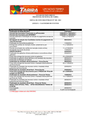 ESTADO DE PERNAMBUCO
                                    PREFEITURA MUNICIPAL DE TABIRA

                                EDITAL DE CONCURSO PÚBLICO No 001 / 2012

                                   ANEXO X – CALENDÁRIO DE EVENTOS



Acontecimentos importantes                                                      Períodos
Publicação do Edital 001/2012                                                  31/01/2012
Período das Inscrições Presenciais ou p/Procurador                      13/02/2012 a 16/03/2012 *
Período das Inscrições pela INTERNET                                    13/02/2012 a 18/03/2012 *
Período destinado à Solicitação da Isenção do pagamento da taxa de         13/02 a 27/02/2012
Inscrição
Divulgação da relação dos Candidatos isentos do pagamento da                   09/03/2012
Taxa de Inscrição
Publicação da concorrência preliminar                                         11/04/2012
Entrega dos cartões de inscrição (modos: presencial ou por                  11 a 13/04/2012
procurador)
Período de emissão dos cartões de inscrição (modo on-line)                  11 a 21/04/2012
Divulgação dos locais de provas                                               11/04/2012
PROVA ESCRITA                                                                 22/04/2012
Publicação dos gabaritos oficiais preliminares e concorrência oficial         23/04/2012
definitiva
Prazo para entrega dos recursos contra os gabaritos                         23 a 25/04/2012
Publicação do gabarito oficial definitivo e do resultado dos recursos         09/05/2012
Publicação da Relação de Faltosos                                             09/05/2012
Publicação do resultado oficial preliminar – Prova Escrita                    09/05/2012
Prazo para entrega dos recursos contra o resultado oficial preliminar       09 a 11/05/2012
da Prova Escrita
Publicação do resultado dos recursos contra o resultado oficial                23/05/2012
preliminar da Prova Escrita
Publicação do resultado oficial final – Prova Escrita                         23/05/2012
Prazo para entrega dos documentos para a PROVA DE TÍTULOS                   23 a 25/05/2012
(cargos do GRUPO II)
Publicação do resultado oficial preliminar – Prova de Títulos                 13/06/2012
Prazo para entrega dos recursos contra o resultado oficial preliminar       13 a 15/06/2012
da Prova de Títulos
Publicação do resultado dos recursos contra o resultado oficial                28/06/2012
preliminar da Prova de Títulos
Publicação do resultado oficial final – Prova de Títulos                       28/06/2012
RESULTADO OFICIAL FINAL – APÓS ENCERRADAS TODAS AS                             28/06/2012
ETAPAS
Homologação                                                                    29/06/2012
Admissão                                                                A partir da homologação
(*) Pode pagar o boleto até o dia 19/03/2012
 