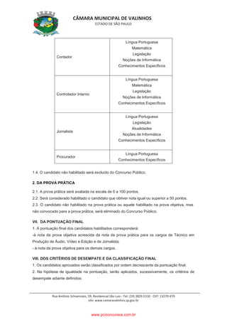 CÂMARA MUNICIPAL DE VALINHOS
ESTADO DE SÃO PAULO
Rua Antônio Schiavinato, 59, Residencial São Luis - Tel: (19) 3829.5310 - CEP: 13270-470
site: www.camaravalinhos.sp.gov.br
Contador
Língua Portuguesa
Matemática
Legislação
Noções de Informática
Conhecimentos Específicos
Controlador Interno
Língua Portuguesa
Matemática
Legislação
Noções de Informática
Conhecimentos Específicos
Jornalista
Língua Portuguesa
Legislação
Atualidades
Noções de Informática
Conhecimentos Específicos
Procurador
Língua Portuguesa
Conhecimentos Específicos
1.4. O candidato não habilitado será excluído do Concurso Público.
2. DA PROVA PRÁTICA
2.1. A prova prática será avaliada na escala de 0 a 100 pontos.
2.2. Será considerado habilitado o candidato que obtiver nota igual ou superior a 50 pontos.
2.3. O candidato não habilitado na prova prática ou aquele habilitado na prova objetiva, mas
não convocado para a prova prática, será eliminado do Concurso Público.
VII. DA PONTUAÇÃO FINAL
1. A pontuação final dos candidatos habilitados corresponderá:
-à nota da prova objetiva acrescida da nota da prova prática para os cargos de Técnico em
Produção de Áudio, Vídeo e Edição e de Jornalista;
- à nota da prova objetiva para os demais cargos.
VIII. DOS CRITÉRIOS DE DESEMPATE E DA CLASSIFICAÇÃO FINAL
1. Os candidatos aprovados serão classificados por ordem decrescente da pontuação final.
2. Na hipótese de igualdade na pontuação, serão aplicados, sucessivamente, os critérios de
desempate adiante definidos:
www.pciconcursos.com.br
 