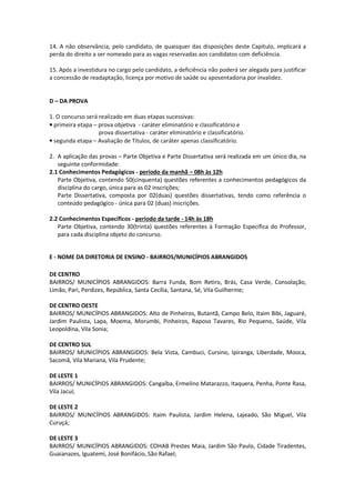 14. A não observância, pelo candidato, de quaisquer das disposições deste Capítulo, implicará a
perda do direito a ser nomeado para as vagas reservadas aos candidatos com deficiência.
15. Após a investidura no cargo pelo candidato, a deficiência não poderá ser alegada para justificar
a concessão de readaptação, licença por motivo de saúde ou aposentadoria por invalidez.
D – DA PROVA
1. O concurso será realizado em duas etapas sucessivas:
• primeira etapa – prova objetiva - caráter eliminatório e classificatório e
prova dissertativa - caráter eliminatório e classificatório.
• segunda etapa – Avaliação de Títulos, de caráter apenas classificatório.
2. A aplicação das provas – Parte Objetiva e Parte Dissertativa será realizada em um único dia, na
seguinte conformidade:
2.1 Conhecimentos Pedagógicos - período da manhã – 08h às 12h
Parte Objetiva, contendo 50(cinquenta) questões referentes a conhecimentos pedagógicos da
disciplina do cargo, única para as 02 inscrições;
Parte Dissertativa, composta por 02(duas) questões dissertativas, tendo como referência o
conteúdo pedagógico - única para 02 (duas) inscrições.
2.2 Conhecimentos Específicos - período da tarde - 14h às 18h
Parte Objetiva, contendo 30(trinta) questões referentes à Formação Específica do Professor,
para cada disciplina objeto do concurso.
E - NOME DA DIRETORIA DE ENSINO - BAIRROS/MUNICÍPIOS ABRANGIDOS
DE CENTRO
BAIRROS/ MUNICÍPIOS ABRANGIDOS: Barra Funda, Bom Retiro, Brás, Casa Verde, Consolação,
Limão, Pari, Perdizes, República, Santa Cecília, Santana, Sé, Vila Guilherme;
DE CENTRO OESTE
BAIRROS/ MUNICÍPIOS ABRANGIDOS: Alto de Pinheiros, Butantã, Campo Belo, Itaim Bibi, Jaguaré,
Jardim Paulista, Lapa, Moema, Morumbi, Pinheiros, Raposo Tavares, Rio Pequeno, Saúde, Vila
Leopoldina, Vila Sonia;
DE CENTRO SUL
BAIRROS/ MUNICÍPIOS ABRANGIDOS: Bela Vista, Cambuci, Cursino, Ipiranga, Liberdade, Mooca,
Sacomã, Vila Mariana, Vila Prudente;
DE LESTE 1
BAIRROS/ MUNICÍPIOS ABRANGIDOS: Cangaíba, Ermelino Matarazzo, Itaquera, Penha, Ponte Rasa,
Vila Jacuí;
DE LESTE 2
BAIRROS/ MUNICÍPIOS ABRANGIDOS: Itaim Paulista, Jardim Helena, Lajeado, São Miguel, Vila
Curuçá;
DE LESTE 3
BAIRROS/ MUNICÍPIOS ABRANGIDOS: COHAB Prestes Maia, Jardim São Paulo, Cidade Tiradentes,
Guaianazes, Iguatemi, José Bonifácio, São Rafael;
 