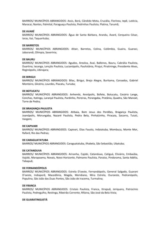 BAIRROS/ MUNICÍPIOS ABRANGIDOS: Assis, Borá, Cândido Mota, Cruzália, Florínea, Iepê, Lutécia,
Maracai, Nantes, Palmital, Paraguaçu Paulista, Pedrinhas Paulista, Platina, Tarumã;
DE AVARÉ
BAIRROS/ MUNICÍPIOS ABRANGIDOS: Água de Santa Bárbara, Arandu, Avaré, Cerqueira César,
Iaras, Itai, Taquarituba;
DE BARRETOS
BAIRROS/ MUNICÍPIOS ABRANGIDOS: Altair, Barretos, Colina, Colômbia, Guaíra, Guaraci,
Jaborandi, Olímpia, Severínia;
DE BAURU
BAIRROS/ MUNICÍPIOS ABRANGIDOS: Agudos, Arealva, Avaí, Balbinos, Bauru, Cabrália Paulista,
Duartina, Iacanga, Lençóis Paulista, Lucianópolis, Paulistânia, Pirajuí, Piratininga, Presidente Alves,
Reginópolis, Ubirajara;
DE BIRIGUI
BAIRROS/ MUNICÍPIOS ABRANGIDOS: Bilac, Birigui, Brejo Alegre, Buritama, Coroados, Gabriel
Monteiro, Glicério, Lourdes, Piacatu, Turiuba;
DE BOTUCATU
BAIRROS/ MUNICÍPIOS ABRANGIDOS: Anhembi, Areiópolis, Bofete, Botucatu, Cesário Lange,
Conchas, Itatinga, Laranjal Paulista, Pardinho, Pereiras, Porangaba, Pratânia, Quadra, São Manoel,
Torre de Pedra;
DE BRAGANÇA PAULISTA
BAIRROS/ MUNICÍPIOS ABRANGIDOS: Atibaia, Bom Jesus dos Perdões, Bragança Paulista,
Joanópolis, Morungaba, Nazaré Paulista, Pedra Bela, Pinhalzinho, Piracaia, Socorro, Tuiuti,
Vargem;
DE CAPIVARI
BAIRROS/ MUNICÍPIOS ABRANGIDOS: Capivari, Elias Fausto, Indaiatuba, Mombuca, Monte Mor,
Rafard, Rio das Pedras;
DE CARAGUATATUBA
BAIRROS/ MUNICÍPIOS ABRANGIDOS: Caraguatatuba, Ilhabela, São Sebastião, Ubatuba;
DE CATANDUVA
BAIRROS/ MUNICÍPIOS ABRANGIDOS: Ariranha, Cajobi, Catanduva, Catiguá, Elisiário, Embaúba,
Itajobi, Marapoama, Novais, Novo Horizonte, Palmares Paulista, Paraíso, Pindorama, Santa Adélia,
Tabapuã;
DE FERNANDÓPOLIS
BAIRROS/ MUNICÍPIOS ABRANGIDOS: Estrela D’oeste, Fernandópolis, General Salgado, Guarani
D’oeste, Indiaporã, Macedônia, Magda, Meridiano, Mira Estrela, Ouroeste, Pedranópolis,
Populina, São João das Duas Pontes, São João de Iracema, Turmalina;
DE FRANCA
BAIRROS/ MUNICÍPIOS ABRANGIDOS: Cristais Paulista, Franca, Itirapuã, Jeriquara, Patrocínio
Paulista, Pedregulho, Restinga, Ribeirão Corrente, Rifaina, São José da Bela Vista;
DE GUARATINGUETÁ
 