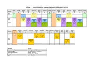 ANEXO II – FLUXOGRAMA DAS DISCIPLINAS/CARGA HORÁRIA/INSTRUTOR
Sábado

Domingo

Dia/Data
08/10
10/12

01
Inglês
4 hs

14/16
16/18

02

Segundafeira
03
Raciocínio
Lógico
2 hs
Raciocínio
Analítico
4 hs

18:30/21

Domingo
Dia/Data
08/10

16
TESTE
ANPAD

10/12
14/16

Segundafeira
17
Elaboração
de Projetos
4 hs

Terçafeira
04

Quarta-feira
05
Raciocínio
Analítico
4 hs

Português
(14:30 às
18:30)
4 hs
Português
(19:30 às
21:30)
2 hs

Raciocínio
Lógico
2 hs
Raciocínio
Quantitativo
2:30 hs

Terça-feira

Quarta-feira

18

19

Quintafeira
06

Português
(14:30 às
18:30)
4 hs
Português
(19:30 às
21:30)
2 hs

Quintafeira
20
Elaboração
de
Projetos
2 hs

Sábado

Domingo

07

08
Inglês
4 hs

09

Raciocínio
Lógico
2 hs
Raciocínio
Quantitativo
2:30 hs

Sábado

Domingo

21
Elaboração
de Projetos
2 hs

22

23

Elaboração
de Projetos
4 hs

Instrutor
Maria Augusta – UAL/CH
João Batista Carvalho – UAEst/CCT
Gilberto - UAEst/CCT
Maria Angélica – UAL/CH
Suênio – UAL/CH

Segundafeira
10
Raciocínio
Lógico
2 hs
Raciocínio
Analítico
4 hs

Sexta-feira

16/18

Disciplina
Raciocínio Analítico
Raciocínio Lógico
Raciocínio Quantitativo
Português
Inglês

Sexta-feira

Segundafeira
24
Elaboração
de
Projetos
4 hs

Terçafeira
11

Quarta-feira
12
Raciocínio
Analítico
4 hs

Português
(14:30 às
18:30)
4 hs
Português
(19:30 às
21:30)
2 hs

Terçafeira
25

Raciocínio
Quantitativo
2:30 hs

Quartafeira
26

Elaboração
de
Projetos
2 hs

Quintafeira
13

Português
(14:30 às
18:30)
4 hs
Português
(19:30 às
21:30
2 hs

Quintafeira
27
Elaboração
de
Projetos
2 hs

Sexta-feira

Sábado

14

15
Inglês

Raciocínio
Lógico
2 hs
Raciocínio
Quantitativo
2:30

 
