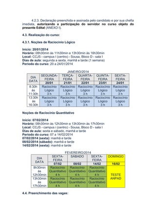 4.2.3. Declaração preenchida e assinada pelo candidato e por sua chefia
imediata, autorizando a participação do servidor no curso objeto do
presente Edital (ANEXO I).
4.3. Realização do curso:
4.3.1. Noções de Raciocínio Lógico
Início: 20/01/2014
Horário: 08h30min às 11h30min e 13h30min às 16h30min
Local: CCJS - campus I (centro) - Sousa, Bloco D - sala I
Dias de aula: segunda a sexta, manhã e tarde (1 semana)
Período do curso: 20 a 24/01/2014
JANEIRO/2014
SEGUNDA- TERÇA- QUARTA- QUINTASEXTADIA
FEIRA
FEIRA
FEIRA
FEIRA
FEIRA
DATA
20/01
21/01
22/01
23/01
24/01
8:30h Raciocínio Raciocínio Raciocínio Raciocínio Raciocínio
Lógico
Lógico
Lógico
Lógico
Lógico
às
3h
3h
3h
3h
3h
11:30h
13:30h Raciocínio Raciocínio Raciocínio Raciocínio Raciocínio
às
Lógico
Lógico
Lógico
Lógico
Lógico
16:30h
3h
3h
3h
3h
3h
Noções de Raciocínio Quantitativo
Início: 07/02/2014
Horário: 08h30min às 12h30min e 13h30min às 17h30min
Local: CCJS - campus i (centro) - Sousa, Bloco D - sala I
Dias de aula: sexta e sábado, manhã e tarde
Período do curso: 07 a 14/02/2014
07/02/2014 (sexta): manhã e tarde
08/02/2014 (sábado): manhã e tarde
14/02/2014 (sexta): manhã e tarde
FEVEREIRO/2014
SEXTASÁBADO
SEXTADOMINGO
DIA
FEIRA
FEIRA
DATA
07/02
08/02
14/02
16/02
8h30min
Raciocínio
Raciocínio
Raciocínio
às
Quantitativo Quantitativo Quantitativo
12h30min
4h
4h
4h
TESTE
ANPAD
13h30min Raciocínio
Raciocínio
Raciocínio
às
Quantitativo Quantitativo Quantitativo
17h30min
4h
4h
4h
4.4. Preenchimento das vagas:

 
