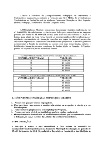 1.2 Para a Monitoria de Acompanhamento Pedagógico em Letramento e
Matemática é necessário, no mínimo a Formação em Nível Médio, de preferência no
Magistério ou no Ensino Normal, ou ainda em Cursos em Educação em Nível Superior
(Letras, Pedagogia, Matemática, História, Geografia e etc.)
1.3 O trabalho do Monitor é considerado de natureza voluntária (na forma da Lei
nº 9.608/1998). Os selecionados receberão uma bolsa para ressarcimento de despesas
pessoais que varia de R$ 80,00 (01 turma) para atuar na zona urbana e 120,00 (01
turma) para atuar na zona rural. Deverá ser desempenhado, preferencialmente, por
estudantes universitários de formação específica nas áreas de desenvolvimento das
atividades ou pessoas da comunidade com habilidades apropriadas. Além disso, poderão
desempenhar a função de monitoria, de acordo com suas competências, saberes e
habilidades, formação ou como estudantes do Ensino Médio ou Superior. O Monitor
poderá ser responsável por no máximo 05 turmas.

VALOR DO RESSARCIMENTO DESTINADO AO MONITOR DA ZONA URBANA

QUANTIDADE DE TURMAS
01
02
03
04
05

VALOR (R$)
R$ 80,00
R$ 160,00
R$ 240,00
R$ 320,00
R$ 400,00

VALOR DO RESSARCIMENTO DESTINADO AO MONITOR DA ZONA RURAL

QUANTIDADE DE TURMAS
01
02
03
04
05

VALOR (R$)
R$ 120,00
R$ 240,00
R$ 360,00
R$ 480,00
R$ 600,00

1.4 NÃO PODEM SE CANDIDATAR AO PROCESSO SELETIVO
1. Pessoas com qualquer vínculo empregatício.
a. Com exceção os casos em que o monitor seja o único para o posto e o vínculo seja em
horário oposto.
2. Funcionários da própria escola contemplada pelo Programa.
3. Pessoas com baixo nível de escolaridade ou ausência total de escolaridade.
a. Os monitores estarão envolvidos em atividades educacionais que envolvem muito estudo
e dedicação, ou seja, o exercício da Leitura e da Escrita serão constantes.
II - DA INSCRIÇÃO:
A inscrição é aberta a toda comunidade e feita através de uma ficha de
inscrição individual disponibilizada na Secretaria Municipal da Educação, no período de
03 a 05 de fevereiro de 2014, (Segunda-feira, Terça-feira e Quarta-feira) das 08h00min às

 