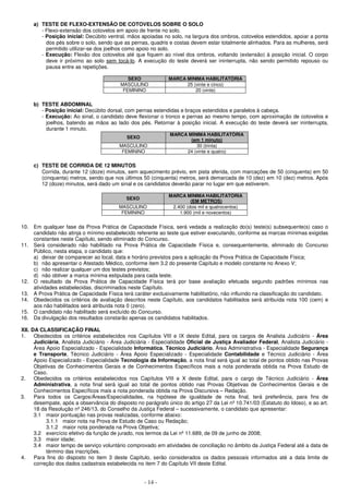 - 14 -
a) TESTE DE FLEXO-EXTENSÃO DE COTOVELOS SOBRE O SOLO
- Flexo-extensão dos cotovelos em apoio de frente no solo.
- Posição inicial: Decúbito ventral, mãos apoiadas no solo, na largura dos ombros, cotovelos estendidos, apoiar a ponta
dos pés sobre o solo, sendo que as pernas, quadris e costas devem estar totalmente alinhados. Para as mulheres, será
permitido utilizar-se dos joelhos como apoio no solo.
- Execução: Flexão dos cotovelos até que fiquem ao nível dos ombros, voltando (extensão) à posição inicial. O corpo
deve ir próximo ao solo sem tocá-lo. A execução do teste deverá ser ininterrupta, não sendo permitido repouso ou
pausa entre as repetições.
SEXO MARCA MÍNIMA HABILITATÓRIA
MASCULINO 25 (vinte e cinco)
FEMININO 20 (vinte)
b) TESTE ABDOMINAL
- Posição inicial: Decúbito dorsal, com pernas estendidas e braços estendidos e paralelos à cabeça.
- Execução: Ao sinal, o candidato deve flexionar o tronco e pernas ao mesmo tempo, com aproximação de cotovelos e
joelhos, batendo as mãos ao lado dos pés. Retornar à posição inicial. A execução do teste deverá ser ininterrupta,
durante 1 minuto.
SEXO
MARCA MÍNIMA HABILITATÓRIA
(em 1 minuto)
MASCULINO 30 (trinta)
FEMININO 24 (vinte e quatro)
c) TESTE DE CORRIDA DE 12 MINUTOS
Corrida, durante 12 (doze) minutos, sem aquecimento prévio, em pista aferida, com marcações de 50 (cinquenta) em 50
(cinquenta) metros, sendo que nos últimos 50 (cinquenta) metros, será demarcada de 10 (dez) em 10 (dez) metros. Após
12 (doze) minutos, será dado um sinal e os candidatos deverão parar no lugar em que estiverem.
SEXO
MARCA MÍNIMA HABILITATÓRIA
(EM METROS)
MASCULINO 2.400 (dois mil e quatrocentos)
FEMININO 1.900 (mil e novecentos)
10. Em qualquer fase da Prova Prática de Capacidade Física, será vedada a realização do(s) teste(s) subsequente(s) caso o
candidato não atinja o mínimo estabelecido referente ao teste que estiver executando, conforme as marcas mínimas exigidas
constantes neste Capítulo, sendo eliminado do Concurso.
11. Será considerado não habilitado na Prova Prática de Capacidade Física e, consequentemente, eliminado do Concurso
Público, nesta etapa, o candidato que:
a) deixar de comparecer ao local, data e horário previstos para a aplicação da Prova Prática de Capacidade Física;
b) não apresentar o Atestado Médico, conforme item 3.2 do presente Capítulo e modelo constante no Anexo V;
c) não realizar qualquer um dos testes previstos;
d) não obtiver a marca mínima estipulada para cada teste.
12. O resultado da Prova Prática de Capacidade Física terá por base avaliação efetuada segundo padrões mínimos nas
atividades estabelecidas, discriminados neste Capítulo.
13. A Prova Prática de Capacidade Física terá caráter exclusivamente habilitatório, não influindo na classificação do candidato.
14. Obedecidos os critérios de avaliação descritos neste Capítulo, aos candidatos habilitados será atribuída nota 100 (cem) e
aos não habilitados será atribuída nota 0 (zero).
15. O candidato não habilitado será excluído do Concurso.
16. Da divulgação dos resultados constarão apenas os candidatos habilitados.
XII. DA CLASSIFICAÇÃO FINAL
1. Obedecidos os critérios estabelecidos nos Capítulos VIII e IX deste Edital, para os cargos de Analista Judiciário - Área
Judiciária, Analista Judiciário - Área Judiciária - Especialidade Oficial de Justiça Avaliador Federal, Analista Judiciário -
Área Apoio Especializado - Especialidade Informática, Técnico Judiciário, Área Administrativa - Especialidade Segurança
e Transporte, Técnico Judiciário - Área Apoio Especializado - Especialidade Contabilidade e Técnico Judiciário - Área
Apoio Especializado - Especialidade Tecnologia da Informação, a nota final será igual ao total de pontos obtido nas Provas
Objetivas de Conhecimentos Gerais e de Conhecimentos Específicos mais a nota ponderada obtida na Prova Estudo de
Caso.
2. Obedecidos os critérios estabelecidos nos Capítulos VIII e X deste Edital, para o cargo de Técnico Judiciário - Área
Administrativa, a nota final será igual ao total de pontos obtido nas Provas Objetivas de Conhecimentos Gerais e de
Conhecimentos Específicos mais a nota ponderada obtida na Prova Discursiva – Redação.
3. Para todos os Cargos/Áreas/Especialidades, na hipótese de igualdade de nota final, terá preferência, para fins de
desempate, após a observância do disposto no parágrafo único do artigo 27 da Lei nº 10.741/03 (Estatuto do Idoso), e ao art.
18 da Resolução nº 246/13, do Conselho da Justiça Federal – sucessivamente, o candidato que apresentar:
3.1 maior pontuação nas provas realizadas, conforme abaixo:
3.1.1 maior nota na Prova de Estudo de Caso ou Redação;
3.1.2 maior nota ponderada na Prova Objetiva;
3.2 exercício efetivo da função de jurado, nos termos da Lei nº 11.689, de 09 de junho de 2008;
3.3 maior idade;
3.4 maior tempo de serviço voluntário comprovado em atividades de conciliação no âmbito da Justiça Federal até a data de
término das inscrições.
4. Para fins do disposto no item 3 deste Capítulo, serão considerados os dados pessoais informados até a data limite de
correção dos dados cadastrais estabelecida no item 7 do Capítulo VII deste Edital.
 