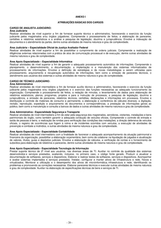 - 20 -
ANEXO I
ATRIBUIÇÕES BÁSICAS DOS CARGOS
CARGO DE ANALISTA JUDICIÁRIO:
Área Judiciária
Realizar atividades de nível superior a fim de fornecer suporte técnico e administrativo, favorecendo o exercício da função
judicante pelos magistrados e/ou órgãos julgadores. Compreende o processamento de feitos, a elaboração de pareceres,
certidões e relatórios estatísticos e a análise e pesquisa de legislação, doutrina e jurisprudência. Envolve a indexação de
documentos e o atendimento às partes, dentre outras atividades de mesma natureza e grau de complexidade.
Área Judiciária – Especialidade Oficial de Justiça Avaliador Federal
Realizar atividades de nível superior a fim de possibilitar o cumprimento de ordens judiciais. Compreende a realização de
diligências externas relacionadas com a prática de atos de comunicação processual e de execução, dentre outras atividades de
mesma natureza e grau de complexidade.
Área Apoio Especializado – Especialidade Informática
Realizar atividades de nível superior a fim de garantir o adequado processamento automático de informações. Compreende o
planejamento, o desenvolvimento, a documentação, a implantação e a manutenção dos sistemas informatizados de
processamento de informações. Envolve a definição de estratégias e de novas metodologias a serem utilizadas para
processamento, arquivamento e recuperação automática de informações, bem como a emissão de pareceres técnicos, o
atendimento aos usuários dos sistemas e outras atividades de mesma natureza e grau de complexidade.
CARGO DE TÉCNICO JUDICIÁRIO:
Área Administrativa
Realizar atividades de nível intermediário a fim de fornecer auxílio técnico e administrativo, favorecendo o exercício da função
judicante pelos magistrados e/ou órgãos julgadores e o exercício das funções necessárias ao adequado funcionamento da
organização. Compreende o processamento de feitos, a redação de minutas, o levantamento de dados para elaboração de
relatórios estatísticos, planos, programas, projetos e para a instrução de processos, a pesquisa de legislação, doutrina e
jurisprudência, a emissão de pareceres, relatórios técnicos, certidões, declarações e informações em processos. Envolve a
distribuição e controle de materiais de consumo e permanente, a elaboração e conferência de cálculos diversos, a digitação,
revisão, reprodução, expedição e arquivamento de documentos e correspondências, a prestação de informações gerais ao
público, bem como a manutenção e consulta a bancos de dados e outras atividades de mesma natureza e grau de complexidade.
Área Administrativa - Especialidade Segurança e Transporte
Realizar atividades de nível intermediário a fim de zelar pela segurança dos magistrados, servidores, visitantes, instalações e bens
patrimoniais do órgão, como também garantir a adequada condução de veículos oficiais. Compreende o controle de entrada e
saída de pessoas e bens, a realização de rondas para verificação das condições das instalações, a direção defensiva de veículos
oficiais, o registro de ocorrências que fogem à rotina e de incidentes ocorridos com veículos, a execução de atividades de
prevenção e combate a incêndios, e outras atividades de mesma natureza e grau de complexidade.
Área Apoio Especializado - Especialidade Contabilidade
Realizar atividades de nível intermediário com a finalidade de favorecer o adequado acompanhamento da situação patrimonial e
financeira da organização, possibilitar a elaboração orçamentária, bem como de colaborar na liquidação de julgados e atualização
de valores, títulos, guias e depósitos judiciais. Envolve a elaboração de cálculos, a verificação de contas e o fornecimento de
subsídios para elaboração de relatórios e pareceres, dentre outras atividades de mesma natureza e grau de complexidade.
Área Apoio Especializado - Especialidade Tecnologia da Informação
Prestar suporte técnico de 2º nível aos usuários, nas diversas áreas de TI. Auxiliar no controle da qualidade dos sistemas
desenvolvidos e serviços prestados, avaliando, inclusive, no primeiro caso, o código fonte gerado. Produzir e atualizar a
documentação de softwares, serviços e dispositivos. Elaborar e realizar testes de softwares, serviços e dispositivos. Acompanhar
e avaliar sistemas implantados e serviços prestados. Instalar, configurar e manter ativos de infraestrutura e rede, físicos e
virtualizados. Monitorar a utilização e o desempenho dos ativos de microinformática, infraestrutura e rede, identificando os
problemas e promovendo as correções necessárias. Elaborar pareceres técnicos e executar outras atividades de mesma natureza
e grau de complexidade. Auxiliar na elaboração de especificações técnicas de bens e serviços de TI.
 